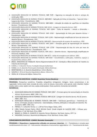 59
 ASSOCIAÇÃO BRASILEIRA DE NORMAS TÉCNICAS. NBR 7678 – Segurança na execução de obras e serviços de
construção. 1983.
 ASSOCIAÇÃO BRASILEIRA DE NORMAS TÉCNICAS. NBR 8403 – Aplicação de linhas em desenhos – Tipos de linhas –
Larguras das linhas – Procedimento. 1984.
 ASSOCIAÇÃO BRASILEIRA DE NORMAS TÉCNICAS. NBR 8404 – Indicação do estado de superfícies em desenhos
técnicos – Procedimento. 1984.
 ASSOCIAÇÃO BRASILEIRA DE NORMAS TÉCNICAS. NBR 10126 – Cotagem em desenho técnico. 1987.
 ASSOCIAÇÃO BRASILEIRA DE NORMAS TÉCNICAS. NBR 10068 – Folha de desenho – Leiaute e dimensões –
Padronização. 1987.
 ASSOCIAÇÃO BRASILEIRA DE NORMAS TÉCNICAS. NBR 10582 – Apresentação da folha para desenho técnico –
Procedimento. 1988.
 ASSOCIAÇÃO BRASILEIRA DE NORMAS TÉCNICAS. NBR 12288 – Representação simplificada de furos de centro em
desenho técnico – Procedimento. 1992.
 ASSOCIAÇÃO BRASILEIRA DE NORMAS TÉCNICAS. NBR 6492 – Representação de projetos de arquitetura. 1994.
 ASSOCIAÇÃO BRASILEIRA DE NORMAS TÉCNICAS. NBR 10067 – Princípios gerais de representação em desenho
técnico – Procedimento. 1995.
 ASSOCIAÇÃO BRASILEIRA DE NORMAS TÉCNICAS. NBR 12298 – Representação de área de corte por meio de
hachuras em desenho técnico – Procedimento. 1995.
 ASSOCIAÇÃO BRASILEIRA DE NORMAS TÉCNICAS. NBR 14611 – Desenho técnico - Representação simplificada em
estruturas metálicas. 2000.
 ASSOCIAÇÃO BRASILEIRA DE NORMAS TÉCNICAS. NBR 9077 – Saídas de emergência em edifícios. 2001.
 ASSOCIAÇÃO BRASILEIRA DE NORMAS TÉCNICAS. NBR 9050 – Acessibilidade a edificações, mobiliário, espaços e
equipamentos urbanos. 2015.
 BRASIL. MINISTÉRIO DO TRABALHO. Norma Regulamentadora Nº 18 – Condições e Meio Ambiente de Trabalho na
Indústria da Construção.
 CUNHA, L. V. Desenho Técnico. Fundação Calouste Gulbenkian.
 KUBBA, S. A. A. Desenho Técnico para Construção. Editora Bookman.
 MONTENEGRO, G. A. Desenho Arquitetônico. Editora Blucher.
 SARAPKA, E. M et al. Desenho Arquitetônico Básico. Editora Pini.
 YAZIGI, W. A Técnica de Edificar. Editora Pini.
CONHECIMENTOS ESPECÍFICOS - (CARGO: Desenhista Técnico Mecânico)
PROGRAMA: Perspectiva isométrica. Projeções ortográficas (ortogonais). Cotagem. Sinais convencionais e de
rugosidade. Cortes (corte total, omissão de corte, corte em desvio, meio-corte, corte parcial, corte rebatido). Seções
(seções sobre a vista, seções com eixo, seções endereçadas). Vistas auxiliares. Comandos de AutoCAD.
REFERÊNCIAS
 ASSOCIAÇÃO BRASILEIRA DE NORMAS TÉCNICAS. NBR 10067 – Princípios gerais de representação em desenho
técnico. Rio de Janeiro: ABNT, 1995. 14 p.
 ASSOCIAÇÃO BRASILEIRA DE NORMAS TÉCNICAS. NBR 10126 – Cotagem em desenho técnico. Rio de Janeiro:
ABNT, 1987. 13 p.
 ASSOCIAÇÃO BRASILEIRA DE NORMAS TÉCNICAS. NBR 6409 – Tolerâncias geométricas – Tolerâncias de
forma, orientação, posição e batimento – Generalidades, símbolos, definições e indicações em desenho. Rio
de Janeiro: ABNT, 1997. 19 p.
 FRENCH, T. E. Desenho Técnico. v. 1. 20ª ed. Porto Alegre: Globo, 1979.
 LIMA, Cláudia Campos Netto; CRUZ, Michele David. Estudo dirigido de AutoCAD 2005 – Enfoque para
Mecânica. 1 ª ed. São Paulo: Érica, 2004.
 MANFÉ, G.; POZZA, R.; SCARATO, G. Desenho Técnico Mecânico. São Paulo: Hemus, 1977. 3v.
 PROVENZA, Francesco. Desenhista de Máquinas. 4ª ed. São Paulo: Protec, 1983.
CONHECIMENTOS ESPECÍFICOS - (CARGO: Montador Automação)
PROGRAMA: 1 Dispositivos e equipamentos utilizados em processos industriais. 1.1 – Transdutores e circuitos para
condicionamento de sinais. 1.2 – Instrumentos indicadores e instrumentos registradores. 1.3 – Transmissores de sinais.
 