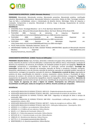 62
CONHECIMENTOS ESPECÍFICOS - (CARGO: Montador Mecânico)
PROGRAMA: Manutenção. Manutenção corretiva. Manutenção preventiva. Manutenção preditiva. Lubrificação
industrial. Manutenção eletromecânica. Manutenção hidráulica e pneumática. Modos de falha. Tecnologia mecânica.
Taxas de falha e confiabilidade. Leitura e interpretação de desenho técnico. Metrologia. Falhas de máquinas e
instalações. Componentes e conjuntos. Manutenção e reforma. Carga e descarga. Equipamentos de controle.
Elementos de máquinas.
REFERÊNCIAS
 CHIAVERNI, Vicent. Tecnologia Mecânica – vol. II. 2ª ed. São Paulo: McGrall Hill, 1977.
 DRAPINSKI, Januz. Manual de Manutenção Mecânica Básica. São Paulo: McGraw-Hill do Brasil,1978.
 TELECURSO 2000. Fascículo de elementos de máquinas. Disponível em:
<http://www.ebah.com.br/content/ABAAAehqIAC/telecurso-2000-elementos-maquinas>.
 TELECURSO 2000. Fascículo de Manutenção. Disponível em:
<http://www.ebah.com.br/content/ABAAAfQn4AK/telecurso-2000-manutencao>.
 TELECURSO 2000. Fascículo de Metrologia. Disponível em:
<http://www.ebah.com.br/content/ABAAABEpwAF/telecurso-2000-metrologia>.
 TELLES, Pedro da Silva. Tubulações industriais: cálculo. LTC.
 UNIVERSIDADE FEDERAL DE JUIZ DE FORA. COLÉGIO TÉCNICO UNIVERSITÁRIO. Apostila de Manutenção Industrial
Mecânica. Disponível em: <http://gtimotheo.com/
Arquivos/manutencao_mecanica.pdf>.
CONHECIMENTOS ESPECÍFICOS - (CARGO: Técnico em Edificações)
PROGRAMA: Desenho técnico: tipos, formatos, dimensões e dobradura de papel; linhas utilizadas no desenho técnico,
escalas; desenhos de plantas e cortes de edificações e componentes dos edifícios; leitura, interpretação e produção de
desenhos de arquitetura, de estruturas, de fundações, de instalações prediais em geral e de topografia. Materiais de
construção: características e propriedades dos materiais de construção; controle tecnológico. Tecnologia das
construções: locação de obra; execução de escavações; execução de fôrmas e armaduras; produção, transporte,
lançamento, adensamento e cura do concreto; execução de alvenarias; execução de instalações prediais; execução de
revestimentos; montagens de esquadrias; execução de coberturas. Planejamento e controle de obras: organização de
canteiros de obras; quantificações de materiais e serviços; orçamentos; vistorias técnicas e fiscalização de obras;
processos de compra e de controle de materiais; licitações e contratos administrativos; cronogramas. Topografia:
equipamentos de topografia; levantamentos topográficos; desenho topográfico; cálculos topográficos. Elementos de
mecânica estrutural: reconhecimento de tipos de estruturas; identificação de componentes das estruturas; sistemas de
cargas. Noções de segurança em obras e higiene do trabalho. Desempenho nas edificações habitacionais.
Acessibilidade nas edificações. Saídas de emergência em edifícios. Desenho assistido por computador.
REFERÊNCIAS
 ASSOCIAÇÃO BRASILEIRA DE NORMAS TÉCNICAS. NBR 6118 – Projeto de estruturas de concreto. 2014.
 ASSOCIAÇÃO BRASILEIRA DE NORMAS TÉCNICAS. NBR 6492 – Representação de projetos de arquitetura. 1994.
 ASSOCIAÇÃO BRASILEIRA DE NORMAS TÉCNICAS. NBR 7678 – Segurança na execução de obras e serviços de
construção. 1983.
 ASSOCIAÇÃO BRASILEIRA DE NORMAS TÉCNICAS. NBR 9050 – Acessibilidade a edificações, mobiliário, espaços e
equipamentos urbanos. 2015.
 ASSOCIAÇÃO BRASILEIRA DE NORMAS TÉCNICAS. NBR 9077 – Saídas de emergência em edifícios. 2001.
 ASSOCIAÇÃO BRASILEIRA DE NORMAS TÉCNICAS. NBR 15575 – Edificações Habitacionais – Desempenho. 2013.
 AZEREDO, H. A. O Edifício e seu acabamento. Editora Blucher.
 AZEREDO, H. A. O Edifício até sua cobertura. Editora Blucher.
 BAUER, L. A. F. Materiais de Construção. Editora LTC.
 BORGES, A. C. Prática das pequenas construções. Editora Blucher.
 BOTELHO, M. H. C. Concreto armado, eu te amo. Editora Blucher.
 HIBBELER, R.C. Resistência dos Materiais. Editora Pearson.
 MATTOS, A. D. Comoprepararorçamentodeobras.EditoraPini.
 MONTENEGRO, G. A. Desenho arquitetônico. Editora Blucher.
 