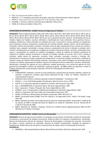 63
 PFEIL, W. Estruturas de madeira. Editora LTC.
 REBELLO, Y. C. P. Fundações: guia prático de projeto, execução e dimensionamento. Editora Zigurate.
 RIPPER, E. Como evitar erros na construção civil. 3ª ed. São Paulo: PINI, 1996.
 SALGADO, J. Técnicas e práticas construtivas para edificação. Editora Érica.
 YAZIGI, W. A técnica de edificar. Editora Pini.
CONHECIMENTOS ESPECÍFICOS - (CARGO: Técnico em Segurança do Trabalho)
PROGRAMA: Normas Regulamentadoras (NRs): NR-3; NR-4, NR-5, NR-6, NR-7, NR-8, NR-9, NR-10, NR-11, NR-12, NR-13,
NR-14, NR-15, NR-16, NR-17, NR-18, NR-19, NR-20, NR-21, NR-22, NR-23, NR-24, NR-25, NR-26, NR-28, NR-29, NR-30,
NR-31, NR-32, NR-32, NR-33, NR-34, NR35 e NR-36 com seus respectivos Decretos e Anexos. Consolidações das Leis de
Trabalho. Higiene do Trabalho: conceitos, definições e classificação dos riscos ambientais. Riscos químicos, físicos e
biológicos. Parâmetros e índices utilizados nas avaliações dos riscos. Instrumentos e técnicas aplicadas na medição dos
riscos ambientais; doenças ocupacionais; ocupacionais por sistemas afetados, agentes tóxicos: vias de penetração e
eliminação. Sistemas de prevenção e combate a incêndios: teoria do fogo; equipamentos fixos e móveis de combate a
incêndios: tipos, inspeção, manutenção e recarga; sistemas e equipamentos de alarme e detecção e proteção contra
incêndio; instruções gerais em emergências e brigadas de incêndio; acidente do trabalho: conceitos, classificação, tipos,
causas e consequências do acidente do trabalho; investigação e análise do acidente do trabalho; estatísticas de
acidentes do trabalho; doenças profissionais e doenças do trabalho; medidas de controle: EPIs e EPCs; combate a
incêndios; noções básicas de ergonomia: conceitos, linhas, aplicação, comandos, controles e manejos, AET,
levantamento e transporte de cargas; aplicações da antropometria: o assento de trabalho, arranjo físico, mobiliário de
trabalho e postos de trabalho informatizados; ambiente: iluminação e cores, efeitos fisiológicos da iluminação; fatores
humanos no trabalho; organização do trabalho; Programa de Prevenção de Riscos Ambientais: conceitos, classificação,
identificação e avaliação dos agentes de risco ambientais; medidas preventivas e de controle dos agentes de risco;
garantias do empregador e deveres do trabalhador. Sistemas de gestão - BS 8800; política de segurança e saúde no
trabalho; planejamento; implementação e operação; PPP (Perfil Profissiográfico Previdenciário).
REFERÊNCIAS
 FUNDACENTRO. Avaliação e controle de riscos profissionais; equipamentos de proteção individual: cadastro de
acidentes. Fundacentro: Fundação Jorge Duprat Figueiredo de Seg. e Med. do Trabalho. Disponível em:
<www.fundacentro.gov.br>.
 BUSSACOS, Marco Antônio. Estatística aplicada à saúde do trabalhador – Fundacentro, 1997.
 CHAVES, J. J. et al. Perfil Profissiográfico Previdenciário. Belo Horizonte: Folium, 2003.
 COUTO, H. A. Ergonomia aplicada ao trabalho em 18 lições. Belo Horizonte: Ergo, 2002.
 DUL, J.; WEERDMEESTER, B. Ergonomia Prática. São Paulo: Edgard Blücher, 1995.
 IIDA, I. Ergonomia – Projeto e Produção. São. Paulo: Edgard Blücher, 1995.
 GUÉRIN, F. et al. A. Compreender o trabalho para transformá-lo. São Paulo: Edgard Blücher, 2001.
 LAVILLE, A. Ergonomia. São Paulo: Editora da Universidade de São Paulo, 1977.
 SALIBA, Tuffi Messias. Manual prático de higiene ocupacional e PPRA. São Paulo: LTr.
 BRASIL. Constituição Federal (1988): Título VIII, Capítulo II "Da Seguridade Social", Seção II "Da Saúde", artigo
196 e 200
 BRASIL. Ministério da Saúde. Norma Operacional de Saúde do Trabalhador (NOST): Portaria MS nº 3.908, de 30
de outubro de 1998 e Instrução Normativa de Vigilância em Saúde do Trabalhador do SUS: Portaria MS Nº
3.120, de 1º de julho de 1998.
 BRASIL. Ministério do Trabalho e Emprego. Portaria Nº 3.214/78: Normas Regulamentadoras (NRs) do MTE
(Ministério do Trabalho e Emprego).
CONHECIMENTOS ESPECÍFICOS - (CARGO: Técnico em Manutenção)
PROGRAMA: Normas de segurança do trabalho nas atividades de manutenção. Classificação e gestão da manutenção.
Ferramentas e instrumentos de medição convencional. Análise de falhas em máquinas e equipamentos. Lubrificação.
Mancais de deslizamento. Mancais de rolamento. Técnicas de desmontagem e montagem de conjuntos. Transmissão
por polias e correias. Redutores de velocidade. Sistemas de vedação. Acoplamentos. Instalação de máquinas e
equipamentos. Noções básicas de transporte e armazenamento de cargas. Leitura e interpretação de conjuntos.
REFERÊNCIAS
 DRAPINSKI, J. Manutenção Mecânica Básica: Manual Prático de Oficina. São Paulo: MacGraw-Hill, 1978.
 