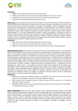 83
REFERÊNCIAS
 AMARO, Luciano. Direito Tributário Brasileiro. São Paulo: Saraiva.
 COÊLHO, Sacha Calmon Navarro. Curso de direito tributário brasileiro. Rio de Janeiro: Forense.
 OLIVEIRA, Regis Fernandes. Curso de Direito Financeiro. São Paulo: Revista dos Tribunais.
 SCHOUERI, Luís Eduardo. Direito Tributário. São Paulo: Saraiva.
DIREITO CIVIL: Lei de Introdução às Normas de Direito Brasileiro. Direito Civil constitucional. Eficácia horizontal dos
direitos fundamentais. Da pessoa natural. Da pessoa jurídica. Dos bens: principais classificações, bem de família. Teoria
geral do negócio jurídico. Prescrição e decadência. Teoria geral das obrigações: conceito de obrigações, elementos
constitutivos, fontes obrigacionais, classificações das obrigações, teoria do pagamento, transmissão das obrigações,
inadimplemento. Teoria Geral dos Contratos. Contratos em espécie: compra e venda, troca ou permuta, venda em
consignação, doação, locação, empréstimo, prestação de serviço, empreitada, transporte, seguro, fiança, transação.
Responsabilidade civil: conceitos, responsabilidade subjetiva e objetiva, pressupostos e excludentes do dever de
indenizar. Direito das coisas: direito das coisas e direitos reais, posse, propriedade, direito de vizinhança, condomínio,
condomínio edilício. Direito real de aquisição do promitente comprador. Direitos reais de gozo ou fruição: superfície,
servidões, usufruto, uso, habitação. Da laje. Direitos reais de garantia: princípios aplicáveis, penhor, hipoteca, anticrese,
alienação fiduciária em garantia. Código de Defesa do Consumidor.
REFERÊNCIAS
 DINIZ, Maria Helena. Manual de Direito Civil Brasileiro. São Paulo: Saraiva.
 FIUZA, Cesar. Direito Civil. Curso completo. São Paulo: Revista dos Tribunais.
 TARTUCE, Flávio. Manual de Direito Civil: volume único. Rio de Janeiro: Forense; São Paulo: Método.
DIREITO PROCESSUAL CIVIL: Lei Nº 13.105, de 16 de março de 2015, com suas alterações posteriores. Fontes do Direito
Processual Civil: noções gerais, lei processual, a Constituição e os tratados, doutrina e jurisprudência, a lei processual no
tempo, a lei processual no espaço, interpretação das leis processuais. Princípios informativos do Direito Processual.
Normas fundamentais do Processo Civil. Aplicação das normas processuais. Processo e procedimento. Espécies e
funções do processo. Independência dos processos. Pressupostos processuais e a nulidade do processo. Condições da
ação. Competência interna. Capacidade processual. Poderes e deveres das partes e seus procuradores. Lei 8.906, de 04
de julho de 1994. Código de Ética e Disciplina da OAB. Sucessão das partes. Dos procuradores e de sua sucessão.
Litisconsórcio e intervenção de terceiros. Solução alternativa de conflitos. Dos conciliadores e mediadores judiciais. Dos
atos processuais. Formação, suspensão e extinção do processo. Procedimento comum. A propositura da ação, a
distribuição da petição inicial e a instauração do processo. Petição inicial. Indeferimento da petição inicial.
Improcedência liminar do pedido. Deferimento da petição inicial. Audiência de conciliação ou mediação. Contestação,
reconvenção e revelia. Antecipação da tutela. Julgamento conforme o estado do processo. Do despacho saneador à
organização em cooperação com as partes. Audiência de instrução e julgamento. Das provas. Da organização e da
fiscalização das fundações. Sentença, coisa julgada e liquidação de sentença. Recursos: princípios, pressupostos,
efeitos, espécies. Da execução em geral. Dos embargos à execução.
REFERÊNCIAS
 MARINONI, Luiz Guilherme; ARENHART, Sérgio Cruz; MITIDIERO, Daniel. Novo Curso de Processo Civil (de
acordo com o Novo Código de Processo Civil). São Paulo: Revista dos Tribunais.
 NEVES, Daniel Amorim Assumpção. Manual de Direito Processual Civil. De acordo com a Lei 13.256 de
04.02.2016. Salvador: JusPodivm.
 THEODORO JUNIOR, Humberto. Curso de Direito Processual Civil. Reformulado de acordo com o Novo Código
de Processo Civil. Rio de Janeiro: Forense.
DIREITO EMPRESARIAL: Direito comercial: objeto, conceito, fontes. Empresário unipessoal. Registro. Escrituração.
Nome empresarial, Estabelecimento empresarial. Direitos de propriedade industrial. Sociedade empresária: regime
jurídico, sociedade limitada. Títulos de crédito: conceito, características, princípios, classificação. Títulos de crédito em
espécie: letra de câmbio, nota promissória, cheque, duplicata, títulos de crédito impróprios. Atos cambiários: aval,
endosso, protesto. Contratos empresariais: princípios gerais dos contratos, exceção do contrato não cumprido,
adimplemento substancial, compra e venda empresarial, contratos de colaboração empresarial, contratos bancários,
contrato de seguro. Solução alternativa de conflitos: lei de arbitragem, convecção de arbitragem, cláusulas
compromissórias.
 