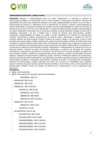 87
CONHECIMENTOS ESPECÍFICOS - (CARGO: Auditor)
PROGRAMA: Objetivos e responsabilidades gerais do auditor independente na condução da auditoria de
demonstrações contábeis em conformidade com as normas brasileiras e internacionais de auditoria. Requisitos de
independência do auditor para trabalhos de auditoria e de revisão. Responsabilidade do auditor no que se refere à
documentação de auditoria e a observância de leis e regulamentos ao executar a auditoria. Responsabilidade do
auditor independente na utilização do trabalho dos auditores internos. Responsabilidade do auditor de comunicar as
deficiências de controle interno que foram identificadas na auditoria das demonstrações contábeis. Responsabilidade
do auditor independente relacionadas com (i) estimativas contábeis, incluindo estimativas contábeis do valor justo e
divulgações relacionadas e (ii) com o trabalho para a emissão de relatório sobre demonstrações contábeis
condensadas. Responsabilidade do auditor em relação a fraude. Planejamento da auditoria de demonstrações
contábeis. Procedimentos analíticos. Procedimentos de auditoria interna. Identificação e avaliação de riscos de
distorção relevante nas demonstrações contábeis. Auditoria de quadros isolados e de elementos, contas ou itens
específicos das demonstrações contábeis. Evidências de auditoria de demonstrações contábeis. Procedimentos iniciais
de auditoria, incluindo evidencias sobre saldos iniciais. Procedimentos de auditoria para a obtenção de evidência de
auditoria. Procedimentos de confirmação externa. Testes de controles e de detalhes. Materialidade no planejamento e
na execução de auditoria de demonstrações contábeis. Planejamento e implementação de respostas aos riscos de
distorção relevante. Avaliação de efeitos de distorções identificadas na auditoria e de distorções não corrigidas.
Amostragem na execução de procedimentos de auditoria. Procedimentos de controle de qualidade da auditoria de
demonstrações contábeis. Trabalhos de asseguração diferentes de auditorias e revisões de informações financeiras
históricas. Auditorias de demonstrações contábeis de grupos, incluindo o trabalho dos auditores dos componentes.
Emissão do relatório do auditor independente e procedimentos de auditoria requeridos quando da reapresentação de
demonstrações contábeis ou informações intermediárias. Formação de opinião e comunicação das considerações.
Auditoria de demonstrações contábeis elaboradas de acordo com estruturas de contabilidade para propósitos
especiais. Auditoria de quadros isolados das demonstrações contábeis e de elementos, contas ou itens específicos das
demonstrações contábeis. Termos de trabalhos de auditoria com a administração e com os responsáveis pela
governança.
REFERÊNCIAS
 BRASIL. Lei Nº 6.404/1976.
 BRASIL. Resoluções do CFC (Conselho Federal de contabilidade):
- 2003/000986 - NBC TI 01.
- 2009/001208 - NBC TA 250.
- 2009/001210 - NBC TA 265.
- 2009/001214 - NBC TA 330 (R1).
- 2009/001215 - NBC TA 402.
- 2009/001218 - NBC TA 501.
- 2009/001219 - NBC TA 505.
- 2009/001220 - NBC TA 510 (R1).
- 2009/001221 - NBC TA 520.
- 2009/001222 - NBC TA 530.
- 2013/CTA18 - CTA 18.
- 2014/NBCPG100 - NBC PG 100.
- 2014/NBCTA610 - NBC TA 610.
- 2015/NBCTO3000 - NBC TO 3000.
- 2016/NBCTA200(R1) - NBC TA 200 (R1).
- 2016/NBCTA210(R1) - NBC TA 210 (R1).
- 2016/NBCTA220(R2) - NBC TA 220 (R2).
- 2016/NBCTA230(R1) - NBC TA 230 (R1).
 