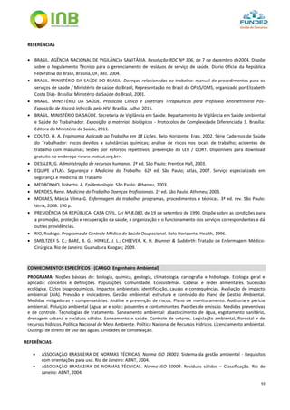 93
REFERÊNCIAS
 BRASIL. AGÊNCIA NACIONAL DE VIGILÂNCIA SANITÁRIA. Resolução RDC Nº 306, de 7 de dezembro de2004. Dispõe
sobre o Regulamento Técnico para o gerenciamento de resíduos de serviço de saúde. Diário Oficial da República
Federativa do Brasil, Brasília, DF, dez. 2004.
 BRASIL. MINISTÉRIO DA SAÚDE DO BRASIL. Doenças relacionadas ao trabalho: manual de procedimentos para os
serviços de saúde / Ministério de saúde do Brasil, Representação no Brasil da OPAS/OMS, organizado por Elizabeth
Costa Dias- Brasília: Ministério da Saúde do Brasil, 2001.
 BRASIL. MINISTÉRIO DA SAÚDE. Protocolo Clínico e Diretrizes Terapêuticas para Profilaxia Antirretroviral Pós-
Exposição de Risco à Infecção pelo HIV. Brasília. Julho, 2015.
 BRASIL. MINISTÉRIO DA SAÚDE. Secretaria de Vigilância em Saúde. Departamento de Vigilância em Saúde Ambiental
e Saúde do Trabalhador. Exposição a materiais biológicos - Protocolos de Complexidade Diferenciada 3. Brasília:
Editora do Ministério da Saúde, 2011.
 COUTO, H. A. Ergonomia Aplicada ao Trabalho em 18 Lições. Belo Horizonte: Ergo, 2002. Série Cadernos de Saúde
do Trabalhador: riscos devidos a substâncias químicas; análise de riscos nos locais de trabalho; acidentes de
trabalho com máquinas; lesões por esforços repetitivos; prevenção da LER / DORT. Disponíveis para download
gratuito no endereço <www.instcut.org.br>.
 DESSLER, G. Administração de recursos humanos. 2ª ed. São Paulo: Prentice Hall, 2003.
 EQUIPE ATLAS. Segurança e Medicina do Trabalho. 62ª ed. São Paulo; Atlas, 2007. Serviço especializado em
segurança e medicina do Trabalho
 MEDRONHO, Roberto. A. Epidemiologia. São Paulo: Atheneu, 2003.
 MENDES, Renê. Medicina do Trabalho Doenças Profissionais. 2ª ed. São Paulo, Atheneu, 2003.
 MORAES, Márcia Vilma G. Enfermagem do trabalho: programas, procedimentos e técnicas. 3ª ed. rev. São Paulo:
Iátria, 2008. 190 p.
 PRESIDÊNCIA DA REPÚBLICA- CASA CIVIL. Lei Nº 8.080, de 19 de setembro de 1990. Dispõe sobre as condições para
a promoção, proteção e recuperação da saúde, a organização e o funcionamento dos serviços correspondentes e dá
outras providências.
 RIO, Rodrigo. Programa de Controle Médico de Saúde Ocupacional. Belo Horizonte, Health, 1996.
 SMELTZER S. C.; BARE, B. G.; HINKLE, J. L.; CHEEVER, K. H. Brunner & Suddarth: Tratado de Enfermagem Médico-
Cirúrgica. Rio de Janeiro: Guanabara Koogan; 2009.
CONHECIMENTOS ESPECÍFICOS - (CARGO: Engenheiro Ambiental)
PROGRAMA: Noções básicas de: biologia, química, geologia, climatologia, cartografia e hidrologia. Ecologia geral e
aplicada: conceitos e definições. Populações. Comunidade. Ecossistemas. Cadeias e redes alimentares. Sucessão
ecológica. Ciclos biogeoquímicos. Impactos ambientais: identificação, causas e consequências. Avaliação de impacto
ambiental (AIA). Previsão e indicadores. Gestão ambiental: estrutura e conteúdo do Plano de Gestão Ambiental.
Medidas mitigadoras e compensatórias. Análise e prevenção de riscos. Plano de monitoramento. Auditoria e perícia
ambiental. Poluição ambiental (água, ar e solo): poluentes e contaminantes. Padrões de emissão. Medidas preventivas
e de controle. Tecnologias de tratamento. Saneamento ambiental: abastecimento de água, esgotamento sanitário,
drenagem urbana e resíduos sólidos. Saneamento e saúde. Controle de vetores. Legislação ambiental, florestal e de
recursos hídricos. Política Nacional de Meio Ambiente. Política Nacional de Recursos Hídricos. Licenciamento ambiental.
Outorga de direito de uso das águas. Unidades de conservação.
REFERÊNCIAS
 ASSOCIAÇÃO BRASILEIRA DE NORMAS TÉCNICAS. Norma ISO 14001. Sistema da gestão ambiental - Requisitos
com orientações para uso. Rio de Janeiro: ABNT, 2004.
 ASSOCIAÇÃO BRASILEIRA DE NORMAS TÉCNICAS. Norma ISO 10004. Resíduos sólidos – Classificação. Rio de
Janeiro: ABNT, 2004.
 