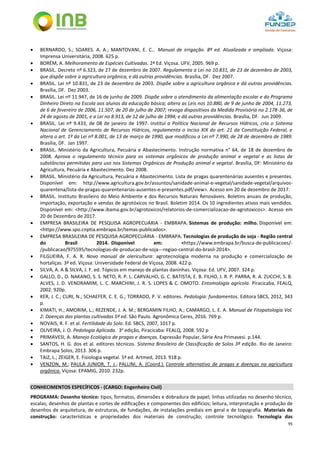 95
 BERNARDO, S.; SOARES. A. A.; MANTOVANI, E. C.. Manual de irrigação. 8ª ed. Atualizada e ampliada. Viçosa:
Imprensa Universitária, 2008. 625 p.
 BORÉM, A. Melhoramento de Espécies Cultivadas. 2ª Ed. Viçosa. UFV, 2005. 969 p.
 BRASIL. Decreto nº 6.323, de 27 de dezembro de 2007. Regulamenta a Lei no 10.831, de 23 de dezembro de 2003,
que dispõe sobre a agricultura orgânica, e dá outras providências. Brasília, DF. Dez 2007.
 BRASIL. Lei nº 10.831, de 23 de dezembro de 2003. Dispõe sobre a agricultura orgânica e dá outras providências.
Brasília, DF. Dez 2003.
 BRASIL. Lei nº 11.947, de 16 de junho de 2009. Dispõe sobre o atendimento da alimentação escolar e do Programa
Dinheiro Direto na Escola aos alunos da educação básica; altera as Leis nos 10.880, de 9 de junho de 2004, 11.273,
de 6 de fevereiro de 2006, 11.507, de 20 de julho de 2007; revoga dispositivos da Medida Provisória no 2.178-36, de
24 de agosto de 2001, e a Lei no 8.913, de 12 de julho de 1994; e dá outras providências. Brasília, DF. Jun 2009.
 BRASIL. Lei nº 9.433, de 08 de janeiro de 1997. Institui a Política Nacional de Recursos Hídricos, cria o Sistema
Nacional de Gerenciamento de Recursos Hídricos, regulamenta o inciso XIX do art. 21 da Constituição Federal, e
altera o art. 1º da Lei nº 8.001, de 13 de março de 1990, que modificou a Lei nº 7.990, de 28 de dezembro de 1989.
Brasília, DF. Jan 1997.
 BRASIL. Ministério da Agricultura, Pecuária e Abastecimento. Instrução normativa n° 64, de 18 de dezembro de
2008. Aprova o regulamento técnico para os sistemas orgânicos de produção animal e vegetal e as listas de
substâncias permitidas para uso nos Sistemas Orgânicos de Produção animal e vegetal. Brasília, DF: Ministério da
Agricultura, Pecuária e Abastecimento. Dez 2008.
 BRASIL. Ministério da Agricultura, Pecuária e Abastecimento. Lista de pragas quarentenárias ausentes e presentes.
Disponível em: http://www.agricultura.gov.br/assuntos/sanidade-animal-e-vegetal/sanidade-vegetal/arquivos-
quarentena/lista-de-pragas-quarentenarias-ausentes-e-presentes.pdf/view>. Acesso em 20 de dezembro de 2017.
 BRASIL. Instituto Brasileiro do Meio Ambiente e dos Recursos Naturais Renováveis. Boletins anuais de produção,
importação, exportação e vendas de agrotóxicos no Brasil. Boletim 2014. Os 10 ingredientes ativos mais vendidos.
Disponível em: <http://www.ibama.gov.br/agrotoxicos/relatorios-de-comercializacao-de-agrotoxicos>. Acesso em
20 de Dezembro de 2017.
 EMPRESA BRASILEIRA DE PESQUISA AGROPECUÁRIA - EMBRAPA. Sistemas de produção: milho. Disponível em:
<https://www.spo.cnptia.embrapa.br/temas-publicados>.
 EMPRESA BRASILEIRA DE PESQUISA AGROPECUÁRIA - EMBRAPA. Tecnologias de produção de soja - Região central
do Brasil 2014. Disponível em: <https://www.embrapa.br/busca-de-publicacoes/-
/publicacao/975595/tecnologias-de-producao-de-soja---regiao-central-do-brasil-2014>.
 FILGUEIRA, F. A. R. Novo manual de olericultura: agrotecnologia moderna na produção e comercialização de
hortaliças. 3ª ed. Viçosa: Universidade Federal de Viçosa, 2008. 422 p.
 SILVA, A. A & SILVA, J. F. ed. Tópicos em manejo de plantas daninhas. Viçosa: Ed. UFV, 2007. 324 p.
 GALLO, D., O. NAKANO, S. S. NETO, R. P. L. CARVALHO, G. C. BATISTA, E. B. FILHO, J. R. P. PARRA, R. A. ZUCCHI, S. B.
ALVES, J. D. VENDRAMIM, L. C. MARCHINI, J. R. S. LOPES & C. OMOTO. Entomologia agrícola. Piracicaba, FEALQ,
2002. 920p.
 KER, J. C.; CURI, N.; SCHAEFER, C. E. G.; TORRADO, P. V. editores. Pedologia: fundamentos. Editora SBCS, 2012, 343
p.
 KIMATI, H.; AMORIM, L.; REZENDE, J. A. M.; BERGAMIN FILHO, A.; CAMARGO, L. E. A. Manual de Fitopatologia Vol.
2: Doenças das plantas cultivadas 5ª ed. São Paulo. Agronômica Ceres, 2016. 769 p.
 NOVAIS, R. F. et al. Fertilidade do Solo. Ed. SBCS, 2007, 1017 p.
 OLIVEIRA, J. O. Pedologia Aplicada. 3a
edição, Piracicaba: FEALQ, 2008. 592 p
 PRIMAVESI, A. Manejo Ecológico de pragas e doenças. Expressão Popular, Série Ana Primavesi. p.144.
 SANTOS, H. G. dos et al. editores técnicos. Sistema Brasileiro de Classificação de Solos 3ª edição. Rio de Janeiro:
Embrapa Solos, 2013. 306 p.
 TAIZ, L.; ZEIGER, E. Fisiologia vegetal. 5ª ed. Artmed, 2013. 918 p.
 VENZON, M.; PAULA JUNIOR, T. J.; PALLINI, A. (Coord.). Controle alternativo de pragas e doenças na agricultura
orgânica. Viçosa: EPAMIG, 2010. 232p.
CONHECIMENTOS ESPECÍFICOS - (CARGO: Engenheiro Civil)
PROGRAMA: Desenho técnico: tipos, formatos, dimensões e dobradura de papel; linhas utilizadas no desenho técnico,
escalas; desenhos de plantas e cortes de edificações e componentes dos edifícios; leitura, interpretação e produção de
desenhos de arquitetura, de estruturas, de fundações, de instalações prediais em geral e de topografia. Materiais de
construção: características e propriedades dos materiais de construção; controle tecnológico. Tecnologia das
 