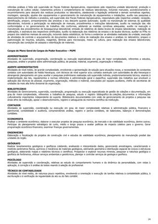 referidas análises é feita sob supervisão de Fiscais Federais Agropecuários, responsáveis pela respectiva unidade laboratorial; produção e
manutenção de cultivo celular; tratamentos prévios e complementares de resíduos laboratoriais, incluindo manuseio, acondicionamento e
encaminhamento para descarte dos resíduos produzidos no laboratório, obedecendo a legislação ambiental e demais normativas vigentes;
montagem, operação, ajustes dos equipamentos e gerenciamento da manutenção de equipamentos e instalações; auxílio nas pesquisas e
desenvolvimento de métodos e produtos, sob supervisão dos Fiscais Federais Agropecuários, responsáveis pela respectiva unidade; recepção,
identificação, preparo, armazenamento das amostras e seu descarte quando autorizado; auxílio na manutenção de sistemas da qualidade
laboratoriais, incluindo a participação na elaboração de manuais, procedimentos e instruções laboratoriais, auxílio na resolução das não
conformidades e no gerenciamento de trabalhos não conformes, adotando as medidas corretivas adequadas; auxílio na execução e
manutenção dos procedimentos de biossegurança laboratorial; emissão de relatórios de dados brutos de ensaios laboratoriais; realização de
calibrações, e assinatura dos respectivos certificados; auxílio na elaboração dos relatórios de ensaios e de laudos técnicos; auxiliar os FFAs no
preparo dos relatórios mensais de execução, incluindo dados estatísticos, de forma a evidenciar as atividades realizadas da unidade; execução
de atividades de controle e arquivamento de documentos relativos à rotina de realização dos ensaios e análises no laboratório; preparo e
padronização de insumos, soluções, reagentes, lâminas para microscopia, meios de cultura, para realização dos ensaios laboratoriais;
manutenção das condições de assepsia e esterilização de materiais.
Cargos do Plano Geral de Cargos do Poder Executivo – PGPE
ADMINISTRADOR
Atividades de supervisão, programação, coordenação ou execução especializada em grau de maior complexidade, referentes a estudos,
pesquisas, análise e projetos sobre administração pública, de pessoal, material, orçamento, organização e métodos.
AGENTE ADMINISTRATIVO
Atividades de nível médio, de grande complexidade, envolvendo a apresentação de solução para situações novas, a necessidade de constantes
contatos com autoridades de média hierarquia, com técnicos de nível superior e/ou contatos eventuais com autoridades de alta hierarquia e
abrangendo planejamento em grau auxiliar e pesquisas preliminares realizadas sob supervisão indireta, predominantemente técnica, visando à
implementação das leis, regulamentos e normas referentes à administração geral e específica; supervisão dos trabalhos que envolvam a
aplicação das técnicas de pessoal, orçamento, organização, métodos e material, executados por equipes auxiliares, chefia de secretarias de
unidades da mais alta linha divisional da organização.
BIBLIOTECÁRIO
Atividades de Gerenciamento, supervisão, coordenação, programação ou execução especializada de gestão de coleções e documentação, em
grau de maior complexidade, referentes a trabalhos de pesquisa, estudo e registro bibliográfico de coleções, documentos e informações
culturalmente importantes independente do suporte. Bibliotecário documentalista com visão de gerenciamento de projetos e pesquisa nas
áreas afins da instituição, apoiar o desenvolvimento, registro e salvaguarda da memória científica da instituição.
CONTADOR
Atividades de supervisão, coordenação ou execução em grau de maior complexidade relativas à administração pública, financeira e
patrimonial, contabilidade e auditoria, compreendendo análise, registro e perícia contábeis, de balancetes, balanços e demonstrações
contábeis.
ECONOMISTA
Analisar o ambiente econômico; elaborar e executar projetos de pesquisa econômica, de mercado e de viabilidade econômica, dentre outros;
Participar do planejamento estratégico de curto, médio e longo prazos e avaliar políticas de impacto coletivo para o governo. Gerar
programação econômico-financeira; examinar finanças governamentais.
ENGENHEIRO
Elaboração e fiscalização de projetos de construção civil e estudos de viabilidade econômica; planejamento da manutenção predial das
unidades do órgão.
GEÓGRAFO
Realizar levantamentos geológicos e geofísicos coletando, analisando e interpretando dados, gerenciando amostragens, caracterizando e
medindo parâmetros físicos, químicos e mecânicos de materiais geológicos, estimando geometria e distribuição espacial de corpos e estruturas
geológicas, elaborando mapas e relatórios técnicos e científicos. Prospectar e explorar recursos minerais, pesquisar a natureza geológica e
geofísica de fenômenos, efetuar serviços ambientais e geotécnicos, planejar e controlar serviços de geologia e geofísica.
PSICÓLOGO
Atividades de supervisão e coordenação, relativas ao estudo do comportamento humano e da dinâmica da personalidade, com vistas à
aplicação, à correção e à análise de testes visando à seleção de profissional.
TÉCNICO DE CONTABILIDADE
Atividades de nível médio, de natureza pouco repetitiva, envolvendo a orientação e execução de tarefas relativas à contabilidade pública, à
escrituração e à verificação da regularidade do ato ou do fato contábil.

24

 