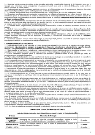 5.1.1 As provas escritas objetivas de múltipla escolha, de caráter eliminatório e classificatório, constarão de 50 (cinquenta) itens, com a
valoração acima evidenciada, e terão pontuação total variando do mínimo de 0 (zero) ponto ao máximo de 60 (sessenta) pontos, conforme
descrito nas tabelas do subitem anterior.
5.1.2 Será considerado aprovado o candidato que obtiver, no mínimo, 50% (cinquenta por cento) de aproveitamento dos pontos das provas
objetivas de múltipla escolha e que tenha acertado pelo menos um item de cada disciplina.
5.1.3 Os itens das provas objetivas serão do tipo múltipla escolha, com 4 (quatro) opções (A a D) e uma única resposta correta.
5.1.4 O candidato deverá transcrever as respostas das provas objetivas para o Cartão de Respostas, que será o único documento válido para a
correção das provas. O preenchimento do Cartão de Respostas será de inteira responsabilidade do candidato, que deverá proceder de
conformidade com as instruções específicas contidas neste Edital e no Cartão de Respostas. Em hipótese alguma haverá substituição do
cartão por erro do candidato.
5.1.5 Não serão computados itens não respondidos, nem itens que contenham mais de uma resposta (mesmo que uma delas esteja correta),
emenda ou rasura, ainda que legível. Não deverá ser feita nenhuma marca fora do campo reservado às respostas, pois qualquer marca poderá
ser lida pelas leitoras óticas, prejudicando o desempenho do candidato.
5.1.6 O candidato deverá, obrigatoriamente, ao término da prova, devolver ao fiscal o Cartão de Respostas, devidamente assinado no local
indicado.
5.1.7 Serão de inteira responsabilidade do candidato os prejuízos advindos de marcações feitas incorretamente no Cartão de Respostas. Serão
consideradas marcações incorretas as que estiverem em desacordo com este Edital e com o Cartão de Respostas, tais como: dupla marcação,
marcação rasurada ou emendada e campo de marcação não preenchido integralmente.
5.1.8 Não será permitido que as marcações no Cartão de Respostas sejam feitas por outras pessoas, salvo em caso de candidato que tenha
solicitado atendimento especial para esse fim. Nesse caso, se necessário, o candidato será acompanhado por um fiscal da Consulplan
devidamente treinado.
5.1.9 O candidato não deverá amassar, molhar, dobrar, rasgar, ou, de qualquer modo, danificar o seu Cartão de Respostas, sob pena de arcar
com os prejuízos advindos da impossibilidade de realização da leitura ótica.
5.2 DAS PROVAS ESCRITAS DISCURSIVAS
5.2.1 Serão aplicadas provas escritas discursivas de caráter eliminatório e classificatório, no mesmo dia de realização das provas objetivas,
constituídas de: 1 (um) estudo de caso para os cargos de nível superior, sobre tema de natureza técnica específica de cada
cargo; e 1 (uma) redação para os cargos de nível médio técnico, médio e fundamental, sobre tema da atualidade.
5.2.2 Tanto o estudo de caso quanto a redação terão o valor de 40 (quarenta) pontos, conforme distribuição apresentada no subitem 5.2.13
deste Edital e serão realizados no mesmo horário previsto no subitem 5.3 deste Edital para a realização das provas objetivas.
5.2.3 Serão considerados aprovados apenas os candidatos que obtiverem o percentual mínimo de 50% (cinquenta por cento) de
aproveitamento nos pontos da referida etapa.
5.2.4 A prova discursiva terá o objetivo de avaliar o conhecimento técnico na área de atuação da especialidade, a capacidade de expressão na
modalidade escrita e o uso das normas do registro formal culto da Língua Portuguesa.
5.2.5 As respostas às provas discursivas deverão ser manuscritas em letra legível, com caneta esferográfica de corpo transparente, de ponta
grossa e de tinta azul ou preta, não sendo permitida a interferência e/ou a participação de outras pessoas, salvo em caso de candidato na
condição de pessoa com deficiência que esteja impossibilitado de redigir textos, como também no caso de candidato que tenha solicitado
atendimento especial para este fim, nos termos deste Edital. Nesse caso, o candidato será acompanhado por um fiscal da Consulplan
devidamente treinado, para o qual deverá ditar o texto, especificando oralmente a grafia das palavras e os sinais gráficos de pontuação.
5.2.6 As respostas às provas discursivas deverão ter a extensão mínima de 20 (vinte) e máxima de 30 (trinta) linhas para o texto. Será
desconsiderado, para efeito de avaliação, qualquer fragmento de texto que for escrito fora do local apropriado ou que não atingir a extensão
mínima ou ultrapassar a extensão máxima permitida.
5.2.7 O candidato receberá nota zero na prova discursiva em casos de não atendimento ao conteúdo avaliado, de não haver texto, de
manuscrever em letra ilegível ou de grafar por outro meio que não o determinado no subitem anterior, bem como no caso de identificação em
local indevido.
5.2.8 A folha de textos definitivos da prova discursiva será fornecida juntamente com o cartão de respostas da prova escrita objetiva de
múltipla escolha no dia de realização das provas, devendo, o candidato, ao seu término, obrigatoriamente, devolver ao fiscal o cartão de
respostas (prova objetiva) devidamente assinado no local indicado e a folha de textos definitivos (prova discursiva) sem qualquer termo que
identifique o candidato.
5.2.8.1 A folha de textos definitivos da prova discursiva será o único documento válido para a avaliação desta etapa. O espaço reservado no
caderno de provas para rascunho é de preenchimento facultativo e não valerá para tal finalidade.
5.2.9 A folha de textos definitivos da prova discursiva será previamente identificada através do número de inscrição do respectivo candidato - e
apenas por este - não devendo o candidato registrar seu nome ou sua assinatura na referida folha, sob pena de anulação de sua prova. O
candidato deverá, ainda, quando da entrega da folha de textos definitivos ao fiscal da sala, conferir se o número de inscrição nele registrado é
o correspondente ao seu número de inscrição no Concurso Público.
5.2.10 Quando da realização das provas discursivas, o candidato não poderá efetuar consulta a quaisquer fontes ou meios de consulta para
auxílio na resolução e interpretação das questões.
5.2.11 O candidato deverá observar atentamente as orientações de transcrição da sua resposta quando da realização da prova discursiva.
Aquele que não observar tais orientações receberá nota 0 (zero), sendo vedado qualquer tipo de rasura e/ou adulteração na identificação das
páginas, sob pena de eliminação sumária.
5.2.12 O candidato, ao término da realização da prova discursiva, deverá, obrigatoriamente, devolver a folha de textos definitivos sem
qualquer termo que identifique as folhas em que foi transcrita sua resposta.
5.2.13 Para efeito de avaliação das provas discursivas serão considerados os seguintes elementos de avaliação:
ELEMENTOS DE AVALIAÇÃO DA PROVA DISCURSIVA
ELEMENTOS DE AVALIAÇÃO DAS PROVAS DISCURSIVAS (ESTUDO DE CASO E REDAÇÃO)
Critérios

Elementos da Avaliação

Total de pontos
por critério

Aspectos Formais
e Aspectos
Textuais

Observância das normas de ortografia, pontuação, concordância, regência e flexão,
paragrafação, estruturação de períodos, coerência e lógica na exposição das ideias.

15 pontos

Aspectos Técnicos

Pertinência da exposição relativa ao tema, à ordem de desenvolvimento proposto e ao
conteúdo programático proposto.

25 pontos

TOTAL DE PONTOS

40 pontos

6

 