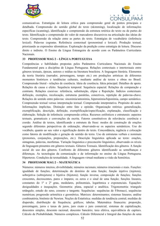 52
comunicativas. Estratégias de leitura crítica para compreensão geral de pontos principais e
detalhada. Compreensão do sentido global do texto (skimming), localização de informações
específicas (scanning), identificação e compreensão da estrutura retórica do texto ou de partes do
texto. Identificação e compreensão do valor de marcadores discursivos na articulação das ideias do
texto. Compreensão da relação entre as partes do texto. Estratégias de vocabulário (inferência
lexical). Palavras cognatas. Referência contextual (pronominal e lexical). Produção textual,
priorizando as expressões idiomáticas. Exploração da predição como estratégia de leitura. Discurso
direto e indireto. O Ensino da Língua Estrangeira de acordo com os Parâmetros Curriculares
Nacionais.
33 PROFESSOR MAG 2 – LÍNGUA PORTUGUESA
Competências e habilidades propostas pelos Parâmetros Curriculares Nacionais do Ensino
Fundamental para a disciplina de Língua Portuguesa. Relações contextuais e intertextuais entre
gêneros textuais, épocas, autores e mídias na literatura brasileira. A linguagem literária. Elementos
da teoria literária (narrador, personagens, tempo etc.) em produções artísticas de diferentes
momentos históricos e tendências culturais, mediante análise de textos e obras no Brasil.
Compreensão literal - relações de coerência. Ideia de coerência. Ideia principal. Detalhes de apoio.
Relações de causa e efeito. Sequência temporal. Sequência espacial. Relações de comparação e
contraste. Relações coesivas: referência, substituição, elipse e Repetição. Indícios contextuais:
definição, exemplos, recolocação, estruturas paralelas, conectivos, repetição de palavras-chave.
Relações de sentido entre palavras: sinonímia/antonímia, hiperonímia/hiponímia, campo semântico.
Compreensão textual versus interpretação textual. Compreensão interpretativa. Propósito do autor.
Informações implícitas. Distinção entre fato e opinião. Organização retórica: generalização,
exemplificação, descrição, definição, exemplificação/especificação, explanação, classificação e
elaboração. Seleção de inferência: compreensão crítica. Recursos estilísticos e estruturais: aspectos
textuais, gramaticais e convenções da escrita. Fatores constitutivos de relevância: coerência e
coesão. Análise de textos, identificando a estrutura da frase: modos de construção de orações
segundo diferentes perspectivas de ordenação, observando-se os aspectos semânticos. Uso do
vocábulo, quanto ao seu valor e significação dentro do texto. Concordância, regência e colocação
como fatores de modificação e geração de sentido do texto. Uso de estruturas verbais e nominais
(pronomes, conjunções, preposições, etc.). Descrição linguística aplicada ao texto: orações,
sintagmas, palavras, morfemas. Variação linguística e preconceito linguístico, observando os níveis
de linguagem presentes em gêneros textuais. Gêneros Textuais. Identificação dos gêneros. A função
social do uso dos gêneros. Confronto de diferentes gêneros identificando as semelhanças e
diferenças. As tecnologias da comunicação e de informação no ensino da Língua Portuguesa.
Hipertexto. Condições de textualidade. A linguagem virtual mediante a visão da Semiótica.
34 PROFESSOR MAG 2 – MATEMÁTICA
Números: números inteiros; divisibilidade; números racionais; números irracionais e reais. Funções:
igualdade de funções; determinação do domínio de uma função; função injetiva (injetora),
sobrejetiva (sobrejetora) e bijetiva (bijetora); função inversa; composição de funções; funções
crescentes, decrescentes, pares e ímpares; os zeros e o sinal de uma função; funções lineares,
constantes do 1º e 2º grau, modulares, polinomiais, logarítmica e exponenciais. Equações:
desigualdades e inequações. Geometria: plana, espacial e analítica. Trigonometria: triangulo
retângulo; estudo do seno, cosseno e tangente. Sequências: sequências de Fibonacci, sequências
numéricas; progressão aritmética e geométrica. Matrizes: determinantes; sistemas lineares; análise
combinatória; binômio de Newton. Noções de Estatística: medidas de tendência central; medidas de
dispersão, distribuição de frequência; gráficos; tabelas. Matemática financeira: proporção,
porcentagem, juros e taxas de juros, juro exato e juro comercial, sistemas de capitalização,
descontos simples, desconto racional, desconto bancário; taxa efetiva, equivalência de capitais.
Cálculo de Probabilidade. Números complexos. Cálculo Diferencial e Integral das funções de uma
 