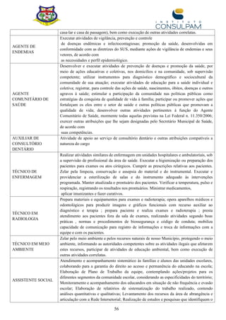 56
casa-lar e casa de passagem), bem como execução de outras atividades correlatas.
AGENTE DE
ENDEMIAS
Executar atividades de vigilância, prevenção e controle
de doenças endêmicas e infectocontagiosas; promoção da saúde, desenvolvidas em
conformidade com as diretrizes do SUS, mediante ações de vigilância de endemias e seus
vetores, de acordo com
as necessidades e perfil epidemiológico.
AGENTE
COMUNITÁRIO DE
SAÚDE
Desenvolver e executar atividades de prevenção de doenças e promoção da saúde, por
meio de ações educativas e coletivas, nos domicílios e na comunidade, sob supervisão
competente; utilizar instrumentos para diagnóstico demográfico e sociocultural da
comunidade de sua atuação; executar atividades de educação para a saúde individual e
coletiva; registrar, para controle das ações de saúde, nascimentos, óbitos, doenças e outros
agravos à saúde; estimular a participação da comunidade nas políticas públicas como
estratégias da conquista de qualidade de vida à família; participar ou promover ações que
fortaleçam os elos entre o setor de saúde e outras políticas públicas que promovam a
qualidade de vida; desenvolver outras atividades pertinentes à função do Agente
Comunitário de Saúde, mormente todas aquelas previstas na Lei Federal n. 11.350/2006;
exercer outras atribuições que lhe sejam designadas pelo Secretário Municipal de Saúde,
de acordo com
suas competências.
AUXILIAR DE
CONSULTÓRIO
DENTÁRIO
Atividade de apoio ao serviço de consultório dentário e outras atribuições compatíveis a
natureza do cargo
TÉCNICO DE
ENFERMAGEM
Realizar atividades similares de enfermagem em unidades hospitalares e ambulatoriais, sob
a supervisão de profissional da área de saúde. Executar a higienização ou preparação dos
pacientes para exames ou atos cirúrgicos. Cumprir as prescrições relativas aos pacientes.
Zelar pela limpeza, conservação e assepsia do material e do instrumental. Executar e
providenciar a esterilização de salas e do instrumento adequado às intervenções
programada. Manter atualizada o prontuário dos pacientes. Verificar a temperatura, pulso e
respiração, registrando os resultados nos prontuários. Ministrar medicamentos,
aplicar imunizantes e fazer curativos.
TÉCNICO EM
RADIOLOGIA
Prepara materiais e equipamentos para exames e radioterapia; opera aparelhos médicos e
odontológicos para produzir imagens e gráficos funcionais com recurso auxiliar ao
diagnóstico e terapia ; prepara paciente e realiza exames e radioterapia ; presta
atendimento aos pacientes fora da sala de exames, realizando atividades segundo boas
práticas , normas e procedimentos de biossegurança e código de conduta; mobiliza
capacidade de comunicação para registro de informações e troca de informações com a
equipe e com os pacientes.
TÉCNICO EM MEIO
AMBIENTE
Zelar pelo meio ambiente e pelos recursos naturais de nosso Município, protegendo o meio
ambiente, informando as autoridades competentes sobre as atividades ilegais que afetarem
estes recursos, participar de atividades de educação ambiental, bem como execução de
outras atividades correlatas.
ASSISTENTE SOCIAL
Atendimento e acompanhamento sistemático às famílias e alunos das unidades escolares,
colaborando para a garantia do direito ao acesso e permanência do educando na escola;
Elaboração de Plano de Trabalho da equipe, contemplando ações/projetos para os
diferentes segmentos da comunidade escolar, considerando as especificidades do território;
Monitoramento e acompanhamento dos educandos em situação de não frequência e evasão
escolar; Elaboração de relatórios de sistematização do trabalho realizado, contendo
análises quantitativas e qualitativas; Levantamento dos recursos da área de abrangência e
articulação com a Rede Intersetorial; Realização de estudos e pesquisas que identifiquem o
 