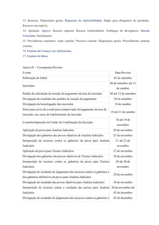 13. Recursos. Disposições gerais. Requisitos de Admissibilidade. Duplo grau obrigatório de jurisdição.
Recursos em espécie;
14. Apelação. Agravo. Recurso especial. Recurso extraordinário. Embargos de divergência. Súmula
Vinculante. Reclamação;
15. Providências cautelares. Ação cautelar. Processo cautelar. Disposições gerais. Procedimento cautelar
comum;
16. Estatuto da Criança e do Adolescente;
17. Estatuto do Idoso.


Anexo IV – Cronograma Previsto
Evento                                                                         Data Prevista
Publicação do Edital                                                          05 de setembro
                                                                           08 de setembro até 11
Inscrições
                                                                                de outubro
Pedido de solicitação da isenção do pagamento da taxa de inscrição         08 até 12 de setembro
Divulgação do resultado dos pedidos de isenção do pagamento                   20 de setembro
Divulgação da homologação das inscrições                                      18 de outubro
Prazo para envio do e-mail para comprovação do pagamento da taxa de
                                                                           18 até 21 de outubro
inscrição, nos casos de indeferimento da inscrição
                                                                               10 até 19 de
Consulta/Impressão do Cartão de Confirmação de Inscrição
                                                                                novembro
Aplicação da prova para Analista Judiciário                                  20 de novembro
Divulgação dos gabaritos das provas objetivas de Analista Judiciário         21 de novembro
Interposição de recursos contra os gabaritos da prova para Analista            21 até 23 de
Judiciário                                                                      novembro
Aplicação da prova para Técnico Judiciário                                   27 de novembro
Divulgação dos gabaritos das provas objetivas de Técnico Judiciário          28 de novembro
Interposição de recursos contra os gabaritos da prova para Técnico             28 até 30 de
Judiciário                                                                      novembro
Divulgação do resultado do julgamento dos recursos contra os gabaritos e
                                                                             29 de novembro
dos gabaritos definitivos da prova para Analista Judiciário
Divulgação do resultado das provas objetivas para Analista Judiciário        30 de novembro
Interposição de recursos contra o resultado das provas para Analista 30 de novembro até
Judiciário                                                                   02 de dezembro
Divulgação do resultado do julgamento dos recursos contra os gabaritos e     05 de dezembro
 