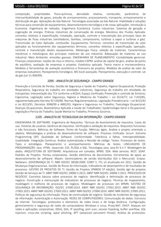 MSGÁS – Edital 001/2015  Página 42 de 57
 
composição,  propriedades  físico‐químicas,  densidade  relativa,  combustão,  parâmetros  de 
intercambiabilidade de gases, pressão de armazenamento, processamento, transporte, armazenamento e 
distribuição de gás. Aplicações do Gás Natural. Tecnologias associadas ao Gás Natural. Viabilidade e soluções 
técnicas para conversão de equipamentos, desenvolvimento tecnológico e de novas aplicações. Introdução à 
Economia.  Engenharia  de  métodos.  Engenharia  Econômica.  Custos  industriais.  Sistemas  de  geração  e 
cogeração  de  energia.  Práticas  industriais  de  conservação  de  energia.  Mecânica  dos  Fluidos  Aplicada: 
conceitos  relativos  à  especificação,  instalação,  operação,  controle  e  manutenção  dos  principais  tipos  de 
máquinas  de  fluxo  industriais  (ventiladores,  bombas,  compressores,  turbinas  a  vapor  e  turbinas  a  gás). 
Transmissão  do  Calor  Aplicada:  combustão.  Equipamentos  Térmicos:  conceitos  de  transmissão  de  calor 
aplicados  ao  funcionamento  dos  equipamentos  térmicos;  conceitos  relativos  à  especificação,  operação, 
controle  e  manutenção  destes  equipamentos.  Metalurgia  Física:  seleção  de  materiais.  Características 
mecânicas  e  metalúrgicas  dos  principais  materiais  de  uso  industrial.  Adequação  de  materiais  ao  uso 
industrial.  Meio  Ambiente:  emissões  gasosas.  ENGENHARIA  DE  PLANEJAMENTO:  Contabilidade  gerencial. 
Finanças corporativas: noções de risco e retorno, modelo CAPM, análise de capital de giro, análise de ponto 
de  equilíbrio,  avaliação  de  empresas  e  projetos.  Estatística  aplicada.  Teoria  macro  e  microeconômica. 
Modelos e ferramentas de avaliação econômica e financeira de projetos. Modelos de análise de valor de 
empresas (valuation). Planejamento Estratégico. MS Excel avançado. Planejamento, execução e controle. Lei 
do gás (Lei 11.909/09). 
1095 ‐ ANALISTA DE SEGURANÇA ‐ CAMPO GRANDE 
Prevenção e Controle de Perdas; Gestão de Segurança e Saúde do Trabalho; Higiene Ocupacional; Proteção 
Respiratória;  Segurança  do  trabalho  em  atividades  industriais;  Segurança  do  trabalho  em  atividades  de 
transportes; Interpretação dos TLV conforme a ACGIH; Espaço Confinado; Prevenção e controle de Sinistros; 
Ergonomia;  Legislação  sobre  Segurança;  Higiene  e  Medicina  do  Trabalho  –  Lei  6514/77;  Lei  7.410/85, 
regulamentada pelo Decreto 92.530/86. Normas Regulamentadoras; Legislação Previdenciária – Lei 8212/91 
e  Lei  8213/91,  Decretos  3048/99  e  4882/03;  Higiene  e  Segurança  no  Trabalho;  Toxicologia  Ocupacional; 
Doenças Ocupacionais; Bioestatística Aplicada a Saúde do Trabalhador; Epidemiologia Geral e Ocupacional; 
Legislação e Perícia do Trabalho; Saúde Mental no Trabalho; Primeiros Socorros. 
1105 ‐ ANALISTA DE TECNOLOGIA DA INFORMAÇÃO ‐ CAMPO GRANDE 
ENGENHARIA DE SOFTWARE: Engenharia de Requisitos. Técnicas de levantamento de requisitos. Casos de 
uso. Histórias de usuários. Gerência de requisitos. Verificação e validação de requisitos. Requisitos funcionais 
e  não  funcionais.  Métricas  de  Software.  Ponto  de  função.  Métricas  ágeis.  Análise  e  projeto  orientado  a 
objetos.  Metodologias  e  práticas  de  desenvolvimento  de  software.  Processo  Unificado.  Scrum.  Extreme 
Programming  (XP).  Qualidade  de  Software.  Conformidade.  Tolerância  a  falhas.  Interoperabilidade. 
Usabilidade. Integração Contínua. Análise automatizada e Revisão de código. Testes. Processos de testes. 
Tipos  e  estratégias.  Planejamento  e  acompanhamento.  Métricas  de  testes.  LINGUAGENS  DE 
PROGRAMAÇÃO: Java. HTML. Javascript. CSS. PL/SQL e SQL. Tecnologias Java. Java EE 6 e 7. Modelagem de 
dados.  ARQUITETURA  DE  SOFTWARE:  Arquiteturas  em  camadas.  BPMS.  SOA.  Web  services.  REST.  SOAP. 
Padrões  de  Projetos.  Portais  corporativos.  Gestão  eletrônica  de  documentos.  Ferramentas  de  apoio  ao 
desenvolvimento  de  software:  Maven.  Gerenciadores  de  versão  distribuídos  (Git  e  Mercurial).  Eclipse. 
Netbeans. GOVERNANÇA DE TI: NBR ISO/IEC 38500:2009. COBIT 5. ITIL v3 atualizada em 2011. Gestão de 
Mudanças Organizacionais. Gestão de Riscos da Informação. Indicadores de desempenho e de resultados de 
processos.  GESTÃO  DE  PROJETOS  DE  TI:  Gestão  de  Projetos  (PMBOK  5ª  edição).  Gestão  ágil  de  projetos 
Gestão de Serviços de TI: ABNT NBR ISO/IEC 20000‐2:2013, ABNT NBR ISO/IEC 20000‐1:2011. PROCESSOS DE 
NEGÓCIO:  Conceitos  básicos  sobre  processos  de  negócio.  Identificação  e  delimitação  de  processos  de 
negócio.  Construção  e  mensuração  de  indicadores  de  processos  de  negócio.  Técnicas  de  mapeamento, 
modelagem  e  melhoria  de  processos  de  negócio.  Modelagem  de  processos  em  BPMN.  GESTÃO  DE 
SEGURANÇA  DA  INFORMAÇÃO:  ISO/IEC  27000:2014.  ABNT  NBR  ISO/IEC  27001:2013.  ABNT  NBR  ISO/IEC 
27002:2013. ABNT NBR ISO/IEC 27003:2011. ABNT NBR ISO/IEC 27004:2010. ABNT NBR ISO/IEC 27005:2011. 
Políticas de segurança da informação. Plano de continuidade de negócio. Gestão de incidentes de segurança 
da informação. Autenticação e Autorização. REDES DE COMPUTADORES: Comunicação de dados. Estrutura 
da  internet.  Tecnologias,  protocolos  e  elementos  de  redes  locais  e  de  longa  distância.  Configuração, 
gerenciamento  e  segurança  de  redes  de  computadores  Windows  e  Linux.  Proxy.NAT.  DHCP.  Ataques  em 
redes e aplicações corporativas: DDoS, DoS, IP spoofing, port scan, session hijacking, buffer overflow, SQL 
Injection,  cross‐site  scripting,  spear  phishing,  APT  (advanced  persistent  threat).  Análise  de  protocolos: 
 