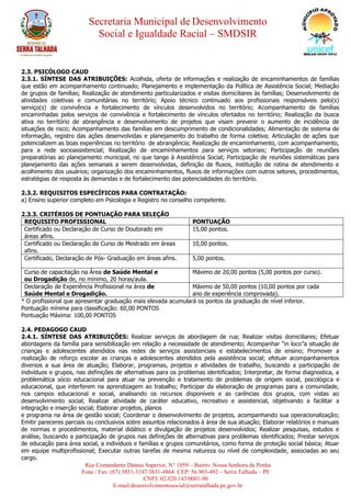 Secretaria Municipal de Desenvolvimento
Social e Igualdade Racial – SMDSIR
Rua Comandante Dantas Superior, N° 1059 – Bairro: Nossa Senhora da Penha
Fone / Fax: (87) 3831-3197/3831-4864 CEP: 56.903-492 – Serra Talhada – PE
CNPJ: 02.020.143/0001-90
E-mail:desenvolvimentosocial@serratalhada.pe.gov.br
2.3. PSICÓLOGO CAUD
2.3.1. SÍNTESE DAS ATRIBUIÇÕES: Acolhida, oferta de informações e realização de encaminhamentos de famílias
que estão em acompanhamento continuado; Planejamento e implementação da Política de Assistência Social; Mediação
de grupos de famílias; Realização de atendimento particularizados e visitas domiciliares às famílias; Desenvolvimento de
atividades coletivas e comunitárias no território; Apoio técnico continuado aos profissionais responsáveis pelo(s)
serviço(s) de convivência e fortalecimento de vínculos desenvolvidos no território; Acompanhamento de famílias
encaminhadas pelos serviços de convivência e fortalecimento de vínculos ofertados no território; Realização da busca
ativa no território de abrangência e desenvolvimento de projetos que visam prevenir o aumento de incidência de
situações de risco; Acompanhamento das famílias em descumprimento de condicionalidades; Alimentação de sistema de
informação, registro das ações desenvolvidas e planejamento do trabalho de forma coletiva; Articulação de ações que
potencializem as boas experiências no território de abrangência; Realização de encaminhamento, com acompanhamento,
para a rede socioassistencial; Realização de encaminhamentos para serviços setoriais; Participação de reuniões
preparatórias ao planejamento municipal, no que tange à Assistência Social; Participação de reuniões sistemáticas para
planejamento das ações semanais a serem desenvolvidas, definição de fluxos, instituição de rotina de atendimento e
acolhimento dos usuários; organização dos encaminhamentos, fluxos de informações com outros setores, procedimentos,
estratégias de resposta às demandas e de fortalecimento das potencialidades do território.
2.3.2. REQUISITOS ESPECÍFICOS PARA CONTRATAÇÃO:
a) Ensino superior completo em Psicologia e Registro no conselho competente.
2.3.3. CRITÉRIOS DE PONTUAÇÃO PARA SELEÇÃO
REQUISITO PROFISSIONAL PONTUAÇÃO
Certificado ou Declaração de Curso de Doutorado em
áreas afins.
15,00 pontos.
Certificado ou Declaração de Curso de Mestrado em áreas
afins.
10,00 pontos.
Certificado, Declaração de Pós- Graduação em áreas afins. 5,00 pontos.
Curso de capacitação na Área de Saúde Mental e
ou Drogadição de, no mínimo, 20 horas/aula.
Máximo de 20,00 pontos (5,00 pontos por curso).
Declaração de Experiência Profissional na área de
Saúde Mental e Drogadição.
Máximo de 50,00 pontos (10,00 pontos por cada
ano de experiência comprovada).
* O profissional que apresentar graduação mais elevada acumulará os pontos da graduação de nível inferior.
Pontuação mínima para classificação: 60,00 PONTOS
Pontuação Máxima: 100,00 PONTOS
2.4. PEDAGOGO CAUD
2.4.1. SÍNTESE DAS ATRIBUIÇÕES: Realizar serviços de abordagem de rua; Realizar visitas domiciliares; Efetuar
abordagens da família para sensibilização em relação a necessidade de atendimento; Acompanhar “in loco”a situação de
crianças e adolescentes atendidos nas redes de serviços assistenciais e estabelecimentos de ensino; Promover a
realização de reforço escolar as crianças e adolescentes atendidos pela assistência social; efetuar acompanhamentos
diversos a sua área de atuação; Elaborar, programas, projetos e atividades de trabalho, buscando a participação de
indivíduos e grupos, nas definições de alternativas para os problemas identificados; Interpretar, de forma diagnostica, a
problemática sócio educacional para atuar na prevenção e tratamento de problemas de origem social, psicológica e
educacional, que interferem na aprendizagem ao trabalho; Participar da elaboração de programas para a comunidade,
nos campos educacional e social, analisando os recursos disponíveis e as carências dos grupos, com vistas ao
desenvolvimento social; Realizar atividade de caráter educativo, recreativo e assistencial, objetivando a facilitar a
integração e inserção social; Elaborar projetos, planos
e programa na área de gestão social; Coordenar o desenvolvimento de projetos, acompanhando sua operacionalização;
Emitir pareceres parciais ou conclusivos sobre assuntos relacionados à área de sua atuação; Elaborar relatórios e manuais
de normas e procedimentos, material didático e divulgação de projetos desenvolvidos; Realizar pesquisas, estudos e
análise, buscando a participação de grupos nas definições de alternativas para problemas identificados; Prestar serviços
de educação para área social, a indivíduos e famílias e grupos comunitários, como forma de proteção social básica; Atuar
em equipe multiprofissional; Executar outras tarefas de mesma natureza ou nível de complexidade, associadas ao seu
cargo.
 