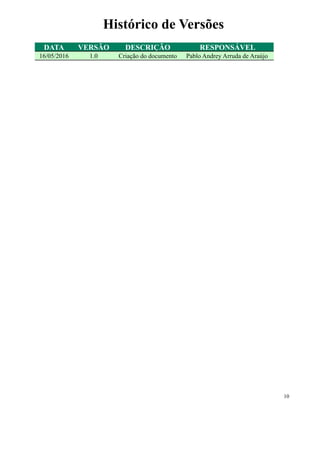 Histórico de Versões
DATA VERSÃO DESCRIÇÃO RESPONSÁVEL
16/05/2016 1.0 Criação do documento Pablo Andrey Arruda de Araújo
10
 