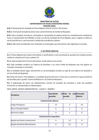 MINISTÉRIO DA JUSTIÇA
DEPARTAMENTO DE POLÍCIA RODOVIÁRIA FEDERAL
DIREÇÃO GERAL
13
8.22. O tempo total de realização da Prova Objetiva será de 3 horas e 30 minutos.
8.22.1. O tempo de duração da prova inclui o preenchimento do Cartão de Respostas.
8.23. Toda e qualquer ocorrência, reclamação ou necessidade de registro deverá ser imediatamente manifesta ao
fiscal ou representante da FUNCAB, no local e no dia da realização da Prova Objetiva, para o registro na folha ou
ata de ocorrências e, caso necessário, adoção das providências cabíveis.
8.23.1. Não serão consideradas nem analisadas as reclamações que não tenham sido registradas na ocasião.
9. DA PROVA OBJETIVA
9.1. A Prova Objetiva terá caráter eliminatório e classificatório e será constituída de questões de múltipla escolha,
conforme o Quadro de Provas, subitem 9.5.
9.1.1. Cada questão terá 5 (cinco) alternativas, sendo apenas uma correta.
9.2. Cada candidato receberá um Caderno de Questões e um único Cartão de Respostas que não poderá ser
rasurado, amassado ou manchado.
9.3. O candidato deverá seguir atentamente as recomendações contidas na capa de seu Caderno de Questões e
em seu Cartão de Respostas.
9.4. Antes de iniciar a Prova Objetiva, o candidato deverá transcrever a frase que se encontra na capa do Caderno
de Questões para o quadro “Exame Grafotécnico” do Cartão de Respostas.
9.5. A organização da prova, seu detalhamento, número de questões por disciplina e valor das questões
encontram-se representados na tabela abaixo:
NÍVEL MÉDIO: AGENTE ADMINISTRATIVO – CLASSE A - PADRÃO I
Disciplinas
Quantidade de
questões
Valor de cada
questão
Pontuação
Máxima
Conhecimentos Básicos
Língua Portuguesa 12 2 24
Ética e Conduta Pública 6 1 6
Raciocínio Lógico 6 1 6
Conhecimentos Específicos
Noções de Direito Constitucional 6 1,5 9
Noções de Direito Administrativo 6 1,5 9
 