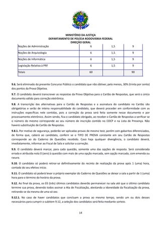 MINISTÉRIO DA JUSTIÇA
DEPARTAMENTO DE POLÍCIA RODOVIÁRIA FEDERAL
DIREÇÃO GERAL
14
Noções de Administração 6 1,5 9
Noções de Arquivologia 6 1,5 9
Noções de Informática 6 1,5 9
Legislação Relativa à PRF 6 1,5 9
Totais 60 90
9.6. Será eliminado do presente Concurso Público o candidato que não obtiver, pelo menos, 30% (trinta por cento)
dos pontos da Prova Objetiva.
9.7. O candidato deverá transcrever as respostas da Prova Objetiva para o Cartão de Respostas, que será o único
documento válido para correção eletrônica.
9.8. A transcrição das alternativas para o Cartão de Respostas e a assinatura do candidato no Cartão são
obrigatórias e serão de inteira responsabilidade do candidato, que deverá proceder em conformidade com as
instruções específicas nele contidas, pois a correção da prova será feita somente nesse documento e por
processamento eletrônico. Assim sendo, fica o candidato obrigado, ao receber o Cartão de Respostas a verificar se
o número do mesmo corresponde ao seu número de inscrição contido no COCP e na Lista de Presença. Não
haverá substituição de Cartão de Respostas.
9.8.1. Por motivo de segurança, poderão ser aplicadas provas de mesmo teor, porém com gabaritos diferenciados,
de forma que, caberá ao candidato, conferir se o TIPO DE PROVA constante em seu Cartão de Respostas
corresponde ao do Caderno de Questões recebido. Caso haja qualquer divergência, o candidato deverá,
imediatamente, informar ao Fiscal de Sala e solicitar a correção.
9.9. O candidato deverá marcar, para cada questão, somente uma das opções de resposta. Será considerada
errada e atribuída nota 0 (zero) à questão com mais de uma opção marcada, sem opção marcada, com emenda ou
rasura.
9.10. O candidato só poderá retirar-se definitivamente do recinto de realização da prova após 1 (uma) hora,
contada do seu efetivo início.
9.11. O candidato só poderá levar o próprio exemplar do Caderno de Questões se deixar a sala a partir de 1 (uma)
hora para o término do horário da prova.
9.12. Ao final da prova, os 03 (três) últimos candidatos deverão permanecer na sala até que o último candidato
termine sua prova, devendo todos assinar a Ata de Fiscalização, atestando a idoneidade da fiscalização da prova,
retirando-se da mesma de uma só vez.
9.12.1. No caso de haver candidatos que concluam a prova ao mesmo tempo, sendo um ou dois desses
necessários para cumprir o subitem 9.12, a seleção dos candidatos será feita mediante sorteio.
 