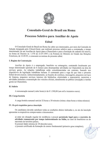 CONSULADO-GERAL DO BRASIL EM ROMA- PROCESSO SELETIVO PARA AUXILIAR DE APOIO