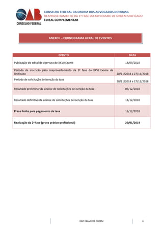 CONSELHO FEDERAL DA ORDEM DOS ADVOGADOS DO BRASIL
REAPROVEITAMENTO DA 1ª FASE DO XXVI EXAME DE ORDEM UNIFICADO
EDITAL COMPLEMENTAR
XXVI EXAME DE ORDEM 6
EVENTO DATA
Publicação do edital de abertura do XXVII Exame 18/09/2018
Período de inscrição para reaproveitamento da 1ª fase do XXVI Exame de
Unificado 20/11/2018 a 27/11/2018
Período de solicitação de isenção da taxa
20/11/2018 a 27/11/2018
Resultado preliminar da análise de solicitações de isenção da taxa 06/12/2018
Resultado definitivo da análise de solicitações de isenção da taxa 14/12/2018
Prazo limite para pagamento da taxa 19/12/2018
Realização da 2ª fase (prova prático-profissional) 20/01/2019
ANEXO I – CRONOGRAMA GERAL DE EVENTOS
 