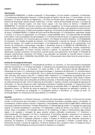 19
CONHECIMENTOS ESPECÍFICOS
CLASSE E
Administrador
I MATEMÁTICA FINANCEIRA. 1.1 Razão e proporção. 1.2 Porcentagem. 1.3 Juros simples e compostos. 1.4 Descontos.
1.5 Fundamentos de Matemática Financeira. 1.6 Remuneração de Capital e Taxa de Juros. 1.7 Juros Simples. 1.8 Juros
Compostos. 1.9 Séries Uniformes de Pagamentos. 1.10 Séries de Parcelas Iguais: Antecipadas e Postecipadas. 1.11
Sistemas de Amortização: Sistema Francês, Tabela Price. 1.12 SAC - Sistema de Amortização Constante. 1.13 Fluxos de
Caixa. 1.14 Valor Presente Líquido. 1.15 Valor Futuro Líquido. 1.16 Taxa Interna de Retorno. II NOÇÕES DE
INFORMÁTICA. 2.1 Conceito de internet e intranet e principais navegadores. 2.2 Principais aplicativos comerciais para
edição de textos e planilhas, para correio eletrônico, para apresentações de slides e para geração de material escrito,
visual e sonoro, entre outros. 2.3 Rotinas de proteção e segurança. 2.4 Conceitos de organização de arquivos e métodos
de acesso. III ADMINISTRAÇÃO. 3.1 Noções de Teoria Geral da Administração. 3.1.1 Planejamento, organização, direção
e controle. 3.1.2 Ética nas organizações. 3.1.3 Princípios e responsabilidade social. 3.1.4 Administração da qualidade
(como definir, custos da qualidade e da não qualidade). 3.1.5 Acordos de nível de serviço. 3.2 Logística e gerenciamento
de cadeias de suprimento. 3.2.1 Conceitos gerais de compras. 3.2.2 Noções de comércio eletrônico. 3.2.3 Modalidades
de transporte. 3.2.4 Noções de gestão de estoques. 3.2.5 Planejamento e previsão de estoques. 3.2.6 Métodos de
controle de estoque. 3.2.7 Noções de Armazenagem. 3.2.8 Organização e manutenção de um almoxarifado. 3.2.9
Técnicas de recebimento, movimentação, estocagem e distribuição material. IV NOÇÕES DE CONTABILIDADE. 4.1
Conceito, objetivo e finalidades. 4.2 Receita, despesa, custos e resultados. 4.3 Patrimônio: conceito, componentes,
variações e configurações. 4.4 Contas: conceito, estrutura e espécies. 4.5 Apuração de resultados: amortização,
depreciação, exaustão e provisões. 4.6 Lucro bruto, custo de vendas, lucro operacional e lucro líquido. 4.7 Avaliação de
estoques, Levantamentos, Inventários. 4.8 Tributos e suas aplicações nas aquisições no mercado interno e externo:
noções de ICMS, IPI, ISS, II, PIS/COFINS, CSLL,IR,CPMF, CIDE. 4.9 Documentos fiscais (Nota fiscal de venda de bens e
serviços – modelos válidos).
Analista de Tecnologia da Informação
Tema I: Infraestrutura de Servidores: 1. Virtualização de servidores. 1.1. Conceitos. 1.2. Para-virtualização e virtualização
total (full virtualization). 1.3. Principais tecnologias. 2. Subsistemas de armazenamento de dados (storage): DAS, NAS e
SAN. 2.1. Padrões de disco e de interfaces. 2.2. Níveis de RAID. 3. ILM – Information Lifecycle Management. 4.
Computação em nuvem. 4.1. Fundamentos e principais tecnologias. 5. Arquitetura de Datacenter. 5.1. Conceitos básicos
e principais tecnologias. 5.2. Norma EIA/TIA 942. Tema II: Redes de Computadores: 1. Balanceamento de carga: round
robin, first alive, least session e least RTT. 2. Telefonia TDM e Telefonia IP. 2.1. Fundamentos de qualidade de voz em
redes IP. 2.2. Protocolos Real-time Transport Protocol, Secure Real-time Transport Protocol, H323, Session Initiation
Protocol. 2.3 Interconexão com a rede pública de telefonia comutada. 3. Protocolos de gerência de rede. 4. Ferramentas
de análise de pacotes de rede. Tema III: Segurança da Informação: 1. Padrões, controles e tecnologias de segurança da
informação. 1.1. Tipos de ataques em redes e aplicações corporativas e medidas de proteção. 1.2. Segurança de redes
de computadores. 1.3. Segurança de de servidores. 1.4. Segurança de aplicações WEB. 1.5. Segurança de endpoints e
dispositivos móveis. 1.6. Técnicas de testes de segurança. 1.7. Testes de segurança em aplicações e sistemas. 1.8.
Hardening. 2. Fundamentos de Criptografia. 2.1. Criptografia simétrica e Assimétrica. 2.2. Funções de Hash. 2.3.
Certificação Digital. 2.4. Infraestrutura de chaves públicas. 2.5. ICP-Brasil.
Arquiteto
1 Desenho arquitetônico. 1.1 Sistemas estruturais. 1.2 Estática dos corpos rígidos e elásticos. 1.3 Estruturas de concreto
armado. 1.4 Estruturas de aço e de madeira. 1.5 Conforto ambiental, iluminação e ventilação natural. 1.6 Insolação. 1.7
Luminotécnica, conforto acústico e térmico. 2 Ergonomia. 3 Acessibilidade universal (Norma ABNT 9050). 4 Materiais de
construção e elementos construtivos. 5 Projeto Arquitetônico. 5.1 Metodologia de projeto. 5.2 Tipologias de organização
espacial. 5.3 Partido arquitetônico e construtivo. 5.4 Implantação e analise do terreno e do entorno. 5.5 Estudo de
acessos, fluxos e circulações. 5.6 Instalações elétricas em BT, telefônicas, de lógica e hidrossanitárias (água potável,
esgoto e de captação e drenagem de águas pluviais) em/para edificações convencionais. 5.7 Coberturas e
impermeabilização. 5.8 Esquadrias. 5.9 Pisos e revestimentos. 6 Informática aplicada a arquitetura e ao urbanismo.
Programas de software básicos para uso em escritório e AutoCAD. 7 Topografia, cortes, aterros e calculo de
movimentação de terra. 8 Legislação ambiental e urbana. 9 Projetos de interiores para ambientes corporativos e
industriais. 10 Paisagismo. 11 Comunicação visual. 12 Instalações de prevenção e combate a incêndio pânico. 13
Orçamentos de obras e serviços de engenharia. 14 Normas brasileiras afins a projetos e obras. 15 Código de obras e
licenciamento. 16 Metodologia para analise de projetos de arquitetura e instalações.
 