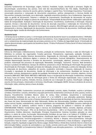 20
Arquivista
Conceitos fundamentais de Arquivologia, origem, histórico, finalidade, função, classificação e princípios. Órgãos de
documentação: características dos acervos. Ciclo vital dos documentos/Teoria das Três Idades. Classificação dos
documentos: princípios, natureza do assunto, gênero, tipologia e suporte físico. Terminologia Arquivística. Preservação,
conservação preventiva e restauração de documentos arquivísticos: política, planejamento e técnicas. Gestão de
Documentos: produção, tramitação, uso e destinação. Legislação arquivística brasileira: leis e fundamentos. Segurança e
sigilo na gestão de documentos. Sistemas e métodos de arquivamento. Classificação de documentos de arquivo:
elaboração e aplicação de códigos ou planos de classificação. Temporalidade de documentos: elaboração e aplicação da
tabela de temporalidade. Avaliação e destinação de documentos: transferência, recolhimento e eliminação. Arquivos
especiais. Arranjo e descrição de documentos: normas de descrição arquivística e elaboração de instrumentos de
pesquisa. Acesso à informação. Aplicação de tecnologias nos arquivos. Microfilmagem aplicada aos arquivos: políticas,
planejamento e técnicas. Digitalização de documentos. Gerenciamento eletrônico de documentos. Certificação digital.
Preservação digital. Gestão da informação e do Conhecimento.
Assistente Social
1 O Serviço Social na América Latina; 1.1 A formação profissional do Assistente Social na sociedade brasileira. 2 Reflexões
e atitudes que possibilitam uma prática profissional mais dinâmica. 3 Leis integracionistas e inclusivas. 4 O Serviço Social
com o compromisso da implementação dos princípios previstos em lei. 5 Política de Seguridade Social. 6 Construção do
sistema descentralizado e participativo de Assistência Social. 7 Prática Profissional X Prática Social X Prática Institucional.
Ética profissional.
Bibliotecário-Documentalista
Ciência da informação e biblioteconomia: Conceitos, produção do conhecimento. Sistemas e redes de informação. A
biblioteca no contexto das organizações. Funções gerenciais. Planejamento, organização, avaliação, formação e
desenvolvimento de coleções. Sistemas documentários. Organização da informação: organização do conhecimento,
bibliotecas tradicionais, bibliotecas digitais e sistemas de hipertextos. Controle bibliográfico. Desenvolvimento de
coleções. Representação descritiva e temática de documentos: conceituação, objetivos, processos, instrumentos e
produtos. Automação dos processos de organização. Metadados. Ontologias. Taxonomia. Tesauros. Web Semântica.
Serviços e produtos de bibliotecas. Serviços de referência: presencial e virtual. Marketing da informação. Recuperação e
disseminação da informação. Indexação: princípios de indexação, serviços de indexação, a prática da indexação, técnica
de elaboração de descritores, cabeçalhos de assunto, vocabulário controlado e tesauros, elaboração de resumos.
Circulação e reprodução de documentos. Gestão da informação e do conhecimento. Qualidade em Serviços de
Informação: controle, planejamento e gestão de qualidade. Normalização de documentos: conceitos, objetivos, normas
brasileiras (NBR 6023, NBR 10520, NBR 6032 e NBR 6028). Busca e recuperação da Informação: fundamentos, estratégia
de busca, busca em textos. Fontes de informação gerais e fontes de informação especializada. Usos e usuários da
Informação: estudo de usuários, métodos, técnicas, estudos de uso e educação de usuários. Classificação: catálogo de
assunto, termos principais, relacionados e remissivas. Classificação. Catalogação: AACR2. Serviços e produtos de acesso à
informação: redes, sistemas, bancos e bases de dados.
Contador
CONTABILIDADE GERAL: Fundamentos conceituais de contabilidade: conceito, objeto, finalidade, usuários e princípios
contábeis; Patrimônio: conceito, elementos e equação patrimonial; fundamentos conceituais de ativo, passivo, receita e
despesa; Procedimentos Contábeis Básicos: plano de contas, fatos contábeis, lançamentos e escrituração;
Demonstrações Contábeis de que trata a Lei Federal nº a Lei 6.404/76 e suas alterações posteriores: Balanço
Patrimonial, Demonstração dos Lucros e Prejuízos Acumulados, Demonstração do Resultado do Exercício, Demonstração
dos Fluxos de Caixa, Demonstração do Valor Adicionado; Análise das Demonstrações Contábeis: análise horizontal,
análise vertical, liquidez, endividamento, análise da rotatividade e da rentabilidade. AUDITORIA: Conceito e definição de
auditoria; normas de auditoria; auditoria interna e externa; programas de auditoria e relatórios de auditora.
CONTABILIDADE PÚBLICA: Fundamentos legais e técnicos de Contabilidade Pública: conceito, objetivos, princípios;
Planejamento: Plano Plurianual – PPA, Lei de Diretrizes Orçamentárias – LDO e Lei Orçamentária Anual – LOA; Ciclo
Orçamentário; Créditos Adicionais: classificação; Princípios Orçamentários; Sistemas Contábeis aplicados ao setor
público e o plano de contas; Escrituração; Demonstrações Contábeis de que trata a Lei Federal nº 4.320/64 e suas
alterações posteriores; Classificações Orçamentárias: classificação legal da receita e classificação legal da despesa –
classificação institucional, funcional-programática e econômica; Receita e Despesa extra-orçamentárias; Execução
Orçamentária: fases da receita – previsão, lançamento, arrecadação e recolhimento, e fases da despesa – programação,
licitação, empenho, liquidação e pagamento; Restos a pagar; Dívida Pública e Dívida Ativa; Controle Interno e Externo da
Administração Pública: conceito de controladoria e sua missão, controle externo pelo Tribunal de Contas e pelo Poder
Legislativo. LEGISLAÇÃO: Lei Complementar Federal nº 101/2000 e suas alterações posteriores – Lei de Responsabilidade
 