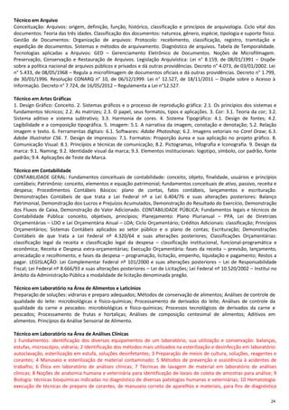 24
Técnico em Arquivo
Conceituação: Arquivos: origem, definição, função, histórico, classificação e princípios de arquivologia. Ciclo vital dos
documentos: Teoria das três idades. Classificação dos documentos: natureza, gênero, espécie, tipologia e suporte físico.
Gestão de Documentos: Organização de arquivos: Protocolo: recebimento, classificação, registro, tramitação e
expedição de documentos. Sistemas e métodos de arquivamento. Diagnóstico de arquivos. Tabela de Temporalidade.
Tecnologias aplicadas a Arquivos: GED – Gerenciamento Eletrônico de Documentos. Noções de Microfilmagem.
Preservação, Conservação e Restauração de Arquivos. Legislação Arquivística: Lei n° 8.159, de 08/01/1991 – Dispõe
sobre a política nacional de arquivos públicos e privados e dá outras providências. Decreto n° 4.073, de 03/01/2002. Lei
n° 5.433, de 08/05/1968 – Regula a microfilmagem de documentos oficiais e dá outras providências. Decreto n° 1.799,
de 30/01/1996. Resolução CONARQ n° 10, de 06/12/1999. Lei n° 12.527, de 18/11/2011 – Dispõe sobre o Acesso à
Informação. Decreto n° 7.724, de 16/05/2012 – Regulamenta a Lei n°12.527.
Técnico em Artes Gráficas
1. Design Gráfico: Conceito. 2. Sistemas gráficos e o processo de reprodução gráfica: 2.1. Os princípios dos sistemas e
fundamentos técnicos; 2.2. As matrizes; 2.3. O papel, seus formatos, tipos e aplicações. 3. Cor: 3.1. Teoria da cor; 3.2.
Sistema aditivo e sistema subtrativo; 3.3. Harmonia de cores. 4. Sistema Tipográfico: 4.1. Design de fontes; 4.2.
Legibilidade e a composição tipográfica. 5. Imagem: 5.1. A narrativa da imagem, conotação e denotação; 5.2. Relação
imagem e texto. 6. Ferramentas digitais: 6.1. Softwares: Adobe Photoshop; 6.2. Imagens vetoriais no Corel Draw; 6.3.
Adobe Illustrator CS6. 7. Design de impressos: 7.1. Formatos: Proporção áurea e sua aplicação no projeto gráfico. 8.
Comunicação Visual: 8.1. Princípios e técnicas de comunicação; 8.2. Pictogramas, Infografia e Iconografia. 9. Design da
marca: 9.1. Naming; 9.2. Identidade visual da marca; 9.3. Elementos institucionais: logotipo, símbolo, cor padrão, fonte
padrão; 9.4. Aplicações de Teste da Marca.
Técnico em Contabilidade
CONTABILIDADE GERAL: Fundamentos conceituais de contabilidade: conceito, objeto, finalidade, usuários e princípios
contábeis; Patrimônio: conceito, elementos e equação patrimonial; fundamentos conceituais de ativo, passivo, receita e
despesa; Procedimentos Contábeis Básicos: plano de contas, fatos contábeis, lançamentos e escrituração.
Demonstrações Contábeis de que trata a Lei Federal nº a Lei 6.404/76 e suas alterações posteriores: Balanço
Patrimonial, Demonstração dos Lucros e Prejuízos Acumulados, Demonstração do Resultado do Exercício, Demonstração
dos Fluxos de Caixa, Demonstração do Valor Adicionado. CONTABILIDADE PÚBLICA: Fundamentos legais e técnicos de
Contabilidade Pública: conceito, objetivos, princípios; Planejamento: Plano Plurianual – PPA, Lei de Diretrizes
Orçamentárias – LDO e Lei Orçamentária Anual – LOA; Ciclo Orçamentário; Créditos Adicionais: classificação; Princípios
Orçamentários; Sistemas Contábeis aplicados ao setor público e o plano de contas; Escrituração; Demonstrações
Contábeis de que trata a Lei Federal nº 4.320/64 e suas alterações posteriores; Classificações Orçamentárias:
classificação legal da receita e classificação legal da despesa – classificação institucional, funcional-programática e
econômica; Receita e Despesa extra-orçamentárias; Execução Orçamentária: fases da receita – previsão, lançamento,
arrecadação e recolhimento, e fases da despesa – programação, licitação, empenho, liquidação e pagamento; Restos a
pagar. LEGISLAÇÃO: Lei Complementar Federal nº 101/2000 e suas alterações posteriores – Lei de Responsabilidade
Fiscal; Lei Federal nº 8.666/93 e suas alterações posteriores – Lei de Licitações; Lei Federal nº 10.520/2002 – Institui no
âmbito da Administração Pública a modalidade de licitação denominada pregão.
Técnico em Laboratório na Área de Alimentos e Laticínios
Preparação de soluções: vidrarias e preparo adequados; Métodos de conservação de alimentos; Análises de controle de
qualidade do leite: microbiológicas e físico-químicas; Processamento de derivados do leite; Análises de controle da
qualidade da carne e pescados: microbiológicas e físico-químicas; Processos tecnológicos de derivados da carne e
pescados; Processamento de frutas e hortaliças; Análises de composição centesimal de alimentos; Aditivos em
alimentos. Princípios da Análise Sensorial de Alimento.
Técnico em Laboratório na Área de Análises Clínicas
1 Fundamentos: identificação dos diversos equipamentos de um laboratório, sua utilização e conservação: balanças,
estufas, microscópio, vidraria; 2 Identificação dos métodos mais utilizados na esterilização e desinfecção em laboratório:
autoclavação, esterilização em estufa, soluções desinfetantes; 3 Preparação de meios de cultura, soluções, reagentes e
corantes; 4 Manuseio e esterilização de material contaminado; 5 Métodos de prevenção e assistência à acidentes de
trabalho; 6 Ética em laboratório de análises clínicas; 7 Técnicas de lavagem de material em laboratório de análises
clínicas; 8 Noções de anatomia humana e veterinária para identificação de locais de coleta de amostras para análise; 9
Biologia: técnicas bioquímicas indicadas no diagnóstico de diversas patologias humanas e veterinárias; 10 Hematologia:
execução de técnicas de preparo de corantes, de manuseio correto de aparelhos e materiais, para fins de diagnóstico
 