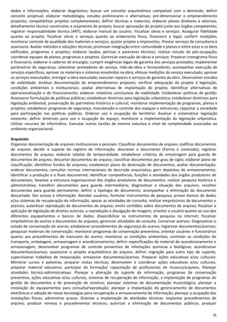30
dados e informações; elaborar diagnóstico; buscar um conceito arquitetônico compatível com a demanda; definir
conceito projetual; elaborar metodologia, estudos preliminares e alternativas; pré-dimensionar o empreendimento
proposto; compatibilizar projetos complementares; definir técnicas e materiais; elaborar planos diretores e setoriais,
detalhamento técnico construtivo e orçamento do projeto; buscar aprovação do projeto junto aos órgãos competentes;
registrar responsabilidade técnica (ART); elaborar manual do usuário. Fiscalizar obras e serviços: Assegurar fidelidade
quanto ao projeto; fiscalizar obras e serviços quanto ao andamento físico, financeiro e legal; conferir medições;
monitorar controle de qualidade dos materiais e serviços; ajustar projeto a imprevistos. Prestar serviços de consultoria e
assessoria: Avaliar métodos e soluções técnicas; promover integração entre comunidade e planos e entre estas e os bens
edificados, programas e projetos; elaborar laudos, perícias e pareceres técnicos; realizar estudo de pós-ocupação;
coordenar equipes de planos, programas e projetos. Gerenciar execução de obras e serviços: Preparar cronograma físico
e financeiro; elaborar o caderno de encargos; cumprir exigências legais de garantia dos serviços prestados; implementar
parâmetros de segurança; selecionar prestadores de serviço, mão-de-obra e fornecedores; acompanhar execução de
serviços específicos; aprovar os materiais e sistemas envolvidos na obra; efetuar medições do serviço executado; aprovar
os serviços executados; entregar a obra executada; executar reparos e serviços de garantia da obra. Desenvolver estudos
de viabilidade: Analisar documentação do empreendimento proposto; verificar adequação do projeto à legislação,
condições ambientais e institucionais; avaliar alternativas de implantação do projeto; Identificar alternativas de
operacionalização e de financiamento; elaborar relatórios conclusivos de viabilidade. Estabelecer políticas de gestão:
Assessorar formulação de políticas públicas; estabelecer diretrizes para legislação urbanística; estabelecer diretrizes para
legislação ambiental, preservação do patrimônio histórico e cultural; monitorar implementação de programas, planos e
projetos; estabelecer programas de segurança, manutenção e controle dos espaços e estruturas; capacitar a sociedade
para participação nas políticas públicas. Ordenar uso e ocupação do território: Analisar e sistematizar legislação
existente; definir diretrizes para uso e ocupação do espaço; monitorar a implementação da legislação urbanística.
Utilizar recursos de Informática. Executar outras tarefas de mesma natureza e nível de complexidade associadas ao
ambiente organizacional.
Arquivista
Organizar documentação de arquivos institucionais e pessoais: Classificar documentos de arquivo; codificar documentos
de arquivo; decidir o suporte do registro de informação; descrever o documento (Forma e conteúdo); registrar
documentos de arquivo; elaborar tabelas de temporalidade; estabelecer critérios de amostragem para guarda de
documentos de arquivo; descartar documentos de arquivo; classificar documentos por grau de sigilo; elaborar plano de
classificação; identificar fundos de arquivos; estabelecer plano de destinação de documentos; avaliar documentação;
ordenar documentos; consultar normas internacionais de descrição arquivística; gerir depósitos de armazenamento;
identificar a produção e o fluxo documental; identificar competências, funções e atividades dos órgãos produtores de
documentos; levantar a estrutura organizacional dos órgãos produtores de documentos; realizar pesquisa histórica e
administrativa; transferir documentos para guarda intermediária; diagnosticar a situação dos arquivos; recolher
documentos para guarda permanente; definir a tipologia do documento; acompanhar a eliminação do documento
descartado. Dar acesso à informação: Atender usuários; formular instrumentos de pesquisa; prover bancos de dados
e/ou sistemas de recuperação de informação; apoiar as atividades de consulta; realizar empréstimos de documentos e
acervos; autenticar reprodução de documentos de arquivo; emitir certidões sobre documentos de arquivo; fiscalizar a
aplicação de legislação de direitos autorais, a reprodução e divulgação de imagens; orientar o usuário quanto ao uso dos
diferentes equipamentos e bancos de dados; disponibilizar os instrumentos de pesquisa na internet; fiscalizar
empréstimos do acervo e documentos de arquivos; gerenciar atividades de consulta. Conservar acervos: Diagnosticar o
estado de conservação do acervo; estabelecer procedimentos de segurança do acervo; higienizar documentos/acervos;
pesquisar materiais de conservação; monitorar programas de conservação preventiva; orientar usuários e funcionários
quanto aos procedimentos de manuseio do acervo; monitorar as condições ambientais; controlar as condições de
transporte, embalagem, armazenagem e acondicionamento; definir especificações de material de acondicionamento e
armazenagem; desenvolver programas de controle preventivo de infestações químicas e biológicas; acondicionar
documentos/acervos; assessorar o projeto arquitetônico do arquivo; definir migração para outro tipo de suporte;
supervisionar trabalhos de restauração; armazenar documentos/acervos. Preparar ações educativas e/ou culturais:
Ministrar cursos e palestras; preparar visitas técnicas; desenvolver e coordenar ações educativas e/ou culturais;
preparar material educativo; participar da formação/ capacitação de profissionais de museus/arquivos. Planejar
atividades técnico-administrativas: Planejar a alteração do suporte da informação, programas de conservação
preventiva, ações educativas e/ou culturais, sistemas de recuperação de informação, a implantação de programas de
gestão de documentos e de prevenção de sinistros; planejar sistemas de documentação musicológica; planejar a
instalação de equipamentos para consulta/reprodução; planejar a implantação do gerenciamento de documentos
eletrônicos e adoção de novas tecnologias para recuperação e armazenamento da informação; planejar a ocupação das
instalações físicas; administrar prazos. Orientar a implantação de atividades técnicas: Implantar procedimentos de
arquivo; produzir normas e procedimentos técnicos; autorizar a eliminação de documentos públicos; produzir
 