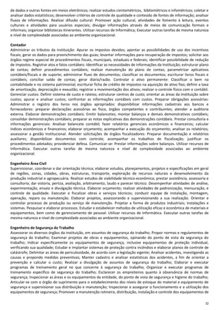 32
de dados e outras fontes em meios eletrônicos; realizar estudos cientométricos, bibliométricos e infométricos; coletar e
analisar dados estatísticos; desenvolver critérios de controle de qualidade e conteúdo de fontes de informação; analisar
fluxos de informações. Realizar difusão cultural: Promover ação cultural, atividades de fomento à leitura, eventos
culturais e atividades para usuários especiais; divulgar informações através de meios de comunicação formais e
informais; organizar bibliotecas itinerantes. Utilizar recursos de Informática; Executar outras tarefas de mesma natureza
e nível de complexidade associadas ao ambiente organizacional.
Contador
Administrar os tributos da instituição: Apurar os impostos devidos; apontar as possibilidades de uso dos incentivos
fiscais; gerar os dados para preenchimento das guias; levantar informações para recuperação de impostos; solicitar aos
órgãos regime especial de procedimentos fiscais, municipais, estaduais e federais; identificar possibilidade de redução
de impostos. Registrar atos e fatos contábeis: Identificar as necessidades de informações da Instituição; estruturar plano
de contas; definir procedimentos contábeis; realizar manutenção do plano de contas; parametrizar aplicativos
contábeis/fiscais e de suporte; administrar fluxo de documentos; classificar os documentos; escriturar livros fiscais e
contábeis; conciliar saldo de contas; gerar diário/razão. Controlar o ativo permanente: Classificar o bem na
contabilidade e no sistema patrimonial; escriturar ficha de crédito de impostos na aquisição de ativo fixo; definir a taxa
de amortização, depreciação e exaustão; registrar a movimentação dos ativos; realizar o controle físico com o contábil.
Gerenciar custos: Definir sistema de custo e rateios; estruturar centros de custo; orientar as áreas da Instituição sobre
custos; apurar e analisar custos; confrontar as informações contábeis com custos. Preparar obrigações acessórias:
Administrar o registro dos livros nos órgãos apropriados: disponibilizar informações cadastrais aos bancos e
fornecedores: preparar declarações acessórias ao fisco, órgãos competentes e contribuintes; atender a auditoria
externa. Elaborar demonstrações contábeis: Emitir balancetes; montar balanços e demais demonstrativos contábeis;
consolidar demonstrações contábeis; preparar as notas explicativas das demonstrações contábeis. Prestar consultoria e
informações gerenciais: Analisar balancete contábil; fazer relatórios gerenciais econômicos e financeiros; calcular
índices econômicos e financeiros; elaborar orçamento; acompanhar a execução do orçamento; analisar os relatórios;
assessorar a gestão Institucional. Atender solicitações de órgãos fiscalizadores: Preparar documentação e relatórios
auxiliares; disponibilizar documentos com controle; acompanhar os trabalhos de fiscalização; justificar os
procedimentos adotados; providenciar defesa. Comunicar-se: Prestar informações sobre balanços. Utilizar recursos de
Informática. Executar outras tarefas de mesma natureza e nível de complexidade associadas ao ambiente
organizacional.
Engenheiro Área Civil
Supervisionar, coordenar e dar orientação técnica; elaborar estudos, planejamentos, projetos e especificações em geral
de regiões, zonas, cidades, obras, estruturas, transporte, exploração de recursos naturais e desenvolvimento da
produção industrial e agropecuária. Realizar estudos de viabilidade técnico-econômica; prestar assistência, assessoria e
consultoria; dar vistoria, perícia, avaliação, arbitramento, laudo e parecer técnico. Desempenhar atividades de análise,
experimentação, ensaio e divulgação técnica. Elaborar orçamento; realizar atividades de padronização, mensuração, e
controle de qualidade. Executar e fiscalizar obras e serviços técnicos; conduzir equipe de instalação, montagem,
operação, reparo ou manutenção. Elaborar projetos, assessorando e supervisionando a sua realização. Orientar e
controlar processo de produção ou serviço de manutenção. Projetar a forma de produtos industriais; instalações e
sistemas. Pesquisar e elaborar processos. Estudar e estabelecer métodos de utilização eficaz e econômica de materiais e
equipamentos, bem como de gerenciamento de pessoal. Utilizar recursos de Informática. Executar outras tarefas de
mesma natureza e nível de complexidade associadas ao ambiente organizacional.
Engenheiro de Segurança do Trabalho
Assessorar os diversos órgãos da instituição, em assuntos de segurança do trabalho; Propor normas e regulamentos de
segurança do trabalho; Examinar projetos de obras e equipamentos, opinando do ponto de vista da segurança do
trabalho; Indicar especificamente os equipamentos de segurança, inclusive equipamentos de proteção individual,
verificando sua qualidade; Estudar e implantar sistemas de proteção contra incêndios e elaborar planos de controle de
catástrofe; Delimitar as áreas de periculosidade, de acordo com a legislação vigente; Analisar acidentes, investigando as
causas e propondo medidas preventivas; Manter cadastro e analisar estatísticas dos acidentes, a fim de orientar a
prevenção e calcular o custo; Realizar a divulgação de assuntos de segurança do trabalho; Elaborar e executar
programas de treinamento geral no que concerne à segurança do trabalho; Organizar e executar programas de
treinamento específico de segurança do trabalho; Esclarecer os empreiteiros quanto à observância de normas de
segurança; Inspecionar as áreas e os equipamentos da entidade, do ponto de vista de segurança e higiene do trabalho;
Articular-se com o órgão de suprimento para o estabelecimento dos níveis de estoque do material e equipamento de
segurança e supervisionar sua distribuição e manutenção; Inspecionar e assegurar o funcionamento e a utilização dos
equipamentos de segurança; Promover a manutenção rotineira, distribuição, instalação e controle dos equipamentos de
 
