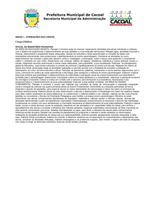 Prefeitura Municipal de Cacoal
Secretaria Municipal de Administração
ANEXO I – ATRIBUIÇÕES DOS CARGOS
Cargos Públicos
OFICIAL DO MAGISTÉRIO PEDAGOGO
NA ÁREA DA EDUCAÇÃO INFANTIL: Planejar e ministrar aulas às crianças, organizando atividades educativas individuais e coletivas,
com o objetivo de proporcionar o desenvolvimento de suas aptidões e a sua evolução harmoniosa; Planejar jogos, atividades musicais e
rítmicas, selecionando e preparando textos adequados, através de consultas e obras especificadas ou trocadas de idéias com
orientadores educacionais, para proporcionar o aperfeiçoamento do ensino-aprendizagem; Coordenar as atividades do curso,
desenvolvendo nas crianças o gosto pelo desenho, pintura, modelagem, conversação, canto e dança, para ajudá-las a compreender
melhor o ambiente em que vivem; Desenvolver nas crianças, hábitos de higiene, obediência, tolerância e outros atributos morais e
sociais, integrando recursos audiovisuais e outros meios adequados, para possibilitar a sua socialização; Participar do planejamento
global da Secretaria, para formar subsídios no sentido de promover o aperfeiçoamento do ensino pré-escolar; Registrar em diários de
classe e/ou fichas apropriadas todas as atividades realizadas no período escolar com a finalidade de proceder a avaliação do
desempenho do curso, de forma eficiente e eficaz; Participar de seminários, palestras, treinamento e outros eventos relacionados com o
curso, colocando em prática as novas experiências e tecnologia, para assegurar a melhoria do ensino-aprendizagem; Elaborar e aplicar
exercícios práticos que possibilitem o desenvolvimento da matricidade e percepção visual da criança favorecendo sua maturidade e
prontidão para a aprendizagem; Desenvolver a faculdade criativa na criança ajudando-a a compreender, relacionar e expressar-se dentro
de uma lógica consciente; Colocar a criança em contato com a natureza, para enriquecer sua experiência, favorecendo o seu
amadurecimento e o desenvolvimento de suas potencialidades; Executar outras tarefas correlatas. NA ÁREA DO ENSINO
FUNDAMENTAL: Planejar e ministrar o ensino das matérias que compõem as faixas de comunicação e expressão, integração
social e iniciação às ciências nas quatro primeiras séries do Ensino Fundamental, transmitindo os conteúdos pertinentes de forma
integrada e através de atividades, para propiciar alunos os meios elementares de comunicação e instruí-los sobre os princípios de
conduta científica-social. Elaborar planos de aula, selecionando o assunto e determinando a metodologia com base nos objetivos fixados,
para obter melhor rendimento do ensino;Selecionar ou confeccionar o material didático a ser utilizado, valendo-se das suas próprias
aptidões ou consultando o Serviço de Orientação Pedagógica, para facilitar o processo ensino-aprendizagem; Ministrar as aulas,
transmitindo aos alunos conhecimentos elementares de linguagem, matemática, ciências sociais e ciências naturais, através das
atividades desenvolvidas a partir de experiências vivenciadas e sistematizadas, proporcionando ao educando o domínio das habilidades
fundamentais ao contato com seus semelhantes e a formação necessária ao desenvolvimento de suas potencialidades; Elaborar e aplicar
testes, provas e outras técnicas usuais de avaliação, baseando-se nas atividades e na capacidade média da classe, para verificar o
aproveitamento dos alunos e constatar a eficiência dos métodos adotados; Organizar solenidades comunicativas de fatos marcantes da
vida nacional, promovendo concursos, debates, dramatizações ou jogos, para ativar o interesse dos alunos pelos conhecimentos
históricos-sociais da pátria; Debater nas reuniões de planejamento os programas e métodos a serem adotados ou reformulados,
analisando as situações-problemas de classe sob sua responsabilidade, emitindo opiniões apresentando soluções adequadas a cada
caso; Elaborar fichas cumulativas, boletins de controle e relatórios, apoiando-se na observação do comportamento e desempenho dos
alunos, anotando as atividades efetuadas, métodos empregados e os problemas surgidos, para manter o registro de todas as situações,
com vistas a corrigir as distorções existentes; Executar outras tarefas correlatas.
 