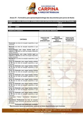 Anexo IV – Formulário para apresentação/entrega dos documentos para prova de títulos
CARGOS – NÍVEL SUPERIOR (FORMULÁRIO DE ENTREGA DOCUMENTOS DE TÍTULOS)
NOME CPF Nº
COD. CARGO TELEFONE
ASSINATURA CANDIDATO ASSINATURA RESP. PREFEITURA
CRITÉRIOS
PONTOS POR
TÍTULO
APRESENTADO
TÍTULOS
APRESENTADOS
PELO
CANDIDATO
PONTUAÇÃO
OBTIDA PELO
CANDIDATO
Doutorado (na área de atuação especifica a que
concorre) 5,0
Mestrado (na área de atuação especifica a que
concorre)
3,0
Especialização com carga horária igual ou
superior a 360 h/a (na área de atuação especifica
a que concorre)
2,0
Aperfeiçoamento com carga horária igual ou
superior a 120 h/a (na área de atuação especifica
a que concorre)
1,0
Residência (na área de atuação especifica a que
concorre)
2,0
Curso de Extensão com carga horária mínima
de 08 h/a (na área de atuação especifica a que
concorre)
0,10
Curso de Extensão com carga horária mínima
de 12 h/a (na área de atuação especifica a que
concorre)
0,20
Curso de Extensão com carga horária mínima
de 16 h/a (na área de atuação especifica a que
concorre)
0,25
Curso de Extensão com carga horária mínima
de 20 h/a (na área de atuação especifica a que
concorre)
0,30
Curso de Extensão com carga horária mínima
de 40 h/a (na área de atuação especifica a que
concorre)
0,30
Curso de Extensão com carga horária mínima
de 60 h/a (na área de atuação especifica a que
concorre)
0,40
Curso de Extensão com carga horária mínima
de 80 h/a (na área de atuação especifica a que
concorre)
0,50
Curso de Extensão com carga horária mínima
de 90 h/a (na área de atuação especifica a que
concorre)
0,60
Congressos / Feiras / Seminários / Simpósios /
Outros
1,0
Experiência Profissional (na área de atuação
especifica a que concorre), por período mínimo de
06 meses.
0,50
Pontuação total obtida pelo candidato - -
Este formulário deverá ser preenchido, conforme os títulos disponibilizados pelo Candidato,
 