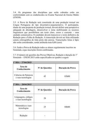 3.4. Os programas das disciplinas que serão cobrados estão em
conformidade com os estabelecidos no Exame Nacional do Ensino Médio
(ENEM).
3.5. A Prova de Redação será constituída de uma produção textual em
Língua Portuguesa do tipo dissertativo-argumentativo. O participante,
diante de uma proposta de produção textual, deverá definir uma perspectiva
adequada de abordagem, desenvolver o tema mobilizando os recursos
linguísticos que possibilitem um texto claro, coeso e coerente – uma
unidade comunicativa. O candidato deverá transcrever o texto definitivo da
Redação para a Folha de Redação. A transcrição deverá ser feita utilizando
caneta esferográfica de tinta preta não porosa. Transcrições feitas à lápis
não serão consideradas, sendo atribuída nota 0,00 (zero).
3.6. Farão a Prova de Redação todos os alunos regularmente inscritos no
Simulado, cujas inscrições forem confirmadas.
3.7. O número de questões das Provas Objetivas, Redação e duração do 1º
Simulado – ENEM 2015 estão especificados no quadro a seguir:
1º DIA – 27/04/2015
Área de
Conhecimento
Nº de Questões Duração da Prova
Ciências da Natureza
e suas tecnologias
45 03h00
2º DIA – 28/04/2015
Área de
Conhecimento
Nº de Questões Duração da Prova
Linguagens, códigos
e suas tecnologias
20
04h00
Matemática e suas
tecnologias
25
Redação -
 