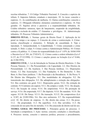 receitas tributárias. 7. O Código Tributário Nacional. 8. Conceito e espécies de
tributo. 9. Impostos federais, estaduais e municipais. 10. As taxas: conceito e
espécies. 11. As contribuições de melhoria. 12. Outras contribuições: conceito e
espécies. 13. Obrigação tributária: elementos constitutivos e espécies. 14. Fato
gerador. 15. Sujeitos ativos e passivos e a responsabilidade tributária. 16.
Crédito tributário: natureza, tipos de lançamento, suspensão da exigibilidade,
extinção e exclusão do crédito. 17. Garantias e privilégios. 18. Administração
tributária. 19. Processo Tributário Administrativo.
DIREITO PENAL. 1. Normas gerais de Direito Penal. 2. Aplicação da lei
penal no tempo e no espaço. 3. Conceito de crime e contravenção. 4. Crime:
teorias, classificação e elementos. 3. Relação de causalidade. 4. Tipo e
tipicidade. 5. Antijuridicidade. 6. Culpabilidade. 7. Crime consumado e crime
tentado. 8. Dolo e culpa. 9. Crimes contra a Administração Pública. 10. Crimes
contra a fé pública. 11. Crimes de responsabilidade (Lei nº 1.079, de 10/04/1950
e Decreto-Lei nº 201, de 27/02/67). 12. Crimes contra a ordem tributária (Lei nº
8.137, de 27/12/1990). 13. Crimes e sanções penais na licitação (Lei nº 8.666,
de 21/06/1993).
DIREITO CIVIL. 1. Lei de Introdução às Normas do Direito Brasileiro. 2. Das
Pessoas Naturais. 2.1. Da Personalidade e da Capacidade. 2.2. Dos Direitos da
Personalidade. 2.3. Da Ausência. 3. Das Pessoas Jurídicas. 3.1. Disposições
Gerais. 3.2. Das Associações. 3.3. Das Fundações. 4. Do Domicílio. 5. Dos
Bens. 6. Dos Fatos jurídicos. 7. Da Prescrição e da Decadência. 8. Da Prova. 9.
Do Direito das Obrigações. 9.1. Das modalidades de obrigações. 9.2. Da
transmissão das obrigações. 9.3. Do adimplemento e extinção das obrigações.
9.4. Dos contratos em geral. 9.4.1. Disposições gerais. 9.4.2. Da extinção do
contrato. 9.5 Contratos em espécie. 9.5.1. Da compra e venda. 9.5.2. Da doação.
9.5.3. Da locação de coisas. 9.5.4. Do empréstimo. 9.5.5. Da prestação de
serviço. 9.5.6. Da empreitada. 9.5.7. Do depósito. 9.5.8. Do mandato. 9.5.9. Do
seguro. 9.5.10. Da fiança. 9.5.11. Da transação. 9.5.12. Do compromisso (Lei
n. 9.307, de 23/09/1996). 9.6. Dos atos unilaterais. 9.7. Da responsabilidade
civil. 10. Do direito de empresa. 11. Do direito das coisas. 11.1. Da posse.
11.2. Da propriedade. 11.3. Da superfície. 11.4. Das servidões. 11.5. Da
concessão de uso para fins de moradia. 11.6. Da concessão de direito real de uso.
TEORIA GERAL DO PROCESSO. 1. Princípios gerais do processo. 2.
Jurisdição e competência. 3. Ação: teorias; conceito; condições e classificação.
4. Processo: teorias, conceito e natureza jurídica; processo e procedimento;
 