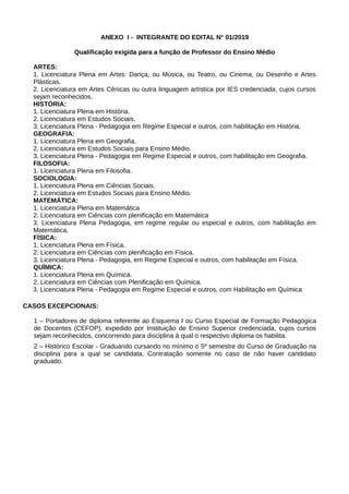 ANEXO I - INTEGRANTE DO EDITAL N° 01/2019
Qualificação exigida para a função de Professor do Ensino Médio
ARTES:
1. Licenciatura Plena em Artes: Dança, ou Música, ou Teatro, ou Cinema, ou Desenho e Artes
Plásticas.
2. Licenciatura em Artes Cênicas ou outra linguagem artística por IES credenciada, cujos cursos
sejam reconhecidos.
HISTÓRIA:
1. Licenciatura Plena em História.
2. Licenciatura em Estudos Sociais.
3. Licenciatura Plena - Pedagogia em Regime Especial e outros, com habilitação em História.
GEOGRAFIA:
1. Licenciatura Plena em Geografia.
2. Licenciatura em Estudos Sociais para Ensino Médio.
3. Licenciatura Plena - Pedagogia em Regime Especial e outros, com habilitação em Geografia.
FILOSOFIA:
1. Licenciatura Plena em Filosofia.
SOCIOLOGIA:
1. Licenciatura Plena em Ciências Sociais.
2. Licenciatura em Estudos Sociais para Ensino Médio.
MATEMÁTICA:
1. Licenciatura Plena em Matemática
2. Licenciatura em Ciências com plenificação em Matemática
3. Licenciatura Plena Pedagogia, em regime regular ou especial e outros, com habilitação em
Matemática.
FÍSICA:
1. Licenciatura Plena em Física.
2. Licenciatura em Ciências com plenificação em Física.
3. Licenciatura Plena - Pedagogia, em Regime Especial e outros, com habilitação em Física.
QUÍMICA:
1. Licenciatura Plena em Química.
2. Licenciatura em Ciências com Plenificação em Química.
3. Licenciatura Plena - Pedagogia em Regime Especial e outros, com Habilitação em Química
CASOS EXCEPCIONAIS:
1 – Portadores de diploma referente ao Esquema I ou Curso Especial de Formação Pedagógica
de Docentes (CEFOP), expedido por Instituição de Ensino Superior credenciada, cujos cursos
sejam reconhecidos, concorrendo para disciplina à qual o respectivo diploma os habilita.
2 – Histórico Escolar - Graduando cursando no mínimo o 5º semestre do Curso de Graduação na
disciplina para a qual se candidata. Contratação somente no caso de não haver candidato
graduado.
 