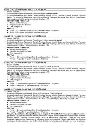 CARGO 278 - TÉCNICO INDUSTRIAL ELETROTÉCNICA I
♦ Salário: 1.997,80
♦ Localidade do Cadastro de Reserva: Londrina e região, conforme tabela I
♦ Localidade das Provas: Apucarana, Cornélio Procópio, Campo Mourão, Cascavel, Cianorte, Curitiba, Francisco
   Beltrão, Foz do Iguaçu, Guarapuava, Irati, Londrina, Maringá, Paranaguá, Paranavaí, Pato Branco, Ponta Grossa,
   Telêmaco Borba, Toledo, Umuarama e União da Vitória – PR
♦ REQUISITOS DE FORMAÇÃO
  • Técnico em Eletrotécnica
  • Registro no conselho de classe
  • CNH: categoria B
♦ PROVAS
  • Prova 1 – Conhecimento Específico: 40 questões objetivas - 80 pontos
  •     Prova 2 - Português: 10 questões objetivas - 20 pontos

CARGO 279 - TÉCNICO INDUSTRIAL ELETROTÉCNICA I
♦ Salário: 1.997,80
♦ Localidade do Cadastro de Reserva: Ponta Grossa e região, conforme tabela I
♦ Localidade das Provas: Apucarana, Cornélio Procópio, Campo Mourão, Cascavel, Cianorte, Curitiba, Francisco
   Beltrão, Foz do Iguaçu, Guarapuava, Irati, Londrina, Maringá, Paranaguá, Paranavaí, Pato Branco, Ponta Grossa,
   Telêmaco Borba, Toledo, Umuarama e União da Vitória – PR
♦ REQUISITOS DE FORMAÇÃO
  • Técnico em Eletrotécnica
  • Registro no conselho de classe
  • CNH: categoria B
♦ PROVAS
  • Prova 1 – Conhecimento Específico: 40 questões objetivas - 80 pontos
  • Prova 2 - Português: 10 questões objetivas - 20 pontos

CARGO 280 - TÉCNICO INDUSTRIAL ELETROTÉCNICA I
♦ Salário: 1.997,80
♦ Localidade do Cadastro de Reserva: Usinas da Copel no Estado do Paraná.
♦ Localidade das Provas: Apucarana, Cornélio Procópio, Campo Mourão, Cascavel, Cianorte, Curitiba, Francisco
   Beltrão, Foz do Iguaçu, Guarapuava, Irati, Londrina, Maringá, Paranaguá, Paranavaí, Pato Branco, Ponta Grossa,
   Telêmaco Borba, Toledo, Umuarama e União da Vitória – PR
♦ REQUISITOS DE FORMAÇÃO
  • Técnico em Eletrotécnica
  • Registro no conselho de classe
  • CNH: categoria B
♦ PROVAS
  • Prova 1 – Conhecimento Específico: 40 questões objetivas - 80 pontos
  • Prova 2 - Português: 10 questões objetivas - 20 pontos

CARGO 281 - TÉCNICO INDUSTRIAL ELETROTÉCNICA I
♦ Salário: 1.997,80
♦ Localidade do Cadastro de Reserva: Usinas da Copel fora do Estado do Paraná.
♦ Localidade das Provas: Apucarana, Cornélio Procópio, Campo Mourão, Cascavel, Cianorte, Curitiba, Francisco
   Beltrão, Foz do Iguaçu, Guarapuava, Irati, Londrina, Maringá, Paranaguá, Paranavaí, Pato Branco, Ponta Grossa,
   Telêmaco Borba, Toledo, Umuarama e União da Vitória – PR; Porto Alegre – RS; Sinop e Cuiabá – MT
♦ REQUISITOS DE FORMAÇÃO
  • Técnico em Eletrotécnica
  • Registro no conselho de classe
  • CNH: categoria B
♦ PROVAS
  • Prova 1 – Conhecimento Específico: 40 questões objetivas - 80 pontos
  • Prova 2 - Português: 10 questões objetivas - 20 pontos
♦ Programa de conhecimento específico para os cargos Nº 276 a 281: Matemática: progressões aritmética e
   geométrica. Equações exponenciais. Análise combinatória simples. Binômio de Newton. Determinantes, sistemas
   lineares. Vetores. Funções circulares diretas, arcos de extremidades associadas. Operações com arcos.
   Equações trigonométricas. Resoluções de triângulos. Limites e continuidade. Função linear. Linha reta. Números
   complexos. Circuitos elétricos – Lei de Ohm, Leis de Kirchhoff e Lei de Joule. Circuitos em série, circuitos em

                                                                                                           29/37
 