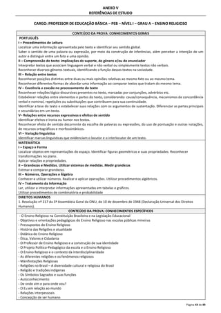 Página 44 de 49 
ANEXO V 
REFERÊNCIAS DE ESTUDO 
CARGO: PROFESSOR DE EDUCAÇÃO BÁSICA – PEB – NÍVEL I – GRAU A – ENSINO RELIGIOSO 
CONTEÚDO DA PROVA: CONHECIMENTOS GERAIS 
PORTUGUÊS 
I – Procedimentos de Leitura 
Localizar uma informação apresentada pelo texto e identificar seu sentido global. 
Saber o sentido de uma palavra ou expressão, por meio da construção de inferências, além perceber a intenção de um 
autor e distinguir entre um fato e uma opinião. 
II – Compreensão do texto: implicações do suporte, do gênero e/ou do enunciador 
Interpretar textos que associam linguagem verbal e não verbal ou simplesmente textos não verbais. 
Reconhecer diversos gêneros textuais, identificando a função desses textos na sociedade. 
III – Relação entre textos 
Reconhecer posições distintas entre duas ou mais opiniões relativas ao mesmo fato ou ao mesmo tema. 
Reconhecer diferentes formas de abordar uma informação ao comparar textos que tratam do mesmo tema. 
IV – Coerência e coesão no processamento do texto 
Reconhecer relações lógico-discursivas presentes no texto, marcadas por conjunções, advérbios etc. 
Estabelecer relações entre elementos e partes do texto, considerando: causa/consequência, mecanismos de concordância 
verbal e nominal, repetições ou substituições que contribuem para sua continuidade. 
Identificar a tese do texto e estabelecer suas relações com os argumentos de sustentação. Diferenciar as partes principais 
e secundárias em um texto. 
V– Relações entre recursos expressivos e efeitos de sentido 
Identificar efeitos e ironia ou humor nos textos. 
Reconhecer efeito de sentido decorrente da escolha de palavras ou expressões, do uso de pontuação e outras notações, 
de recursos ortográficos e morfossintáticos. 
VI – Variação linguística 
Identificar marcas linguísticas que evidenciam o locutor e o interlocutor de um texto. 
MATEMÁTICA 
I – Espaço e Forma 
Localizar objetos em representações do espaço. Identificar figuras geométricas e suas propriedades. Reconhecer 
transformações no plano. 
Aplicar relações e propriedades. 
II – Grandezas e Medidas. Utilizar sistemas de medidas. Medir grandezas 
Estimar e comparar grandezas. 
III – Números, Operações e Álgebra 
Conhecer e utilizar números. Realizar e aplicar operações. Utilizar procedimentos algébricos. 
IV – Tratamento da Informação 
Ler, utilizar e interpretar informações apresentadas em tabelas e gráficos. 
Utilizar procedimentos de combinatória e probabilidade 
DIREITOS HUMANOS 
1. Resolução nº 217 da 3ª Assembleia Geral da ONU, de 10 de dezembro de 1948 (Declaração Universal dos Direitos 
Humanos). 
CONTEÚDO DA PROVA: CONHECIMENTOS ESPECÍFICOS 
- O Ensino Religioso na Constituição Brasileira e na Legislação Educacional 
- Objetivos e orientações pedagógicas do Ensino Religioso nas escolas públicas mineiras 
- Pressupostos do Ensino Religioso 
- História das Religiões e atualidade 
- Didática do Ensino Religioso 
- Ética, Valores e Cidadania 
- O Professor de Ensino Religioso e a construção de sua identidade 
- O Projeto Político-Pedagógico da escola e o Ensino Religioso 
- O Ensino Religioso e o contexto da interdisciplinaridade 
- As diferentes religiões e os fenômenos religiosos 
- Manifestações Religiosas 
- Religiões no Brasil – A diversidade cultural e religiosa do Brasil 
- Religião e tradições indígenas 
- Os Símbolos Sagrados e suas funções 
- Autoconhecimento 
- De onde vim e para onde vou? 
- O Eu em relação ao mundo 
- Relações interpessoais 
- Concepção de ser humano 
 