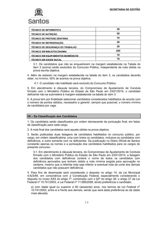 SECRETARIA DE GESTÃO
14
TÉCNICO DE INFORMÁTICA 30
TÉCNICO DE NUTRIÇÃO 20
TÉCNICO DE PRÓTESE DENTÁRIA 10
TÉCNICO DE REFRIGERAÇÃO 30
TÉCNICO DE SEGURANÇA DO TRABALHO 30
TÉCNICO EM BIBLIOTECONOMIA 200
TÉCNICO EM EQUIPAMENTOS BIOMÉDICOS 10
TÉCNICO EM SAÚDE BUCAL 10
3.1. Os candidatos que não se enquadrarem na margem estabelecida na Tabela do
item 3 (acima) serão excluídos do Concurso Público, independente da nota obtida na
prova escrita objetiva.
4. Além de estarem na margem estabelecida na tabela do item 3, os candidatos deverão
obter, no mínimo, 50% de acertos na prova objetiva.
4.1. O candidato não habilitado será excluído do Concurso Público.
5. Em atendimento à cláusula terceira, do Compromisso de Ajustamento de Conduta
firmado com o Ministério Público do Estado de São Paulo em 23/01/2014, o candidato
deficiente não se submeterá à margem estabelecida na tabela do item 3.
6. A prova tem por finalidade selecionar candidatos considerados habilitados de acordo com
o número de pontos obtidos, necessário a garantir, sempre que possível, o número mínimo
de candidatos por vaga.
VII – Da Classificação dos Candidatos
1. Os candidatos serão classificados por ordem decrescente da pontuação final, em listas
de classificação para cada cargo.
2. A nota final dos candidatos será aquela obtida na prova objetiva.
3. Serão publicadas duas listagens de candidatos habilitados no concurso público, por
cargo, em ordem classificatória: uma com todos os candidatos, inclusive os candidatos com
deficiência, e outra somente com os deficientes. Da publicação no Diário Oficial de Santos
constarão apenas os nomes e a pontuação dos candidatos habilitados para os cargos do
presente concurso.
3.1. Em atendimento à cláusula terceira, do Compromisso de Ajustamento de Conduta
firmado com o Ministério Público do Estado de São Paulo em 23/01/2014, a listagem
dos candidatos com deficiência conterá o nome de todos os candidatos com
deficiência aprovados que tenham obtido a nota mínima exigida para aprovação no
certame, mesmo que a referida nota seja inferior a eventual nota de corte dos demais
candidatos que não possuem deficiência.
4. Para fins de desempate será considerado o disposto no artigo 14, da Lei Municipal
4.623/84, em consonância com a Constituição Federal, especialmente considerando o
disposto no inciso XXX do artigo 7º, combinado com o §3º do artigo 39; o artigo 27 da Lei
Federal nº 10.741/2003, e Lei Federal nº 11.689/2008, tendo preferência o candidato:
a) com idade igual ou superior a 60 (sessenta) anos, nos termos da Lei Federal nº
10.741/2003, entre si e frente aos demais, sendo que será dada preferência ao de idade
mais elevada;
 