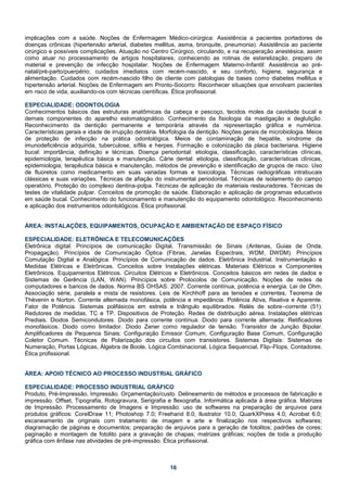 implicações com a saúde. Noções de Enfermagem Médico-cirúrgica: Assistência a pacientes portadores de
doenças crônicas (hipertensão arterial, diabetes mellitus, asma, bronquite, pneumonia). Assistência ao paciente
cirúrgico e possíveis complicações. Atuação no Centro Cirúrgico, circulando, e na recuperação anestésica, assim
como atuar no processamento de artigos hospitalares, conhecendo as rotinas de esterelização, preparo de
material e prevenção de infecção hospitalar. Noções de Enfermagem Materno-Infantil: Assistência ao pré-
natal/pré-parto/puerpério; cuidados imediatos com recém-nascido, e seu conforto, higiene, segurança e
alimentação. Cuidados com recém-nascido filho de cliente com patologias de bases como diabetes mellitus e
hipertensão arterial. Noções de Enfermagem em Pronto-Socorro: Reconhecer situações que envolvam pacientes
em risco de vida, auxiliando-os com técnicas científicas. Ética profissional.

ESPECIALIDADE: ODONTOLOGIA
Conhecimentos básicos das estruturas anatômicas da cabeça e pescoço, tecidos moles da cavidade bucal e
demais componentes do aparelho estomatognático. Conhecimento da fisiologia da mastigação e deglutição.
Reconhecimento da dentição permanente e temporária através da representação gráfica e numérica.
Características gerais e idade de irrupção dentária. Morfologia da dentição. Noções gerais de microbiologia. Meios
de proteção de infecção na prática odontológica. Meios de contaminação de hepatite, síndrome da
imunodeficiência adquirida, tuberculose, sífilis e herpes. Formação e colonização da placa bacteriana. Higiene
bucal: importância, definição e técnicas. Doença periodontal: etiologia, classificação, características clínicas,
epidemiologia, terapêutica básica e manutenção. Cárie dental: etiologia, classificação, características clínicas,
epidemiologia, terapêutica básica e manutenção, métodos de prevenção e identificação de grupos de risco. Uso
de fluoretos como medicamento em suas variadas formas e toxicologia. Técnicas radiográficas intrabucais
clássicas e suas variações. Técnicas de afiação do instrumental periodontal. Técnicas de isolamento do campo
operatório. Proteção do complexo dentina-polpa. Técnicas de aplicação de materiais restauradores. Técnicas de
testes de vitalidade pulpar. Conceitos de promoção de saúde. Elaboração e aplicação de programas educativos
em saúde bucal. Conhecimento do funcionamento e manutenção do equipamento odontológico. Reconhecimento
e aplicação dos instrumentos odontológicos. Ética profissional.


ÁREA: INSTALAÇÕES, EQUIPAMENTOS, OCUPAÇÃO E AMBIENTAÇÃO DE ESPAÇO FÍSICO

ESPECIALIDADE: ELETRÔNICA E TELECOMUNICAÇÕES
Eletrônica digital. Princípios de comunicação Digital. Transmissão de Sinais (Antenas, Guias de Onda,
Propagação). Princípios de Comunicação Óptica (Fibras, Janelas Espectrais, WDM, DWDM). Princípios
Comutação Digital e Analógica. Princípios de Comunicação de dados. Eletrônica Industrial. Instrumentação e
Medidas Elétricas e Eletrônicas. Conceitos sobre Instalações elétricas. Materiais Elétricos e Componentes
Eletrônicos. Equipamentos Elétricos. Circuitos Elétricos e Eletrônicos. Conceitos básicos em redes de dados e
Sistemas de Gerência (LAN, WAN). Princípios sobre Protocolos de Comunicação. Noções de redes de
computadores e bancos de dados. Norma BS OHSAS: 2007. Corrente contínua, potência e energia. Lei de Ohm.
Associação série, paralela e mista de resistores. Leis de Kirchhoff para as tensões e correntes, Teorema de
Thèvenin e Norton. Corrente alternada monofásica, potência e impedância. Potência Ativa, Reativa e Aparente.
Fator de Potência. Sistemas polifásicos em estrela e triângulo equilibrados. Relés de sobre–corrente (51).
Redutores de medidas. TC e TP. Dispositivos de Proteção. Redes de distribuição aérea. Instalações elétricas
Prediais. Diodos Semicondutores. Diodo para corrente contínua. Diodo para corrente alternada: Retificadores
monofásicos. Diodo como limitador. Diodo Zener como regulador de tensão. Transistor de Junção Bipolar.
Amplificadores de Pequenos Sinais: Configuração Emissor Comum, Configuração Base Comum, Configuração
Coletor Comum. Técnicas de Polarização dos circuitos com transistores. Sistemas Digitais: Sistemas de
Numeração, Portas Lógicas, Álgebra de Boole, Lógica Combinacional, Lógica Sequencial, Flip–Flops, Contadores.
Ética profissional.


ÁREA: APOIO TÉCNICO AO PROCESSO INDUSTRIAL GRÁFICO

ESPECIALIDADE: PROCESSO INDUSTRIAL GRÁFICO
Produto, Pré-Impressão, Impressão. Orçamentação/custo. Delineamento de métodos e processos de fabricação e
impressão. Offset, Tipografia, Rotogravura, Serigrafia e flexografia. Informática aplicada à área gráfica. Matrizes
de Impressão. Processamento de Imagens e Impressão: uso de softwares na preparação de arquivos para
produtos gráficos: CorelDraw 11; Photoshop 7.0; Freehand 8.0; Ilustrator 10.0; QuarkXPress 4.0; Acrobat 6.0;
escaneamento de originais com tratamento de imagem e arte e finalização nos respectivos softwares;
diagramação de páginas e documentos; preparação de arquivos para a geração de fotolitos; padrões de cores;
paginação e montagem de fotolito para a gravação de chapas; matrizes gráficas; noções de toda a produção
gráfica com ênfase nas atividades de pré-impressão. Ética profissional.



                                                        16
 