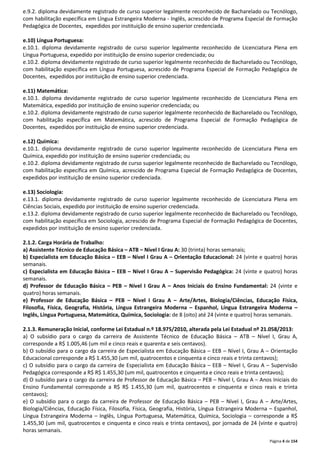 e.9.2. diploma devidamente registrado de curso superior legalmente reconhecido de Bacharelado ou Tecnólogo, 
com habilitação específica em Língua Estrangeira Moderna - Inglês, acrescido de Programa Especial de Formação 
Pedagógica de Docentes, expedidos por instituição de ensino superior credenciada. 
e.10) Língua Portuguesa: 
e.10.1. diploma devidamente registrado de curso superior legalmente reconhecido de Licenciatura Plena em 
Língua Portuguesa, expedido por instituição de ensino superior credenciada; ou 
e.10.2. diploma devidamente registrado de curso superior legalmente reconhecido de Bacharelado ou Tecnólogo, 
com habilitação específica em Língua Portuguesa, acrescido de Programa Especial de Formação Pedagógica de 
Docentes, expedidos por instituição de ensino superior credenciada. 
e.11) Matemática: 
e.10.1. diploma devidamente registrado de curso superior legalmente reconhecido de Licenciatura Plena em 
Matemática, expedido por instituição de ensino superior credenciada; ou 
e.10.2. diploma devidamente registrado de curso superior legalmente reconhecido de Bacharelado ou Tecnólogo, 
com habilitação específica em Matemática, acrescido de Programa Especial de Formação Pedagógica de 
Docentes, expedidos por instituição de ensino superior credenciada. 
e.12) Química: 
e.10.1. diploma devidamente registrado de curso superior legalmente reconhecido de Licenciatura Plena em 
Química, expedido por instituição de ensino superior credenciada; ou 
e.10.2. diploma devidamente registrado de curso superior legalmente reconhecido de Bacharelado ou Tecnólogo, 
com habilitação específica em Química, acrescido de Programa Especial de Formação Pedagógica de Docentes, 
expedidos por instituição de ensino superior credenciada. 
e.13) Sociologia: 
e.13.1. diploma devidamente registrado de curso superior legalmente reconhecido de Licenciatura Plena em 
Ciências Sociais, expedido por instituição de ensino superior credenciada. 
e.13.2. diploma devidamente registrado de curso superior legalmente reconhecido de Bacharelado ou Tecnólogo, 
com habilitação específica em Sociologia, acrescido de Programa Especial de Formação Pedagógica de Docentes, 
expedidos por instituição de ensino superior credenciada. 
2.1.2. Carga Horária de Trabalho: 
a) Assistente Técnico de Educação Básica – ATB – Nível I Grau A: 30 (trinta) horas semanais; 
b) Especialista em Educação Básica – EEB – Nível I Grau A – Orientação Educacional: 24 (vinte e quatro) horas 
semanais. 
c) Especialista em Educação Básica – EEB – Nível I Grau A – Supervisão Pedagógica: 24 (vinte e quatro) horas 
semanais. 
d) Professor de Educação Básica – PEB – Nível I Grau A – Anos Iniciais do Ensino Fundamental: 24 (vinte e 
quatro) horas semanais. 
e) Professor de Educação Básica – PEB – Nível I Grau A – Arte/Artes, Biologia/Ciências, Educação Física, 
Filosofia, Física, Geografia, História, Língua Estrangeira Moderna – Espanhol, Língua Estrangeira Moderna – 
Inglês, Língua Portuguesa, Matemática, Química, Sociologia: de 8 (oito) até 24 (vinte e quatro) horas semanais. 
2.1.3. Remuneração Inicial, conforme Lei Estadual n.º 18.975/2010, alterada pela Lei Estadual nº 21.058/2013: 
a) O subsídio para o cargo da carreira de Assistente Técnico de Educação Básica – ATB – Nível I, Grau A, 
corresponde a R$ 1.005,46 (um mil e cinco reais e quarenta e seis centavos). 
b) O subsídio para o cargo da carreira de Especialista em Educação Básica – EEB – Nível I, Grau A – Orientação 
Educacional corresponde a R$ 1.455,30 (um mil, quatrocentos e cinquenta e cinco reais e trinta centavos); 
c) O subsídio para o cargo da carreira de Especialista em Educação Básica – EEB – Nível I, Grau A – Supervisão 
Pedagógica corresponde a R$ R$ 1.455,30 (um mil, quatrocentos e cinquenta e cinco reais e trinta centavos); 
d) O subsídio para o cargo da carreira de Professor de Educação Básica – PEB – Nível I, Grau A – Anos Iniciais do 
Ensino Fundamental corresponde a R$ R$ 1.455,30 (um mil, quatrocentos e cinquenta e cinco reais e trinta 
centavos); 
e) O subsídio para o cargo da carreira de Professor de Educação Básica – PEB – Nível I, Grau A – Arte/Artes, 
Biologia/Ciências, Educação Física, Filosofia, Física, Geografia, História, Língua Estrangeira Moderna – Espanhol, 
Língua Estrangeira Moderna – Inglês, Língua Portuguesa, Matemática, Química, Sociologia – corresponde a R$ 
1.455,30 (um mil, quatrocentos e cinquenta e cinco reais e trinta centavos), por jornada de 24 (vinte e quatro) 
horas semanais. 
Página 4 de 154 
 