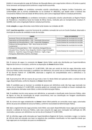 2.1.3.1. A remuneração do cargo de Professor de Educação Básica com carga horária inferior a 24 (vinte e quatro) 
horas semanais será proporcional conforme a carga horária assumida. 
2.1.4. Regime Jurídico: os candidatos nomeados estarão subordinados ao Regime Jurídico Estatutário, em 
conformidade com as normas estabelecidas na Lei Estadual nº. 869/1952, que dispõe sobre o Estatuto dos 
Funcionários Públicos Civis do Estado de Minas Gerais, bem como à legislação federal e estadual pertinentes. 
2.1.5. Regime de Previdência: os candidatos nomeados e empossados estarão subordinados ao Regime Próprio 
de Previdência e Assistência Social do Estado de Minas Gerais, instituído pela Lei Complementar Estadual nº. 
64/2002, bem como à legislação federal e estadual pertinentes. 
Página 5 de 154 
2.1.6. Lotação: as vagas oferecidas neste Edital serão lotadas nas Unidades da SEE. 
2.1.7. Local de exercício: o exercício funcional do candidato nomeado dar-se-á em Escola Estadual, observado o 
município de escolha do candidato no ato da inscrição. 
CARGO LOCAL DE EXERCÍCIO 
Assistente Técnico de Educação Básica – ATB Escola Estadual do município de inscrição 
Especialista em Educação Básica – EEB – Orientação Educacional Escola Estadual do município de inscrição 
Especialista em Educação Básica – EEB – Supervisão Pedagógica Escola Estadual do município de inscrição 
Professor de Educação Básica – PEB – Anos Iniciais do Ensino 
Escola Estadual do município de inscrição 
Fundamental 
Professor de Educação Básica – PEB – Arte/Artes, Biologia/Ciências, 
Educação Física, Filosofia, Física, Geografia, História, Língua Estrangeira 
Moderna – Espanhol, Língua Estrangeira Moderna – Inglês, Língua 
Portuguesa, Matemática, Química, Sociologia 
Escola Estadual do município de inscrição 
3. DAS VAGAS 
3.1. O número de vagas é o constante do Anexo I deste Edital, sendo elas distribuídas por Superintendência 
Regional de Ensino e municípios, conforme as disposições do Anexo II deste Edital. 
3.2. Em atendimento à Lei Estadual nº. 11.867/1995, 10% (dez por cento) do total de vagas oferecidas neste 
Concurso Público serão reservadas a candidatos com deficiência, de acordo com os critérios definidos pelo artigo 
4º do Decreto Federal nº. 3.298/1999, observada a exigência de compatibilidade entre a deficiência e as 
atribuições do cargo. 
3.3. O percentual de 10% de reserva de que trata o item 3.2 deste Edital será aplicado sobre o número total de 
vagas disponibilizadas, conforme disposto no Anexo I deste Edital. 
3.3.1. O candidato que se inscrever na condição de pessoa com deficiência onde não haja vaga reservada nos 
termos da Lei Estadual nº 11.867/1995, somente poderá ser nomeado nesta condição se houver ampliação das 
vagas inicialmente ofertadas neste Edital, à critério da Administração Pública. 
3.4. O candidato inscrito como pessoa com deficiência, se aprovado e classificado neste Concurso Público, além 
de figurar na lista de classificação da ampla concorrência, terá sua classificação em listagem classificatória 
exclusiva dos candidatos com deficiência. 
3.5. Ao número de vagas estabelecido no Anexo I deste Edital poderão ser acrescidas novas vagas, autorizadas 
dentro do prazo de validade do Concurso Público, conforme necessidade da Administração Pública. 
3.6. Após o esgotamento das vagas previstas neste Edital, caso sejam disponibilizadas novas vagas para nomeação 
durante a validade do Concurso Público, cada novo conjunto de vagas para nomeação terá definição de 10% 
reservadas a pessoas com deficiência nos termos da Lei Estadual nº 11.867/1995. 
3.7. As referidas vagas serão elencadas por Superintendência Regional de Ensino, município e cargo, e a reserva 
de 10% do total será alocada com base na sequência dos candidatos classificados na lista específica desde que 
haja vagas para os municípios aos quais se candidataram. 
 