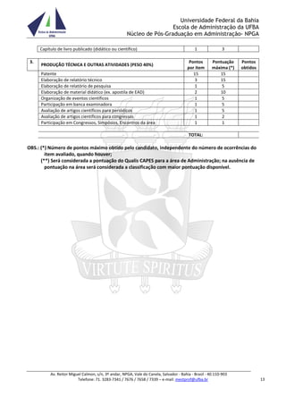 Universidade Federal da Bahia
Escola de Administração da UFBA
Núcleo de Pós-Graduação em Administração- NPGA
Av. Reitor Miguel Calmon, s/n, 3º andar, NPGA, Vale do Canela, Salvador - Bahia - Brasil - 40.110-903
Telefone: 71. 3283-7341 / 7676 / 7658 / 7339 – e-mail: mestprof@ufba.br 13
Capítulo de livro publicado (didático ou científico) 1 3
3.
PRODUÇÃO TÉCNICA E OUTRAS ATIVIDADES (PESO 40%)
Pontos
por item
Pontuação
máxima (*)
Pontos
obtidos
Patente 15 15
Elaboração de relatório técnico 3 15
Elaboração de relatório de pesquisa 1 5
Elaboração de material didático (ex. apostila de EAD) 2 10
Organização de eventos científicos 1 5
Participação em banca examinadora 1 5
Avaliação de artigos científicos para periódicos 1 5
Avaliação de artigos científicos para congressos 1 2
Participação em Congressos, Simpósios, Encontros da área 1 1
TOTAL:
OBS.: (*) Número de pontos máximo obtido pelo candidato, independente do número de ocorrências do
item avaliado, quando houver;
(**) Será considerada a pontuação do Qualis CAPES para a área de Administração; na ausência de
pontuação na área será considerada a classificação com maior pontuação disponível.
 