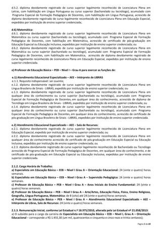 d.5.2. diploma devidamente registrado de curso superior legalmente reconhecido de Licenciatura Plena em 
Letras, com habilitação em Língua Portuguesa ou curso superior (bacharelado ou tecnólogo), acumulado com 
Programa Especial de Formação Pedagógica de Docentes, com habilitação em Língua Portuguesa, acrescido de 
diploma devidamente registrado de curso legalmente reconhecido de Licenciatura Plena em Educação Especial, 
expedidos por instituição de ensino superior credenciada; 
d.6) Matemática: 
d.6.1. diploma devidamente registrado de curso superior legalmente reconhecido de Licenciatura Plena em 
Matemática ou curso superior (bacharelado ou tecnólogo), acumulado com Programa Especial de Formação 
Pedagógica de Docentes, com habilitação em Matemática, acrescido de certificado de pós-graduação em 
Educação Especial ou Educação Inclusiva, expedidos por instituição de ensino superior credenciada; ou 
d.6.2. diploma devidamente registrado de curso superior legalmente reconhecido de Licenciatura Plena em 
Matemática ou curso superior (bacharelado ou tecnólogo), acumulado com Programa Especial de Formação 
Pedagógica de Docentes, com habilitação em Matemática, acrescido de diploma devidamente registrado de 
curso legalmente reconhecido de Licenciatura Plena em Educação Especial, expedidos por instituição de ensino 
superior credenciada. 
Página 5 de 69 
e) Professor de Educação Básica – PEB – Nível I – Grau A para exercer as funções de: 
e.1) Atendimento Educacional Especializado – AEE – Intérprete de LIBRAS 
e.1.1. Requisito indispensável: ser ouvinte; 
e.1.2. diploma devidamente registrado de curso superior legalmente reconhecido de Licenciatura Plena em 
Língua Brasileira de Sinais - LIBRAS, expedido por instituição de ensino superior credenciada; ou 
e.1.3. diploma devidamente registrado de curso superior legalmente reconhecido de Licenciatura Plena em 
qualquer área do conhecimento ou curso superior (bacharelado ou tecnólogo), acumulado com Programa 
Especial de Formação Pedagógica de Docentes, em qualquer área do conhecimento, acrescido de diploma de 
Tecnólogo em Língua Brasileira de Sinais - LIBRAS, expedidos por instituição de ensino superior credenciada; ou 
e.1.4. diploma devidamente registrado de curso superior legalmente reconhecido de Licenciatura Plena em 
qualquer área do conhecimento ou curso superior (bacharelado ou tecnólogo), acumulado com Programa 
Especial de Formação Pedagógica de Docentes, em qualquer área do conhecimento, acrescido de certificado de 
pós-graduação em Língua Brasileira de Sinais - LIBRAS, expedidos por instituição de ensino superior credenciada. 
e.2) Atendimento Educacional Especializado – AEE – Sala de Recursos: 
e.2.1. diploma devidamente registrado de curso superior legalmente reconhecido de Licenciatura Plena em 
Educação Especial, expedido por instituição de ensino superior credenciada; ou 
e.2.2. diploma devidamente registrado de curso superior legalmente reconhecido de Licenciatura Plena em 
qualquer área do conhecimento acrescido de certificado de pós-graduação em Educação Especial ou Educação 
Inclusiva, expedidos por instituição de ensino superior credenciada; ou 
e.2.3. diploma devidamente registrado de curso superior legalmente reconhecido de Bacharelado ou Tecnólogo 
acrescido de Programa Especial de Formação Pedagógica de Docentes, em qualquer área do conhecimento, e de 
certificado de pós-graduação em Educação Especial ou Educação Inclusiva, expedidos por instituição de ensino 
superior credenciada. 
2.1.2. Carga Horária de Trabalho: 
a) Especialista em Educação Básica – EEB – Nível I Grau A – Orientação Educacional: 24 (vinte e quatro) horas 
semanais. 
b) Especialista em Educação Básica – EEB – Nível I Grau A – Supervisão Pedagógica: 24 (vinte e quatro) horas 
semanais. 
c) Professor de Educação Básica – PEB – Nível I Grau A – Anos Iniciais do Ensino Fundamental: 24 (vinte e 
quatro) horas semanais. 
d) Professor de Educação Básica – PEB – Nível I Grau A – Arte/Artes, Educação Física, Física, Ensino Religioso, 
Geografia, Língua Portuguesa, Matemática: de 8 (oito) até 24 (vinte e quatro) horas semanais. 
e) Professor de Educação Básica – PEB – Nível I Grau A – Atendimento Educacional Especializado – AEE – 
Intérprete de Libras, Sala de Recursos: 24 (vinte e quatro) horas semanais. 
2.1.3. Remuneração Inicial, conforme Lei Estadual n.º 18.975/2010, alterada pela Lei Estadual nº 21.058/2013: 
a) O subsídio para o cargo da carreira de Especialista em Educação Básica – EEB – Nível I, Grau A – Orientação 
Educacional – corresponde a R$ 1.455,30 (um mil, quatrocentos e cinquenta e cinco reais e trinta centavos); 
 