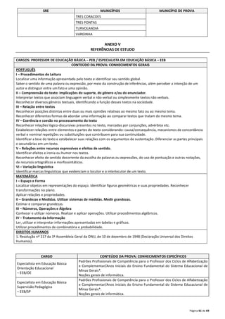 SRE MUNICÍPIOS MUNICÍPIO DE PROVA 
Página 61 de 69 
TRES CORACOES 
TRES PONTAS 
TURVOLANDIA 
VARGINHA 
ANEXO V 
REFERÊNCIAS DE ESTUDO 
CARGOS: PROFESSOR DE EDUCAÇÃO BÁSICA – PEB / ESPECIALISTA EM EDUCAÇÃO BÁSICA – EEB 
CONTEÚDO DA PROVA: CONHECIMENTOS GERAIS 
PORTUGUÊS 
I – Procedimentos de Leitura 
Localizar uma informação apresentada pelo texto e identificar seu sentido global. 
Saber o sentido de uma palavra ou expressão, por meio da construção de inferências, além perceber a intenção de um 
autor e distinguir entre um fato e uma opinião. 
II – Compreensão do texto: implicações do suporte, do gênero e/ou do enunciador. 
Interpretar textos que associam linguagem verbal e não verbal ou simplesmente textos não verbais. 
Reconhecer diversos gêneros textuais, identificando a função desses textos na sociedade. 
III – Relação entre textos 
Reconhecer posições distintas entre duas ou mais opiniões relativas ao mesmo fato ou ao mesmo tema. 
Reconhecer diferentes formas de abordar uma informação ao comparar textos que tratam do mesmo tema. 
IV – Coerência e coesão no processamento do texto 
Reconhecer relações lógico-discursivas presentes no texto, marcadas por conjunções, advérbios etc. 
Estabelecer relações entre elementos e partes do texto considerando: causa/consequência, mecanismos de concordância 
verbal e nominal repetições ou substituições que contribuem para sua continuidade. 
Identificar a tese do texto e estabelecer suas relações com os argumentos de sustentação. Diferenciar as partes principais 
e secundárias em um texto. 
V – Relações entre recursos expressivos e efeitos de sentido. 
Identificar efeitos e ironia ou humor nos textos. 
Reconhecer efeito de sentido decorrente da escolha de palavras ou expressões, do uso de pontuação e outras notações, 
de recursos ortográficos e morfossintáticos. 
VI – Variação linguística 
Identificar marcas linguísticas que evidenciam o locutor e o interlocutor de um texto. 
MATEMÁTICA 
I – Espaço e Forma 
Localizar objetos em representações do espaço. Identificar figuras geométricas e suas propriedades. Reconhecer 
transformações no plano. 
Aplicar relações e propriedades. 
II – Grandezas e Medidas. Utilizar sistemas de medidas. Medir grandezas. 
Estimar e comparar grandezas. 
III – Números, Operações e Álgebra 
Conhecer e utilizar números. Realizar e aplicar operações. Utilizar procedimentos algébricos. 
IV – Tratamento da Informação 
Ler, utilizar e interpretar informações apresentadas em tabelas e gráficos. 
Utilizar procedimentos de combinatória e probabilidade. 
DIREITOS HUMANOS 
1. Resolução nº 217 da 3ª Assembleia Geral da ONU, de 10 de dezembro de 1948 (Declaração Universal dos Direitos 
Humanos). 
CARGO CONTEÚDO DA PROVA: CONHECIMENTOS ESPECÍFICOS 
Especialista em Educação Básica 
Orientação Educacional 
– EEB/OE 
Padrões Profissionais de Competência para o Professor dos Ciclos de Alfabetização 
e Complementar/Anos Iniciais do Ensino Fundamental do Sistema Educacional de 
Minas Gerais*. 
Noções gerais de informática. 
Especialista em Educação Básica 
Supervisão Pedagógica 
– EEB/SP 
Padrões Profissionais de Competência para o Professor dos Ciclos de Alfabetização 
e Complementar/Anos Iniciais do Ensino Fundamental do Sistema Educacional de 
Minas Gerais*. 
Noções gerais de informática. 
 
