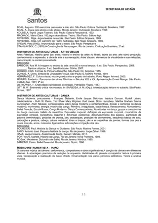 SECRETARIA DE GESTÃO
33
BOAL, Augusto. 200 exercícios para o ator e não ator. São Paulo: Editora Civilização Brasileira, 1997
BOAL, A. Jogos para atores e não atores. Rio de Janeiro: Civilização Brasileira, 1998
KOUDELA, Ingrid. Jogos Teatrais. São Paulo: Editora Perspectiva, 1992
MACHADO, Maria Clara. 100 jogos dramáticos: Teatro. São Paulo: Editora Agir.
REVERBEL, Olga. Jogos teatrais na escola. São Paulo: Editora Scipione, 1989
REVERBEL, Olga. Um Caminho do Teatro na Escola. São Paulo: Scipione, 1989.
SPOLIN, Viola (1992). Improvisação para o teatro. São Paulo: Perspectiva
STANILAVSKY, C. (1976) A Construção da Personagem. Rio de Janeiro: Civilização Brasileira, 2ª ed.
INSTRUTOR DE ARTES CULTURAIS – ARTES VISUAIS
Artes Plásticas: história geral das artes; história e ensino da artes no Brasil; teoria da arte: arte como produção,
conhecimento e expressão; a obra de arte e sua recepção; Artes Visuais: elementos de visualidade e suas relações;
comunicação na contemporaneidade.
Bibliografia:
BARBOSA, Ana M. A Imagem no ensino da arte: anos 80 e novos tempos. 6.ed. São Paulo: Perspectiva, 2008.
_______. Tópicos utópicos. 3.ed. Belo Horizonte: C/Arte, 2007.
DERDYK, Edith. Formas de Pensar o Desenho. São Paulo: Ed. Scipione, 1985.
DONDIS, A. Donis. Sintaxe da Linguagem Visual. São Paulo: E. Martins Fontes, 1991
HERNÁNDEZ, F. Cultura visual, mudança educativa e projeto de trabalho. Porto Alegre: Artmed, 2000.
MORAIS, Frederico. Panorama das Artes Plásticas – Séculos XIX e XX. Apresentação Ernest Mange. São Paulo:
Instituto Itaú, 1991, 2ª ed.
OSTROWER, F. Criatividade e processos de criação. Petrópolis: Vozes, 1987.
OTT, R. W. Ensinando crítica nos museus. In: BARBOSA, A. M. (Org.). Arteeducação: leitura no subsolo. São Paulo:
Cortez, 1997
INSTRUTOR DE ARTES CULTURAIS – DANÇA
Dança Moderna: precursores - François Delsarte, Emile Jaques Dalcroze, Isadora Duncan, Rudolf Laban;
colaboradores - Ruth St. Denis, Ted Shaw Mary Wigman, Kurt Jooss, Doris Humphrey, Martha Graham, Merce
Cunninghan, Alwin Nikolais; Considerações sobre dança moderna e contemporânea, divisão e correntes da dança
moderna, movimento, energia. História da dança: Primitivo, Antiguidade, Idade Média, Renascimento, Romantismo,
Ballet Francês, Escola Russa, Dança Moderna, Dança Contemporânea, Atualidades na dança, grupos e companhias
de dança nacionais, ballets de repertório. Expressão corporal: definição da expressão corporal, consciência da
expressão corporal, consciência corporal e dimensão existencial, desenvolvimento dos passos, significado da
palavra (terminologia), posições de braços, pés, arabesques, posições de alinhamento, sequência básica de aula,
colocação e postura, cabeça, coluna vertebral, tórax e braços, pés e as sapatilhas de pontas, formas dos pés e
ossos dos pés, arcos, músculos, ligamentos, articulações e irrigação dos pés.
Bibliografia:
BOURCIER, Paul. História da Dança no Ocidente. São Paulo: Martins Fontes, 2001.
FARO, Antonio José. Pequena história da dança. Rio de janeiro: Jorge Zahar, 1998.
HAAS, Jacqui Greene. Anatomia da dança. Barueri: Manole, 2011.
PORTINARI, Maribel. História da Dança. Rio de Janeiro: Nova Fronteira, 1989.
ROSAY, Madeleine. Dicionário de Ballet. Rio de Janeiro: Nórdica, 1980.
SAMPAIO, Flávio. Ballet Essencial. Rio de janeiro: Sprint, 1996.
MÚSICO INSTRUMENTISTA – PIANO
O piano na música de câmara: performance, compositores e obras significativas.A canção de câmara em diferentes
idiomas. A abordagem pianística da redução de orquestra. Habilidades do pianista correpetidor: leitura à primeira
vista, transposição e realização de baixo cifrado. Ornamentação nos vários períodos estilísticos. Teoria e análise
musical.
 