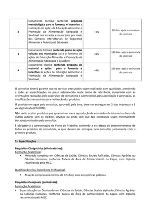 2
Documento técnico contendo proposta
metodológica para o fomento e incentivo a
realização de ações de Educação Alimentar e
Promoção da Alimentação Adequada e
Saudável nos estados e municípios por meio
das Câmaras Intersetoriais de Segurança
Alimentar e Nutricional Estaduais.
19%
90 dias após a assinatura
do contrato
3
Documento Técnico contendo plano de ação
voltado aos municípios para o fomento de
ações de Educação Alimentar e Promoção da
Alimentação Adequada e Saudável;
28%
180 dias após a assinatura
do contrato
4
Documento técnico contendo proposta de
material e ações para o fomento e
incentivo às ações de Educação Alimentar e
Promoção da Alimentação Adequada e
Saudável;
44%
330 dias após a assinatura
do contrato
O consultor deverá garantir que os serviços executados sejam realizados com qualidade, atendendo
a todas as especificações no prazo estabelecido neste termo de referência, cumprindo com as
orientações realizadas pelo supervisor da consultoria e submetendo, para apreciação e aprovação, as
modificações necessárias para realização dos produtos.
O produto entregue pelo consultor, aprovado pela área, deve ser entregue em 2 vias impressas e 1
via digitalizada (CD-ROM).
Não serão aceitos produtos que apresentem mera reprodução de conteúdos da internet ou livros de
outros autores sem os créditos devidos ou ainda sem que tais conteúdos sejam minimamente
tratados/analisados pelo consultor.
É obrigatória a apresentação de Plano de Trabalho, contendo a estratégia de desenvolvimento de
todos os produtos de consultoria, o qual deverá ser entregue pelo consultor juntamente com o
primeiro produto.
5 - Especificações
Requisitos Obrigatórios (eliminatórios):
Formação Acadêmica:
 Mestrado completo em Ciências da Saúde, Ciências Sociais Aplicadas, Ciências Agrárias ou
Ciências Humanas, conforme Tabela de Área de Conhecimento da Capes, com diploma
reconhecido pelo MEC.
Qualificação e/ou Experiência Profissional:
 Atuação comprovada mínima de 02 (dois) anos em políticas públicas.
Requisitos Desejáveis (pontuáveis):
Formação Acadêmica:
 Especialização ou Doutorado em Ciências da Saúde, Ciências Sociais Aplicadas,Ciências Agrárias
ou Ciências Humanas, conforme Tabela de Área de Conhecimento da Capes, com diploma
reconhecido pelo MEC.
 