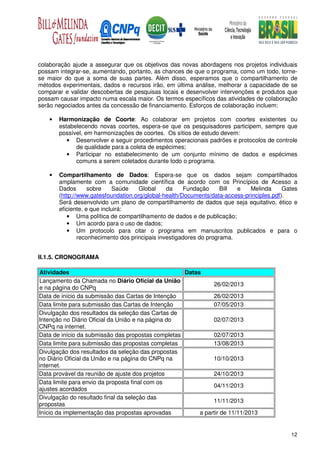 colaboração ajude a assegurar que os objetivos das novas abordagens nos projetos individuais
possam integrar-se, aumentando, portanto, as chances de que o programa, como um todo, torne-
se maior do que a soma de suas partes. Além disso, esperamos que o compartilhamento de
métodos experimentais, dados e recursos irão, em última análise, melhorar a capacidade de se
comparar e validar descobertas de pesquisas locais e desenvolver intervenções e produtos que
possam causar impacto numa escala maior. Os termos específicos das atividades de colaboração
serão negociados antes da concessão de financiamento. Esforços de colaboração incluem:

    •   Harmonização de Coorte: Ao colaborar em projetos com coortes existentes ou
        estabelecendo novas coortes, espera-se que os pesquisadores participem, sempre que
        possível, em harmonizações de coortes. Os sítios de estudo devem:
           • Desenvolver e seguir procedimentos operacionais padrões e protocolos de controle
              de qualidade para a coleta de espécimes;
           • Participar no estabelecimento de um conjunto mínimo de dados e espécimes
              comuns a serem coletados durante todo o programa.

    •   Compartilhamento de Dados: Espera-se que os dados sejam compartilhados
        amplamente com a comunidade científica de acordo com os Princípios de Acesso a
        Dados       sobre    Saúde    Global     da    Fundação      Bill e   Melinda      Gates
        (http://www.gatesfoundation.org/global-health/Documents/data-access-principles.pdf).
        Será desenvolvido um plano de compartilhamento de dados que seja equitativo, ético e
        eficiente, e que incluirá:
           • Uma política de compartilhamento de dados e de publicação;
           • Um acordo para o uso de dados;
           • Um protocolo para citar o programa em manuscritos publicados e para o
                reconhecimento dos principais investigadores do programa.


II.1.5. CRONOGRAMA

Atividades                                          Datas
Lançamento da Chamada no Diário Oficial da União
                                                              26/02/2013
e na página do CNPq
Data de início da submissão das Cartas de Intenção            26/02/2013
Data limite para submissão das Cartas de Intenção             07/05/2013
Divulgação dos resultados da seleção das Cartas de
Intenção no Diário Oficial da União e na página do            02/07/2013
CNPq na internet.
Data de início da submissão das propostas completas           02/07/2013
Data limite para submissão das propostas completas            13/08/2013
Divulgação dos resultados da seleção das propostas
no Diário Oficial da União e na página do CNPq na             10/10/2013
internet.
Data provável da reunião de ajuste dos projetos               24/10/2013
Data limite para envio da proposta final com os
                                                              04/11/2013
ajustes acordados
Divulgação do resultado final da seleção das
                                                              11/11/2013
propostas
Início da implementação das propostas aprovadas          a partir de 11/11/2013


                                                                                             12
 