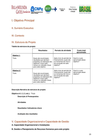I. Objetivo Principal

II. Sumário Executivo


III. Contexto

IV. Estrutura do Projeto
Tabela da estrutura do projeto

                                      Resultados              Período de atividade           Custo total
                                                                                             aproximado
 Objetivo 1:
 Título.                       Quais são os principais       Após início do período de   Qual é o custo
                               resultados que denotam        financiamento, quais são    aproximado desse
                               progresso na realização dos   os momentos de início e     objetivo?
                               objetivos? Incluir pelo       de conclusão de cada
                               menos um indicador chave      objetivo?
                               para cada objetivo.

 Objetivo 2:*                                                Após início do período de   Qual é o custo
                                                             financiamento, quais são    aproximado desse
 Título.                       Quais são os principais       os momentos de início e     objetivo?
                               resultados que denotam        de conclusão de cada
                               progresso na realização dos   objetivo?
                               objetivos? Incluir pelo
                               menos um indicador chave
                               para cada objetivo.




Descrição Narrativa da estrutura do projeto

Objetivo # (1, 2, 3, etc.): Título
           Descrição & Pressupostos


           Atividades


           Resultados/ Indicadores chave


           Avaliação dos resultados



V. Capacidade Organizacional e Capacidade de Gestão
A. Capacidade Organizacional e Instalações

B. Gestão e Planejamento de Recursos Humanos para este projeto

                                                                                                            23
 