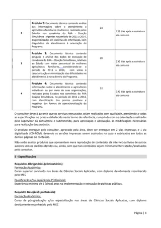 Página | 4
2
Produto 2: Documento técnico contendo análise
das informações sobre o atendimento a
agricultoras familiares (mulheres), realizado pelos
Estados nos convênios do PAA - Doação
Simultânea - vigentes no período de 2011 a 2014,
disponibilizados em sistemas de informação, com
diagnóstico do atendimento à orientação do
Programa.
24
135 dias após a assinatura
do contrato
3
Produto 3: Documento técnico contendo
pesquisa e análise dos dados de execução de
convênios do PAA – Doação Simultânea, relativos
ao Estado com maior percentual de mulheres
agricultoras familiares, considerando-se o
período de 2011 a 2014, com vistas à
caracterização e minimização das dificuldades no
atendimento à nova diretriz do Programa.
28
230 dias após a assinatura
do contrato
4
Produto 4: Documento técnico contendo
informações sobre o atendimento a agricultores
individuais ou por meio de suas organizações,
realizado pelos Estados nos convênios do PAA
Doação Simultânea, no período de 2011 a 2014,
com identificação dos pontos positivos e
negativos das formas de operacionalização do
Programa.
32
330 dias após a assinatura
do contrato
O consultor deverá garantir que os serviços executados sejam realizados com qualidade, atendendo a todas
as especificações no prazo estabelecido neste termo de referência, cumprindo com as orientações realizadas
pelo supervisor da consultoria e submetendo, para apreciação e aprovação, as modificações necessárias
para realização dos produtos.
O produto entregue pelo consultor, aprovado pela área, deve ser entregue em 2 vias impressas e 1 via
digitalizada (CD-ROM), devendo as versões impressas serem assinadas na capa e rubricadas em todas as
demais páginas do conteúdo.
Não serão aceitos produtos que apresentem mera reprodução de conteúdos da internet ou livros de outros
autores sem os créditos devidos ou, ainda, sem que tais conteúdos sejam minimamente tratados/analisados
pelo consultor.
5 - Especificações
Requisitos Obrigatórios (eliminatórios):
Formação Acadêmica:
Curso superior concluído nas áreas de Ciências Sociais Aplicadas, com diploma devidamente reconhecido
pelo MEC
Qualificação e/ou experiência Profissional:
Experiência mínima de 5 (cinco) anos na implementação e execução de políticas públicas.
Requisito Desejável (pontuáveis):
Formação Acadêmica:
Curso de pós-graduação e/ou especialização nas áreas de Ciências Sociais Aplicadas, com diploma
devidamente reconhecido pelo MEC
 