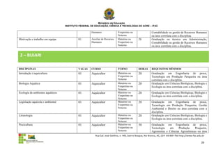 Ministério da Educação
                                  INSTITUTO FEDERAL DE EDUCAÇÃO, CIÊNCIA E TECNOLOGIA DO ACRE – IFAC

                                                    Humanos                Vespertino ou                  Contabilidade ou gestão de Recursos Humanos
                                                                           Noturno                        ou área correlata com a disciplina.
Motivação e trabalho em equipe             01       Auxiliar de Recursos   Matutino ou        20          Graduação ou técnico em Administração,
                                                    Humanos                Vespertino ou                  Contabilidade ou gestão de Recursos Humanos
                                                                           Noturno                        ou área correlata com a disciplina.


 2 – BUJARI

DISCIPLINAS                                VAGAS    CURSO                  TURNO              HORAS       REQUISITOS MÍNIMOS
Introdução à aquicultura                   01       Aquicultor             Matutino ou        20          Graduação em Engenharia de pesca,
                                                                           Vespertino ou                  Tecnologia em Produção Pesqueira ou área
                                                                           Noturno                        correlata com a disciplina.
Biologia Aquática                          01       Aquicultor             Matutino ou        20          Graduação em Ciências Biológicas, Biologia e
                                                                           Vespertino ou                  Ecologia ou área correlata com a disciplina.
                                                                           Noturno
Ecologia de ambientes aquáticos            01       Aquicultor             Matutino ou        20          Graduação em Ciências Biológicas, Biologia e
                                                                           Vespertino ou                  Ecologia ou área correlata com a disciplina.
                                                                           Noturno
Legislação aquícola e ambiental            01       Aquicultor             Matutino ou        20          Graduação em Engenharia de pesca,
                                                                           Vespertino ou                  Tecnologia em Produção Pesqueira, Gestão
                                                                           Noturno                        Ambiental e Direito ou área correlata com a
                                                                                                          disciplina.
Limnologia                                 01       Aquicultor             Matutino ou        20          Graduação em Ciências Biológicas, Biologia e
                                                                           Vespertino ou                  Ecologia ou área correlata com a disciplina.
                                                                           Noturno
Piscicultura                               01       Aquicultor             Matutino ou        50          Graduação em Engenharia de pesca,
                                                                           Vespertino ou                  Tecnologia  em      Produção   Pesqueira,
                                                                           Noturno                        Agronomia e Ciências Agronômicas ou área
                                                       Rua Cel. José Galdino, n. 495, bairro Bosque, Rio Branco, AC, CEP: 69.909-760 http://www.ifac.edu.br

                                                                                                                                                        26
 