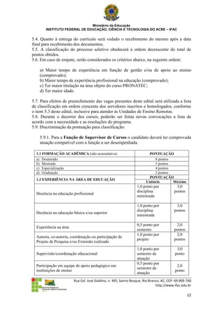 Ministério da Educação
       INSTITUTO FEDERAL DE EDUCAÇÃO, CIÊNCIA E TECNOLOGIA DO ACRE – IFAC

5.4. Quanto à entrega do currículo será vedado o recebimento do mesmo após a data
final para recebimento dos documentos.
5.5. A classificação do processo seletivo obedecerá à ordem decrescente do total de
pontos obtidos.
5.6. Em caso de empate, serão considerados os critérios abaixo, na seguinte ordem:

    a) Maior tempo de experiência em função de gestão e/ou de apoio ao ensino
    (comprovado);
    b) Maior tempo de experiência profissional na educação (comprovado);
    c) Ter maior titulação na área objeto do curso PRONATEC;
    d) Ter maior idade.

5.7. Para efeitos de preenchimento das vagas presentes deste edital será utilizada a lista
de classificação em ordem crescente dos servidores inscritos e homologados, conforme
o item 5.3 deste edital, inclusive para atender às Unidades de Ensino Remotas.
5.8. Durante o decorrer dos cursos, poderão ser feitas novas convocações a lista de
acordo com a necessidade e as resoluções do programa.
5.9. Discriminação da pontuação para classificação:

    5.9.1. Para a Função de Supervisor de Cursos o candidato deverá ter comprovada
    atuação compatível com a função a ser desempenhada.

  1.1 FORMAÇÃO ACADÊMICA (não acumulativa)                              PONTUAÇÃO
  a) Doutorado                                                              8 pontos
  b) Mestrado                                                               5 pontos
  c) Especialização                                                         4 pontos
  d) Graduação                                                              2 pontos
                                                                        PONTUAÇÃO
  1.2 EXPERIÊNCIA NA ÁREA DE EDUCAÇÃO
                                                                       Unitário      Máximo
                                                                 1,0 ponto por            3,0
                                                                 disciplina              pontos
  Docência na educação profissional
                                                                 ministrada

                                                                 1,0 ponto por            3,0
                                                                 disciplina              pontos
  Docência na educação básica e/ou superior
                                                                 ministrada

                                                                 0,5 ponto por            2,0
  Experiência na área
                                                                 semestre                pontos
                                                                 1,0 ponto por            2,0
  Autoria, co-autoria, coordenação ou participação de
                                                                 projeto                 pontos
  Projeto de Pesquisa e/ou Extensão realizado
                                                                 1,0 ponto por             3,0
  Supervisão/coordenação educacional                             semestre de              ponto
                                                                 atuação
                                                                 0,5 ponto por
  Participação em equipe de apoio pedagógico em                                            2,0
                                                                 semestre de
  instituições de ensino                                                                  ponto
                                                                 atuação
                        Rua Cel. José Galdino, n. 495, bairro Bosque, Rio Branco, AC, CEP: 69.909-760
                                                                              http://www.ifac.edu.br

                                                                                                  12
 