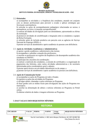 Ministério da Educação
            INSTITUTO FEDERAL DE EDUCAÇÃO, CIÊNCIA E TECNOLOGIA DO ACRE – IFAC



     2.2. Orientador
          a) acompanhar as atividades e a freqüência dos estudantes, atuando em conjunto
          com os demais profissionais para prevenir a evasão e aplicar estratégias que
          favoreçam a permanência;
          b) articular as ações de acompanhamento pedagógico relacionadas ao acesso, à
          permanência, ao êxito e à inserção socioprofissional;
          c) realizar atividades de divulgação junto aos demandantes, apresentando as ofertas
          da instituição;
          d) promover atividades de sensibilização e integração entre os estudantes e equipes
          da Bolsa-Formação;
          e) articular ações de inclusão produtiva em parceria com as agências do Serviço
          Nacional de Emprego (SINE); e;
          f) prestar serviços de atendimento e apoio acadêmico às pessoas com deficiência.

     2.3. Apoio às Atividades Acadêmicas e Administrativas
          a) apoiar a gestão acadêmica e administrativa das turmas;
          b) acompanhar e subsidiar a atuação dos professores;
          c) auxiliar os professores no registro da freqüência e do desempenho acadêmico dos
          estudantes no SISTEC;
          d) participar dos encontros de coordenação;
          e) realizar a matrícula dos estudantes, a emissão de certificados e a organização de
          pagamentos dos bolsistas, entre outras atividades administrativas e de secretaria
          determinadas pelos coordenadores geral e adjunto;
          f) prestar apoio técnico em atividades laboratoriais ou de campo; e
          g) prestar serviços de atendimento e apoio acadêmico às pessoas com deficiência.

     2.4. Apoio de Comunicação Social
          a) acompanhar as ações do Programa em todo o Estado;
          b) registrar as ações das atividades do Programa;
          c) divulgar editais, chamadas e ações referentes ao Programa;
          d) fazer gestão com as mídias locais para divulgações das ações do Programa nos
          municípios;
          e) auxiliar na alimentação de editais e notícias referentes ao Programa no Portal
          online;
          f) elaborar relatório de dados e imagens referentes ao Programa.



     3. DAS VAGAS E DOS REQUISITOS MÍNIMOS

                                            REITORIA
ENCARGOS              VAGAS     PERFIL            TURNO         Carga             REQUISITOS MÍNIMOS
                                                                horária

                            Rua Cel. José Galdino, n. 495, bairro Bosque, Rio Branco, AC, CEP: 69.909-760
                                                                                  http://www.ifac.edu.br

                                                                                                       2
 