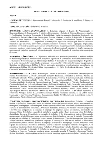 ANEXO I – PROGRAMAS

                                 AUDITOR-FISCAL DO TRABALHO/2009

PROVA 1

LÍNGUA PORTUGUESA: 1. Compreensão Textual. 2. Ortografia. 3. Semântica. 4. Morfologia. 5. Sintaxe. 6.
Pontuação.

ESPANHOL ou INGLÊS: Interpretação de Textos.

RACIOCÍNIO LÓGICO-QUANTITATIVO: 1. Estruturas Lógicas. 2. Lógica de Argumentação. 3.
Diagramas Lógicos. 4. Trigonometria. 5. Matrizes, Determinantes e Solução de Sistemas Lineares. 6. Álgebra.
7. Combinações, Arranjos e Permutação. 8. Probabilidade, Variáveis Aleatórias, Principais Distribuições de
Probabilidade, Estatística Descritiva, Amostragem, Teste de Hipóteses e Análise de Regressão. 9. Geometria
Básica. 10. Juros Simples e Compostos, Taxas de Juros, Desconto, Equivalência de Capitais, Anuidades e
Sistemas de Amortização. 11. Compreensão e elaboração da lógica das situações por meio de: raciocínio
matemático (que envolvam, entre outros, conjuntos numéricos racionais e reais - operações, propriedades,
problemas envolvendo as quatro operações nas formas fracionária e decimal; conjuntos numéricos complexos;
números e grandezas proporcionais; razão e proporção; divisão proporcional; regra de três simples e composta;
porcentagem); raciocínio sequencial; orientação espacial e temporal; formação de conceitos; discriminação de
elementos.

ADMINISTRAÇÃO PÚBLICA: 1. Organização do Estado e da Administração Pública. 2. Modelos teóricos
de Administração Pública: patrimonialista, burocrático e gerencial. 3. Experiências de reformas administrativas.
4. O processo de modernização da Administração Pública. 5. Evolução dos modelos/paradigmas de gestão: a
nova gestão pública. 6. Governabilidade, governança e accountability. 7. Governo eletrônico e transparência. 8.
Qualidade na Administração Pública. 9. Novas tecnologias gerenciais e organizacionais e sua aplicação na
Administração Pública. 10. Gestão Pública empreendedora. 11. Ciclo de Gestão do Governo Federal. 12.
Controle da Administração Pública.

DIREITO CONSTITUCIONAL: 1. Constituição. Conceito. Classificação. Aplicabilidade e Interpretação das
Normas Constitucionais. 2. Poder Constituinte. Conceito, Finalidade, Titularidade e Espécies. Reforma da
Constituição. Cláusulas Pétreas. 3. Supremacia da Constituição. Controle de Constitucionalidade. Sistemas de
Controle de Constitucionalidade. Ação Direta de Inconstitucionalidade. Ação Declaratória de
Constitucionalidade. Arguição de Descumprimento de Preceito Fundamental. 4. Princípios Fundamentais da
Constituição Brasileira. 5. Organização dos Poderes do Estado. Conceito de Poder: Separação, Independência e
Harmonia. 6. Direitos e Garantias Fundamentais: Direitos e Deveres Individuais, Coletivos, Sociais, Políticos e
Nacionalidade. Tutela Constitucional das Liberdades: Mandado de Segurança, Habeas Corpus, Habeas Data,
Ação Popular, Mandado de Injunção e Direito de Petição. Ação Civil Pública. 7. Da Ordem Econômica e
Financeira: Princípios Gerais da Atividade Econômica. Sistema Financeiro Nacional. 8. Da Ordem Social.
Seguridade Social: Conceito, Objetivos e Financiamento. Saúde, Previdência Social e Assistência Social. 9.
Administração Pública: Princípios Constitucionais.

ECONOMIA DO TRABALHO E SOCIOLOGIA DO TRABALHO: Economia do Trabalho: 1. Conceitos
básicos e Definições. População e força de trabalho. População economicamente ativa e sua composição:
empregados, subempregos e desempregados. Rotatividade da Mão-de-obra. Indicadores do mercado de trabalho.
Mercado de trabalho formal e informal. 2. O mercado de trabalho. Demanda por trabalho: o modelo competitivo
e modelos não competitivos, as decisões de emprego das empresas, custos não salariais, elasticidades da
demanda. Oferta de trabalho: a decisão de trabalhar e a opção renda x lazer, a curva de oferta de trabalho,
elasticidades da oferta. O equilíbrio no mercado de trabalho. 3. Os diferenciais de salário. Diferenciação
compensatória. Capital Humano: educação e treinamento. Discriminação no mercado de trabalho. Segmentação
no mercado de trabalho. 4. Desemprego. A taxa natural de desemprego. Tipos de desemprego e suas causas.
Salário eficiência e modelos de procura de emprego. 5. Instituições e mercado de trabalho. A intervenção
governamental: política salarial e políticas de emprego. Assistência ao desemprego. Modelos tradicionais sobre
o papel dos sindicatos e modelo de preferência salarial. Sindicato: monopólio bilateral e monopsônio. 6. O
mercado de trabalho no Brasil. Sociologia do Trabalho: 1. O Conceito de Trabalho. Trabalho: ação, necessidade
e coerção. Exploração e alienação. O trabalho no pensamento clássico. A divisão social do trabalho. 2.
População e Emprego. População, população ativa e população ocupada. 3. Trabalho e Progresso Técnico.
Divisão do trabalho e distribuição de tarefas. Processo de trabalho e organização de trabalho. Trabalho parcial e
 