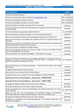 MUNICÍPIO DE CRICIÚMA/SC - Edital de Abertura – Concurso Público nº 01/2024 24/01/2024 19:22 – Rev6
Executora: FUNDATEC – Rua Prof. Cristiano Fischer, 2012, CEP 91530-034, Porto Alegre – RS
Informações: no site www.fundatec.org.br ou pelos fones (51) 3320-1000, para capital e DDD 51
e 0800 035 2000, para interior e outros Estados. 46
ANEXO III – CRONOGRAMA DE EXECUÇÃO
PROCEDIMENTOS DATAS
Publicação do Edital de Abertura 24/01/2024
Período de Inscrições pela internet, através do site www.fundatec.org.br 24/01 a 22/02/2024
Período para impugnação do Edital de Abertura 24/01 a 05/02/2024
Período para Solicitação de Isenção da Taxa de Inscrição 24/01 a 05/02/2024
Edital de Resultado dos Pedidos de Isenção da Taxa de Inscrição 14/02/2024
Período de Recebimento de Recursos Administrativos do Resultado dos Pedidos de Isenção da
Taxa de Inscrição
15/02/2024
Envio das respostas às impugnações do Edital de Abertura 15 a 19/02/2024
Edital de Resultado dos Pedidos de Isenção da Taxa de Inscrição após Recurso 22/02/2024
Último dia para entrega do Comprovante de participação como jurado em Tribunal do Júri 23/02/2024
Último dia para entrega do Laudo Médico dos candidatos inscritos nas cotas das Pessoas com
Deficiência 23/02/2024
Último dia para entrega do Laudo Médico e Documentos Complementares dos candidatos que
solicitaram atendimento especial para o dia de prova 23/02/2024
Último dia para efetuar o Pagamento do Boleto Bancário 23/02/2024
Último dia para alteração das fotos que não foram aceitas, ou seja, que não estão de acordo
para fins de identificação no dia de prova 23/02/2024
Edital de Publicação das Inscrições Homologadas – Lista Preliminar de Inscritos 01/03/2024
Período de Recursos Administrativos do Homologação Preliminar das Inscrições, Período de
Solicitação de Correção de Dados Cadastrais e Formulário Online – Comprovação de Laudo
Médico e/ou Atendimento Especial para recurso
04 a 06/03/2024
Edital de Publicação das Inscrições Homologadas – Lista Definitiva de Inscritos após análise
dos recursos 13/03/2024
Divulgação da Densidade de Inscritos por cargo 13/03/2024
Edital de Data, Hora e Local das Provas Teórico-Objetivas 15/03/2024
Consulta de Data, Hora e Local das Provas Teórico-Objetivas no site da FUNDATEC 15/03/2024
Aplicação das Provas Teórico-Objetivas – data provável – TURNO MANHÃ
24/03/2024
Aplicação das Provas Teórico-Objetivas – data provável – TURNO TARDE
Divulgação dos Gabaritos Preliminares das Provas Teórico-Objetivas 25/03/2024
Publicação dos Modelos de Provas Teórico-Objetivas aplicadas 25/03/2024
Período de Recebimento de Recursos Administrativos dos Gabaritos Preliminares das Provas
Teórico-Objetivas
26 a 28/03/2024
Último dia para envio das documentações de Atendimentos Especiais intempestivos,
Identificação Especial e correções de dados cadastrais, através do Formulário Online
01/04/2024
Divulgação dos Gabaritos Definitivos das Provas Teórico-Objetivas 09/04/2024
Divulgação das Justificativas para Manutenção/Alteração dos Gabaritos Preliminares das
Provas Teórico-Objetivas
09/04/2024
 