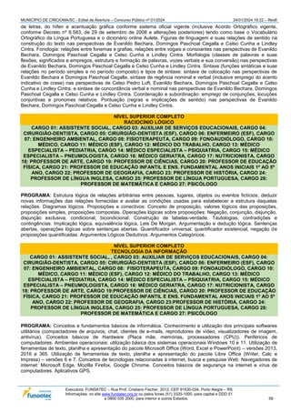MUNICÍPIO DE CRICIÚMA/SC - Edital de Abertura – Concurso Público nº 01/2024 24/01/2024 19:22 – Rev6
Executora: FUNDATEC – Rua Prof. Cristiano Fischer, 2012, CEP 91530-034, Porto Alegre – RS
Informações: no site www.fundatec.org.br ou pelos fones (51) 3320-1000, para capital e DDD 51
e 0800 035 2000, para interior e outros Estados. 58
de letras, do hífen e acentuação gráfica conforme sistema oficial vigente (inclusive Acordo Ortográfico vigente,
conforme Decreto nº 6.583, de 29 de setembro de 2008 e alterações posteriores) tendo como base o Vocabulário
Ortográfico da Língua Portuguesa e o dicionário online Aulete. Figuras de linguagem e suas relações de sentido na
construção do texto nas perspectivas de Evanildo Bechara, Domingos Paschoal Cegalla e Celso Cunha e Lindley
Cintra. Fonologia: relações entre fonemas e grafias, relações entre vogais e consoantes nas perspectivas de Evanildo
Bechara, Domingos Paschoal Cegalla e Celso Cunha e Lindley Cintra. Morfologia (classes de palavras e suas
flexões, significados e empregos, estrutura e formação de palavras, vozes verbais e sua conversão) nas perspectivas
de Evanildo Bechara, Domingos Paschoal Cegalla e Celso Cunha e Lindley Cintra. Sintaxe (funções sintáticas e suas
relações no período simples e no período composto) e tipos de sintaxe: sintaxe de colocação nas perspectivas de
Evanildo Bechara e Domingos Paschoal Cegalla, sintaxe de regência nominal e verbal (inclusive emprego do acento
indicativo de crase) nas perspectivas de Celso Pedro Luft, Evanildo Bechara, Domingos Paschoal Cegalla e Celso
Cunha e Lindley Cintra, e sintaxe de concordância verbal e nominal nas perspectivas de Evanildo Bechara, Domingos
Paschoal Cegalla e Celso Cunha e Lindley Cintra. Coordenação e subordinação: emprego de conjunções, locuções
conjuntivas e pronomes relativos. Pontuação (regras e implicações de sentido) nas perspectivas de Evanildo
Bechara, Domingos Paschoal Cegalla e Celso Cunha e Lindley Cintra.
NÍVEL SUPERIOR COMPLETO
RACIOCÍNIO LÓGICO
CARGO 01: ASSISTENTE SOCIAL, CARGO 03: AUXILIAR DE SERVIÇOS EDUCACIONAIS, CARGO 04:
CIRURGIÃO-DENTISTA, CARGO 05: CIRURGIÃO-DENTISTA (ESF), CARGO 06: ENFERMEIRO (ESF), CARGO
07: ENGENHEIRO AMBIENTAL, CARGO 08: FISIOTERAPEUTA, CARGO 09: FONOAUDIÓLOGO, CARGO 10:
MÉDICO, CARGO 11: MÉDICO (ESF), CARGO 12: MÉDICO DO TRABALHO, CARGO 13: MÉDICO
ESPECIALISTA – PEDIATRIA, CARGO 14: MÉDICO ESPECIALISTA – PSIQUIATRIA, CARGO 15: MÉDICO
ESPECIALISTA – PNEUMOLOGISTA, CARGO 16: MÉDICO GERIATRA, CARGO 17: NUTRICIONISTA, CARGO
18: PROFESSOR DE ARTE, CARGO 19: PROFESSOR DE CIÊNCIAS, CARGO 20: PROFESSOR DE EDUCAÇÃO
FÍSICA, CARGO 21: PROFESSOR DE EDUCAÇÃO INFANTIL E ENS. FUNDAMENTAL ANOS INICIAIS 1º AO 5º
ANO, CARGO 22: PROFESSOR DE GEOGRAFIA, CARGO 23: PROFESSOR DE HISTÓRIA, CARGO 24:
PROFESSOR DE LÍNGUA INGLESA, CARGO 25: PROFESSOR DE LÍNGUA PORTUGUESA, CARGO 26:
PROFESSOR DE MATEMÁTICA E CARGO 27: PSICÓLOGO
PROGRAMA: Estrutura lógica de relações arbitrárias entre pessoas, lugares, objetos ou eventos fictícios; deduzir
novas informações das relações fornecidas e avaliar as condições usadas para estabelecer a estrutura daquelas
relações. Diagramas lógicos. Proposições e conectivos: Conceito de proposição, valores lógicos das proposições,
proposições simples, proposições compostas. Operações lógicas sobre proposições: Negação, conjunção, disjunção,
disjunção exclusiva, condicional, bicondicional. Construção de tabelas-verdade. Tautologias, contradições e
contingências. Implicação lógica, equivalência lógica, Leis De Morgan. Argumentação e dedução lógica. Sentenças
abertas, operações lógicas sobre sentenças abertas. Quantificador universal, quantificador existencial, negação de
proposições quantificadas. Argumentos Lógicos Dedutivos. Argumentos Categóricos.
NÍVEL SUPERIOR COMPLETO
TECNOLOGIA DA INFORMAÇÃO
CARGO 01: ASSISTENTE SOCIAL, , CARGO 03: AUXILIAR DE SERVIÇOS EDUCACIONAIS, CARGO 04:
CIRURGIÃO-DENTISTA, CARGO 05: CIRURGIÃO-DENTISTA (ESF), CARGO 06: ENFERMEIRO (ESF), CARGO
07: ENGENHEIRO AMBIENTAL, CARGO 08: FISIOTERAPEUTA, CARGO 09: FONOAUDIÓLOGO, CARGO 10:
MÉDICO, CARGO 11: MÉDICO (ESF), CARGO 12: MÉDICO DO TRABALHO, CARGO 13: MÉDICO
ESPECIALISTA – PEDIATRIA, CARGO 14: MÉDICO ESPECIALISTA – PSIQUIATRIA, CARGO 15: MÉDICO
ESPECIALISTA – PNEUMOLOGISTA, CARGO 16: MÉDICO GERIATRA, CARGO 17: NUTRICIONISTA, CARGO
18: PROFESSOR DE ARTE, CARGO 19:PROFESSOR DE CIÊNCIAS, CARGO 20: PROFESSOR DE EDUCAÇÃO
FÍSICA, CARGO 21: PROFESSOR DE EDUCAÇÃO INFANTIL E ENS. FUNDAMENTAL ANOS INICIAIS 1º AO 5º
ANO, CARGO 22: PROFESSOR DE GEOGRAFIA, CARGO 23:PROFESSOR DE HISTÓRIA, CARGO 24:
PROFESSOR DE LÍNGUA INGLESA, CARGO 25: PROFESSOR DE LÍNGUA PORTUGUESA, CARGO 26:
PROFESSOR DE MATEMÁTICA E CARGO 27: PSICÓLOGO
PROGRAMA: Conceitos e fundamentos básicos de informática. Conhecimento e utilização dos principais softwares
utilitários (compactadores de arquivos, chat, clientes de e-mails, reprodutores de vídeo, visualizadores de imagem,
antivírus). Conceitos básicos de Hardware (Placa mãe, memórias, processadores (CPU)). Periféricos de
computadores. Ambientes operacionais: utilização básica dos sistemas operacionais Windows 10 e 11. Utilização de
ferramentas de texto, planilha e apresentação do pacote Microsoft Office (Word, Excel e PowerPoint) – versões 2013,
2016 e 365. Utilização de ferramentas de texto, planilha e apresentação do pacote Libre Office (Writer, Calc e
Impress) – versões 6 e 7. Conceitos de tecnologias relacionadas à internet, busca e pesquise Web. Navegadores de
internet: Microsoft Edge, Mozilla Firefox, Google Chrome. Conceitos básicos de segurança na internet e vírus de
computadores. Aplicativos GPS.
 