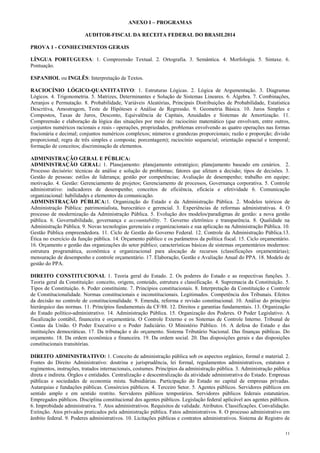 11
ANEXO I – PROGRAMAS
AUDITOR-FISCAL DA RECEITA FEDERAL DO BRASIL2014
PROVA 1 - CONHECIMENTOS GERAIS
LÍNGUA PORTUGUESA: 1. Compreensão Textual. 2. Ortografia. 3. Semântica. 4. Morfologia. 5. Sintaxe. 6.
Pontuação.
ESPANHOL ou INGLÊS: Interpretação de Textos.
RACIOCÍNIO LÓGICO-QUANTITATIVO: 1. Estruturas Lógicas. 2. Lógica de Argumentação. 3. Diagramas
Lógicos. 4. Trigonometria. 5. Matrizes, Determinantes e Solução de Sistemas Lineares. 6. Álgebra. 7. Combinações,
Arranjos e Permutação. 8. Probabilidade, Variáveis Aleatórias, Principais Distribuições de Probabilidade, Estatística
Descritiva, Amostragem, Teste de Hipóteses e Análise de Regressão. 9. Geometria Básica. 10. Juros Simples e
Compostos, Taxas de Juros, Desconto, Equivalência de Capitais, Anuidades e Sistemas de Amortização. 11.
Compreensão e elaboração da lógica das situações por meio de: raciocínio matemático (que envolvam, entre outros,
conjuntos numéricos racionais e reais - operações, propriedades, problemas envolvendo as quatro operações nas formas
fracionária e decimal; conjuntos numéricos complexos; números e grandezas proporcionais; razão e proporção; divisão
proporcional; regra de três simples e composta; porcentagem); raciocínio sequencial; orientação espacial e temporal;
formação de conceitos; discriminação de elementos.
ADMINISTRAÇÃO GERAL E PÚBLICA:
ADMINISTRAÇÃO GERAL: 1. Planejamento: planejamento estratégico; planejamento baseado em cenários. 2.
Processo decisório: técnicas de análise e solução de problemas; fatores que afetam a decisão; tipos de decisões. 3.
Gestão de pessoas: estilos de liderança; gestão por competências; Avaliação de desempenho; trabalho em equipe;
motivação. 4. Gestão: Gerenciamento de projetos; Gerenciamento de processos, Governança corporativa. 5. Controle
administrativo: indicadores de desempenho; conceitos de eficiência, eficácia e efetividade 6. Comunicação
organizacional: habilidades e elementos da comunicação.
ADMINISTRAÇÃO PÚBLICA:1. Organização do Estado e da Administração Pública. 2. Modelos teóricos de
Administração Pública: patrimonialista, burocrático e gerencial. 3. Experiências de reformas administrativas. 4. O
processo de modernização da Administração Pública. 5. Evolução dos modelos/paradigmas de gestão: a nova gestão
pública. 6. Governabilidade, governança e accountability. 7. Governo eletrônico e transparência. 8. Qualidade na
Administração Pública. 9. Novas tecnologias gerenciais e organizacionais e sua aplicação na Administração Pública. 10.
Gestão Pública empreendedora. 11. Ciclo de Gestão do Governo Federal. 12. Controle da Administração Pública.13.
Ética no exercício da função pública. 14. Orçamento público e os parâmetros da política fiscal. 15. Ciclo orçamentário.
16. Orçamento e gestão das organizações do setor público; características básicas de sistemas orçamentários modernos:
estrutura programática, econômica e organizacional para alocação de recursos (classificações orçamentárias);
mensuração de desempenho e controle orçamentário. 17. Elaboração, Gestão e Avaliação Anual do PPA. 18. Modelo de
gestão do PPA.
DIREITO CONSTITUCIONAL 1. Teoria geral do Estado. 2. Os poderes do Estado e as respectivas funções. 3.
Teoria geral da Constituição: conceito, origens, conteúdo, estrutura e classificação. 4. Supremacia da Constituição. 5.
Tipos de Constituição. 6. Poder constituinte. 7. Princípios constitucionais. 8. Interpretação da Constituição e Controle
de Constitucionalidade. Normas constitucionais e inconstitucionais. Legitimados. Competência dos Tribunais. Efeitos
da decisão no controle de constitucionalidade. 9. Emenda, reforma e revisão constitucional. 10. Análise do princípio
hierárquico das normas. 11. Princípios fundamentais da CF/88. 12. Direitos e garantias fundamentais. 13. Organização
do Estado político-administrativo. 14. Administração Pública. 15. Organização dos Poderes. O Poder Legislativo. A
fiscalização contábil, financeira e orçamentária. O Controle Externo e os Sistemas de Controle Interno. Tribunal de
Contas da União. O Poder Executivo e o Poder Judiciário. O Ministério Público. 16. A defesa do Estado e das
instituições democráticas. 17. Da tributação e do orçamento. Sistema Tributário Nacional. Das finanças públicas. Do
orçamento. 18. Da ordem econômica e financeira. 19. Da ordem social. 20. Das disposições gerais e das disposições
constitucionais transitórias.
DIREITO ADMINISTRATIVO: 1. Conceito de administração pública sob os aspectos orgânico, formal e material. 2.
Fontes do Direito Administrativo: doutrina e jurisprudência, lei formal, regulamentos administrativos, estatutos e
regimentos, instruções, tratados internacionais, costumes. Princípios da administração pública. 3. Administração pública
direta e indireta. Órgãos e entidades. Centralização e descentralização da atividade administrativa do Estado. Empresas
públicas e sociedades de economia mista. Subsidiárias. Participação do Estado no capital de empresas privadas.
Autarquias e fundações públicas. Consórcios públicos. 4. Terceiro Setor. 5. Agentes públicos. Servidores públicos em
sentido amplo e em sentido restrito. Servidores públicos temporários. Servidores públicos federais estatutários.
Empregados públicos. Disciplina constitucional dos agentes públicos. Legislação federal aplicável aos agentes públicos.
6. Improbidade administrativa. 7. Atos administrativos. Requisitos de validade. Atributos. Classificações. Convalidação.
Extinção. Atos privados praticados pela administração pública. Fatos administrativos. 8. O processo administrativo em
âmbito federal. 9. Poderes administrativos. 10. Licitações públicas e contratos administrativos. Sistema de Registro de
 
